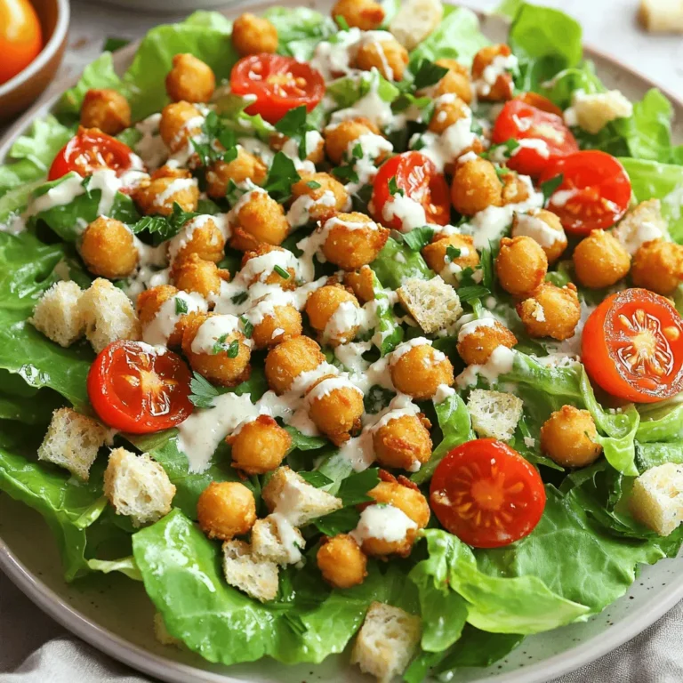 - 1 can (15 oz) chickpeas, drained and rinsed - 4 cups romaine lettuce, chopped - 1/2 cup cherry tomatoes, halved - 1/4 cup Parmesan cheese, shaved For this salad, chickpeas are the star. They add protein and crunch. Romaine lettuce gives a fresh and crisp base. Cherry tomatoes bring sweetness and color. Don't forget the Parmesan cheese; it adds richness. - 1/4 cup Caesar dressing (store-bought or homemade) - 2 tablespoons olive oil - 1 teaspoon smoked paprika - 1 teaspoon garlic powder - Salt and pepper to taste You can choose between store-bought or homemade Caesar dressing. Homemade dressing can be simple and fresh. Olive oil adds richness, while smoked paprika and garlic powder provide flavor. Season with salt and pepper to enhance taste. - Croutons (optional, for added crunch) - Fresh parsley, chopped (for garnish) Croutons are great for extra crunch. You can buy them or make them at home. Fresh parsley adds a pop of color and flavor. These add-ins make the salad even better. Try this recipe for a fresh and tasty meal: [Full Recipe]. 1. First, preheat your oven to 400°F (200°C). This heat will make the chickpeas crispy. 2. In a bowl, toss 1 can of drained chickpeas with: - 2 tablespoons olive oil - 1 teaspoon smoked paprika - 1 teaspoon garlic powder - Salt and pepper to taste Mix well until the chickpeas are coated evenly. This seasoning adds great flavor. 3. Spread the seasoned chickpeas on a baking sheet in one layer. Bake for 25-30 minutes. Stir them halfway through to cook evenly. Watch for a golden brown color. 1. While the chickpeas roast, grab a large salad bowl. Add 4 cups of chopped romaine lettuce and 1/2 cup of halved cherry tomatoes. 2. Drizzle 1/4 cup of Caesar dressing over the salad. Toss gently to coat the greens. This adds a creamy, tangy flavor. 1. Once the chickpeas are done, take them out of the oven. Let them cool for a minute. Then, add them to the salad. 2. Top the salad with 1/4 cup of shaved Parmesan cheese. Sprinkle with fresh chopped parsley for a pop of color. 3. If you like extra crunch, add croutons. Serve the salad right away while the chickpeas are warm and crispy. This salad blends crunchy, creamy, and fresh flavors for a delightful meal. If you want the full recipe, check out the detailed steps above. To get the perfect crunch on your chickpeas, start by drying them well. Pat them with a paper towel after rinsing. Moisture can make them soggy, so this step is key. When you toss the chickpeas with olive oil, ensure they are well-coated. This helps them crisp up evenly. For seasoning, try different spices. Besides smoked paprika and garlic powder, consider adding cumin or chili powder for a kick. You can also use lemon zest for a fresh twist. Just remember to keep the seasoning balanced. Too much can overpower your salad. You can prep some salad components ahead of time. Chop the romaine and halve the cherry tomatoes a day in advance. Keep them in airtight containers in the fridge. This saves time and makes assembly easy. Store the chickpeas in a separate container. They will stay crispy longer this way. If you make your dressing, keep it in a jar. Just shake it before using. This keeps all flavors fresh. Pair this salad with grilled chicken or shrimp for added protein. You can also serve it with a side of garlic bread. The flavors complement each other well. For gatherings, use a large bowl for serving. Layer the salad with chickpeas on top. This looks great and keeps them crunchy. Add some fresh parsley for color. It makes the dish pop and adds a nice touch. {{image_2}} You can boost your salad's protein by adding grilled chicken or shrimp. Both options pair nicely with the crispy chickpeas. Just grill the chicken breast or shrimp until cooked through. Slice or toss them into your salad for extra flavor and heartiness. If you prefer a vegan option, try adding tofu or tempeh. You can marinate them in your favorite spices and bake or pan-fry until golden. This will add texture and protein, making your salad more filling. While Caesar dressing is classic, you can try different homemade dressing ideas. A simple lemon-tahini dressing adds a bright, nutty flavor. Blend together tahini, lemon juice, garlic, and a splash of water for a creamy, tangy twist. If you want to enhance store-bought Caesar dressing, add garlic powder or a squeeze of lemon juice. This makes it taste fresher and more vibrant. You can also mix in some chopped fresh herbs like basil or parsley for added flavor. The base of your salad doesn’t have to be just romaine. You can use different greens like kale, spinach, or arugula. Each green brings its own flavor and texture, making it fun to experiment. Incorporate grains or beans for extra nutrition. Quinoa or farro adds a chewy texture and makes your salad heartier. Black beans or kidney beans are also great additions, providing more protein and fiber. Try out different combinations to find your favorite mix. To keep your crispy chickpea Caesar salad fresh, store it in an airtight container. Place it in the fridge right after serving. This method helps maintain flavor and texture. Avoid mixing the chickpeas with the salad if you plan to store leftovers. Instead, keep them separate. This keeps the chickpeas crispy. The dressing can also make the greens soggy, so store it on the side. Chickpeas can be frozen, but the texture changes. If you want to freeze them, do so before cooking. Rinse and drain the chickpeas, then spread them on a baking sheet. Freeze until solid, then transfer to a bag. You can freeze the salad components too, but it’s best to freeze items like tomatoes separately. They lose their crunch once thawed. The prepared salad lasts about three days in the fridge. After that, the quality drops. Look for signs of spoilage like slimy lettuce or off-smelling dressing. If you see any changes, it's best to toss it. Enjoy your salad at its peak freshness! For the full recipe, check out the Crispy Chickpea Caesar Salad. To make chickpeas crispy, start with dried chickpeas or canned ones. If using dried, soak them overnight and cook until tender. For canned chickpeas, drain and rinse them well. Then pat them dry with a towel. This step is key for crunch. Toss the chickpeas in olive oil and your favorite spices. I like smoked paprika and garlic powder. Spread them on a baking sheet in a single layer. Bake at 400°F (200°C) for 25 to 30 minutes. Stir them halfway through for even crispiness. The result? Perfectly crunchy chickpeas that add great texture to your salad. Yes, you can easily make Caesar dressing at home. For a simple version, gather these basic ingredients: - 1/2 cup mayonnaise - 2 tablespoons lemon juice - 1 teaspoon Worcestershire sauce - 1 garlic clove, minced - 1/4 cup grated Parmesan cheese - Salt and pepper to taste Combine all the ingredients in a bowl. Whisk until smooth. Taste and adjust the seasoning as needed. This homemade dressing is creamy and bold. It makes your salad shine! Absolutely! This salad is perfect for meal prep. To make it in advance, store the components separately. Keep the crispy chickpeas in a sealed container. The greens should stay washed and chopped in the fridge. This keeps them fresh. You can mix the chickpeas with the salad just before serving. If you want to maintain the crunch, add the dressing right before you eat. This way, your salad remains fresh and delicious for days. This blog post guided you through creating a tasty salad. We covered key ingredients, like chickpeas and romaine lettuce, and explored dressing options. I shared steps to prepare and assemble the salad, plus tips for crispy chickpeas and serving suggestions. Try new variations to diversify your meals. Keep leftovers fresh and enjoy every bite. With these tips, you can make a salad that’s both easy and delicious. Dive in and impress everyone with your creation!