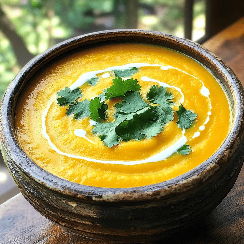 To make this delicious soup, you will need: - 1 medium butternut squash, peeled and cubed - 1 tablespoon olive oil - 1 onion, diced - 2 garlic cloves, minced - 2 carrots, diced - 4 cups vegetable broth - 1 teaspoon ground ginger - 1 teaspoon ground cinnamon - 1 cup coconut milk (canned) - Salt and pepper to taste - Fresh herbs for garnish (such as parsley or cilantro) You can swap items based on what you have. If you don’t have olive oil, use canola or avocado oil. For the vegetable broth, water works in a pinch, but broth adds more flavor. If you want less fat, use almond milk instead of coconut milk. You can also skip the ginger or cinnamon if you prefer a simpler taste. Look for a squash that feels heavy for its size. The skin should be a deep tan color and free from soft spots. A firm squash indicates that it's fresh. If you can, pick one with a long neck. This gives you more flesh to work with and less seed-filled cavity. To start, gather your ingredients. You need a medium butternut squash, olive oil, onion, garlic, carrots, vegetable broth, ground ginger, ground cinnamon, coconut milk, salt, and pepper. 1. Heat 1 tablespoon of olive oil in a large pot over medium heat. 2. Add the diced onion. Sauté it until it looks clear and soft, about 5 minutes. 3. Next, mix in the minced garlic and diced carrots. Cook them for 2-3 minutes until you smell their aroma. 4. Now, add the cubed butternut squash, vegetable broth, ground ginger, and ground cinnamon. Bring this mix to a boil. Then, turn down the heat and let it simmer for about 20 minutes. The squash should be tender when done. 5. For the next step, use an immersion blender to puree the soup until it is smooth. If you don’t have one, pour the soup into a regular blender in batches. 6. Stir in 1 cup of coconut milk and gently heat the soup again until warm. Add salt and pepper to taste. 7. Serve it hot and garnish with fresh herbs like parsley or cilantro. Using an immersion blender is easy. You can blend the soup right in the pot. This saves time and reduces mess. Hold the blender at the bottom of the pot. Move it slowly up and down until the soup is smooth. If you use a regular blender, be careful. Always let the soup cool a bit first. Fill the blender halfway to avoid spills. Blend in small batches for safety. You want your butternut squash to be very soft. This means it should mash easily with a fork. The soup should look thick and creamy after blending. If it feels too thick, add more vegetable broth. For a chunkier texture, blend just half of the soup. Keep some pieces of squash for a fun bite! To make your soup shine, try adding spices. Ground coriander adds a nice twist. A pinch of nutmeg brings warmth. For a hint of heat, add cayenne pepper. Fresh herbs, like thyme or sage, elevate the taste too. You can also add a squeeze of lime for a fresh kick. These little additions can make a big difference. This soup pairs well with crusty bread. A side salad adds freshness and crunch. For a fun twist, serve it in a bread bowl. You can also top the soup with roasted seeds for crunch. Drizzling a bit of balsamic glaze adds a lovely touch. Each option adds flavor and makes the meal more exciting. If you prefer a chunky soup, don't blend all of it. Save some cooked squash to stir in later. For a smoother texture, blend until creamy. You can also add more coconut milk for a richer feel. If the soup is too thick, add a bit more broth. Adjusting texture is easy and fun to do! {{image_2}} You can easily change the taste of the soup. Try using pumpkin instead of butternut squash. Pumpkin gives a nice, sweet flavor. Sweet potatoes work well too. They add creaminess and a hint of sweetness. Both options blend smoothly and taste great. Want to make this soup heartier? Add beans or lentils. Chickpeas are a great choice. They add protein and a lovely texture. Green or brown lentils also work well. Just cook them until soft and blend them into the soup. This will make your soup filling and nutritious. If you like heat, spice up your soup! Add chili powder or cayenne pepper. Start with a small amount, then taste it. You can add more if you want it hotter. For a fresh kick, toss in jalapeños or crushed red pepper. Each option gives your soup a bold flavor. Try these variations to make the Vegan Creamy Butternut Squash Soup your own. For the full recipe, check out the Vegan Creamy Butternut Squash Soup recipe. To keep your vegan creamy butternut squash soup fresh, let it cool first. Use airtight containers to store the soup in the fridge. This helps keep moisture and flavor locked in. The soup will stay good for about 3 to 5 days in the fridge. If you want it to last longer, freezing is a great option. When you reheat the soup, do it slowly. Use low heat on the stove or microwave. Stir it often to keep it from sticking. If the soup seems thick, add a splash of vegetable broth or water. This helps regain that creamy texture. Taste it again and add salt or pepper if needed. For freezing, use freezer-safe containers. Pour the cooled soup into them, leaving space at the top. This allows the soup to expand. It can last up to 3 months in the freezer. When you're ready to eat, thaw it in the fridge overnight. Reheat it gently afterward, and enjoy your delicious soup again. You can find the full recipe for this tasty soup to make the most of your leftovers. The best way to make this soup is to follow the steps in the Full Recipe. Start by heating olive oil in a pot. Add onion and cook until soft. Then, mix in garlic and carrots for a few minutes. Next, add the butternut squash, broth, ginger, and cinnamon. Bring it to a boil, then simmer until soft. Finally, blend until creamy and stir in coconut milk. This soup can last in the fridge for about 4 to 5 days. Store it in an airtight container to keep it fresh. If you want to keep it longer, consider freezing it. Yes, you can make this recipe in advance. It tastes great when made a day ahead. Just store it properly in the fridge. When you are ready to eat, reheat it on the stove. Butternut squash is full of vitamins and minerals. It contains vitamin A, which helps your eyes. It is also rich in fiber, which aids digestion. Plus, it has antioxidants that can boost your immune system. Enjoy this healthy ingredient in your meals! This guide covered everything you need for Vegan Creamy Butternut Squash Soup. You learned about essential ingredients, cooking steps, and tips to enhance flavor. We also explored variations to change the soup's taste and how to store it for later. In making this soup, you can enjoy a tasty, healthy meal. Experiment with the flavors and share it with others. Enjoy your cooking journey!