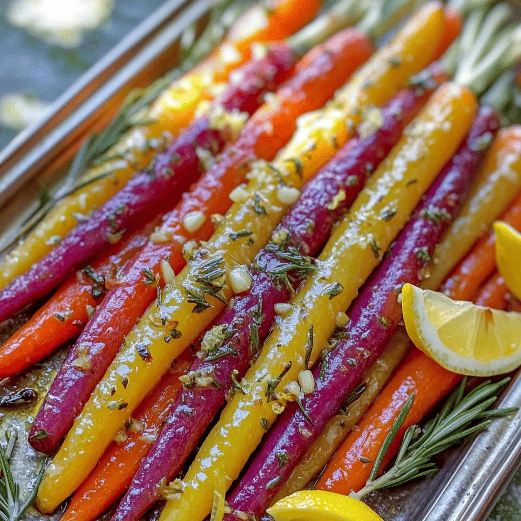 - 1 pound rainbow carrots, peeled and cut into uniform sticks - 4 cloves garlic, minced - 2 tablespoons fresh rosemary, finely chopped - 1 tablespoon fresh thyme, finely chopped - 3 tablespoons olive oil - Salt and pepper to taste - Zest of 1 lemon - Juice of 1 lemon Gathering the right ingredients is key. Rainbow carrots add color and sweetness. Garlic gives a rich flavor. Fresh rosemary and thyme bring a lovely aroma. Lemon zest and juice brighten the dish. Olive oil helps everything roast nicely. Don’t forget salt and pepper to boost all the flavors. - Baking sheet - Parchment paper - Mixing bowl Using the right tools makes cooking easier. A baking sheet helps the carrots roast evenly. Parchment paper prevents sticking and makes cleanup a breeze. A mixing bowl is perfect for combining all the ingredients. - Additional fresh herbs - Lemon wedges Garnishes can elevate your dish. Extra fresh herbs add a pop of color and fresh taste. Lemon wedges give a nice touch when serving. These simple additions make your carrots look and taste even better. For the full recipe, check the mentioned details above. - Preheat the oven to 425°F (220°C). - Prepare a baking sheet with parchment paper. Start by setting your oven to a hot temperature. This helps the carrots roast well. While the oven heats, grab a baking sheet and line it with parchment paper. This makes cleanup easy and keeps the carrots from sticking. - Combine carrots, garlic, herbs, and oil in a bowl. - Season with salt and pepper. Next, take your rainbow carrots and chop them into sticks. Put them in a large bowl. Add minced garlic, chopped rosemary, and thyme. Pour in the olive oil, then add salt and pepper. Mix it all together well. You want the carrots to be fully covered in the tasty blend. - Spread carrots on the baking sheet in a single layer. - Roast for 25-30 minutes, stirring halfway through. Now, spread the carrots evenly on your baking sheet. Make sure they are in a single layer so they roast properly. Place them in the preheated oven and set a timer for 25 to 30 minutes. Halfway through, give the carrots a stir. This helps them cook evenly and get nice and caramelized. For the full recipe, check out the details to ensure you get every step just right. To get the best results with your Garlic Herb Roasted Rainbow Carrots, start by cutting the carrots uniformly. This helps them cook evenly. If some pieces are larger, they will take longer to roast. You want a nice, tender bite for each carrot. Stir the carrots occasionally during roasting. This promotes caramelization, giving them a lovely golden color and a sweet flavor. Want to add a twist? Try adding a drizzle of honey or balsamic vinegar. This brings a sweet contrast to the garlic and herbs. You can also experiment with different herbs. Fresh parsley or oregano can change the dish's flavor profile. Feel free to mix and match, based on what you enjoy most. Serve these roasted carrots warm as a delightful side dish. They pair well with meats, enhancing the meal's flavors. You can also include them in a vegetarian platter, making your spread colorful and inviting. For more ideas on how to enjoy these carrots, check out the Full Recipe for additional serving tips. {{image_2}} You can change the flavor of your garlic herb roasted rainbow carrots easily. Try using different herbs like dill or cilantro. Both add a fresh twist. If you want a bit of heat, sprinkle in some cumin or paprika. These spices will give the dish a new life and depth. To make this dish even more vibrant, mix in other root veggies. Parsnips add a sweet taste, while beets bring a beautiful color. You can also use colorful baby carrots. Their petite size makes them cute and appealing on the plate. This variety not only pleases the eye but also the palate. If you follow a vegan diet, switch to plant-based oils. Olive oil works great, but you can try avocado oil too. If you need to cut back on salt, use low-sodium seasonings instead. This way, everyone can enjoy this tasty dish without worry. For the full recipe, check out the detailed instructions above. To store leftovers, place the roasted carrots in an airtight container. Make sure they cool completely before sealing. You can keep them in the fridge for up to five days. This way, you enjoy the great taste for a while. When you want to reheat, use the oven for the best results. Preheat it to 350°F (175°C). Place the carrots on a baking sheet and heat for about 10-15 minutes. This keeps the flavor and texture just right. You can also add them to salads or grain bowls. They make a great topping! Yes, you can freeze roasted carrots! To do this, let them cool completely. Spread them on a baking sheet in a single layer and freeze for 1-2 hours. Once frozen, transfer to a freezer bag. This method helps prevent clumping. To defrost, place in the fridge overnight or heat directly from the freezer. Always remember to check the texture before serving. Enjoy your Garlic Herb Roasted Rainbow Carrots later with ease! Garlic herb roasted rainbow carrots shine next to many dishes. They pair well with: - Roasted chicken or turkey - Grilled fish for a fresh taste - Quinoa salad for a hearty meal - Herb-crusted pork for a savory touch These sides bring out the carrots' sweet and earthy notes. Each option adds layers of flavor. Yes, you can use regular carrots. They will still taste great. Rainbow carrots add a fun pop of color. However, standard carrots work just fine. - Both types have similar flavors. - Just cut them into uniform sticks for even cooking. To add heat, try these simple tips: - Mix in a pinch of cayenne pepper. - Add crushed red pepper flakes for a kick. - Drizzle with a spicy chili oil before roasting. These additions will spice up the flavor without overpowering the dish. If you lack rosemary or thyme, don’t worry! Here are some great alternatives: - Oregano gives a warm, earthy taste. - Dill adds a fresh, bright note. - Basil can bring a sweet, aromatic flavor. Feel free to mix and match herbs based on your taste! Roasting rainbow carrots is simple and delicious. You’ve learned about tasty ingredients like garlic and herbs. The step-by-step process makes it easy to roast them perfectly. Tips showed you ways to enhance the flavor and serve them well. Remember, you can customize your carrots with spices or other veggies. This dish is not only colorful but also nutritious. Enjoy your roasted carrots as a side or part of a dish. Now, get cooking and enjoy the vibrant flavors!