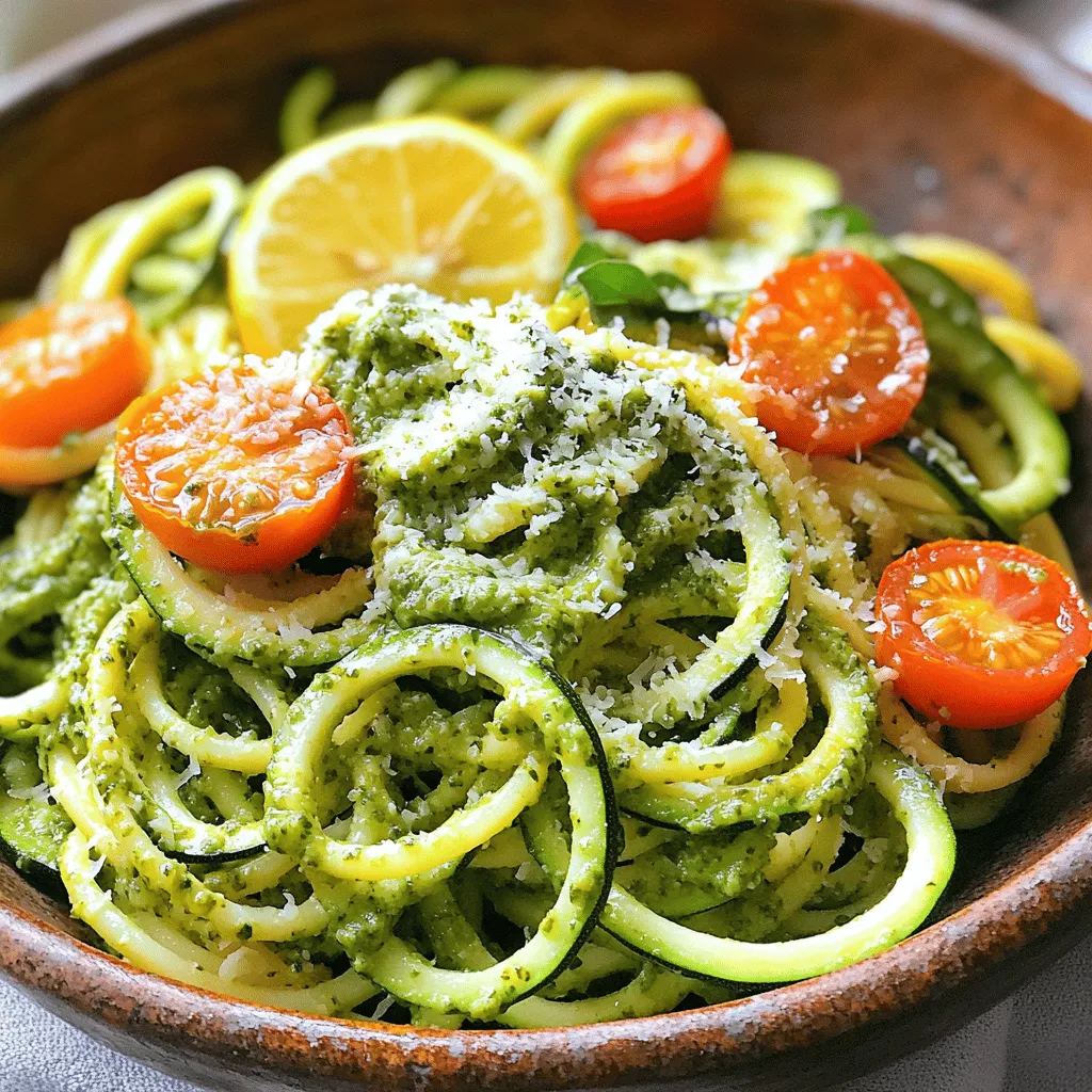 - 8 oz (225 g) spaghetti or pasta of choice - 2 medium zucchinis, spiralized or sliced into thin ribbons - 1 cup fresh basil leaves - 1/4 cup pine nuts (or walnuts) - 1/4 cup grated Parmesan cheese (or nutritional yeast for a vegan option) - 2 cloves garlic, minced - 1/4 cup extra virgin olive oil - Salt and pepper to taste - Cherry tomatoes, halved (for garnish) - Lemon zest for garnish For this dish, you can choose different types of pasta. Spaghetti works great, but you can also use gluten-free pasta. The zucchini can be spiralized for a fun texture or sliced into ribbons for a more classic look. Both options taste great with the pesto. The key ingredients for the basil pesto are fresh basil leaves, garlic, pine nuts, and olive oil. These ingredients blend together to create a bright and fresh sauce. The cheese adds richness, but you can skip it for a vegan version by using nutritional yeast instead. - Substitute nuts (walnuts, pecans) - Vegan alternatives for cheese - Additional garnishes (extra veggies, herbs) If you need to switch up the nuts, walnuts or pecans work nicely. They give a different flavor but still taste great in the pesto. For a vegan option, you can simply leave out the cheese or use nutritional yeast instead. This keeps the dish tasty while fitting your diet. Feel free to add more veggies or herbs as garnishes. Extra cherry tomatoes, spinach, or even fresh herbs like parsley are great options. These add color and flavor, making your dish even more appealing. For the complete recipe, check out the Full Recipe. To start, you need a big pot. Fill it with water and add a generous pinch of salt. Bring the water to a boil over high heat. Once it's boiling, add 8 ounces of spaghetti or your pasta of choice. Cook the pasta according to the package instructions, usually around 8 to 10 minutes. Keep an eye on it and taste a piece. You want it al dente, firm yet tender. When it's ready, save half a cup of the pasta water before draining it. While the pasta cooks, it's time to make the pesto. Grab your food processor. Add 1 cup of fresh basil leaves, 1/4 cup of pine nuts, 1/4 cup of grated Parmesan cheese, and 2 cloves of minced garlic. Pulse until everything is finely chopped. Then, with the processor running, slowly pour in 1/4 cup of extra virgin olive oil. This will help blend the mixture into a smooth and creamy pesto. If it feels too thick, add a splash of the reserved pasta water. Taste and season with salt and pepper. Next, heat a drizzle of olive oil in a large skillet over medium heat. Add 2 medium zucchinis, sliced into thin ribbons or spiralized. Sauté the zucchini for about 3 to 4 minutes. You want them to be tender but still slightly crisp. Season with salt and pepper to bring out the flavor. Now, it's time to bring it all together. Add the drained pasta to the skillet with the zucchini. Pour the pesto over the pasta. Toss everything well to coat the pasta evenly. If it seems dry, add a bit more of the reserved pasta water to get the right consistency. This will help the pesto stick to the pasta. For the complete recipe, check the [Full Recipe]. To make your pesto shine, add garlic. Garlic brings a strong, fresh taste. You can also use lemon juice. It brightens the flavors and adds a nice zing. If you have leftover pesto, store it in a jar. Cover it with a thin layer of olive oil. This keeps it fresh for days. Cooking pasta just right is key. Al dente means the pasta is firm but not hard. Watch the cooking time closely. When the pasta is close to done, reserve some pasta water. This water has starch and helps thicken sauces. Keep about half a cup for later use. When plating your dish, make it look nice. Use a large spoon to twirl the pasta. This creates a lovely nest on the plate. Add the zucchini and pesto mix on top. For extra flair, sprinkle cherry tomatoes and lemon zest. Pair this meal with a light salad or a cold drink. A crisp white wine complements the dish well. You can find the full recipe to try these tips in action. {{image_2}} You can easily add protein to your Zucchini and Basil Pesto Pasta. Good options include chicken, shrimp, or tofu. For chicken, grill or sauté bite-sized pieces. Cook shrimp in a pan until pink and firm. For tofu, cube it and sauté until golden. Mix your chosen protein into the pasta just before serving. This addition makes your meal heartier and more filling. You can swap in other veggies for zucchini. Spinach adds a nice touch, while bell peppers give a sweet crunch. If you feel adventurous, try seasonal vegetables like asparagus or peas. These veggies not only enhance flavor but also add color to your dish. Mixing in different vegetables keeps the meal fresh and exciting. While spaghetti works great, you can use other pasta shapes too. Penne, fusilli, or farfalle can make your dish unique. For gluten-free options, look for rice or chickpea pasta. These shapes hold the pesto well, ensuring every bite is tasty. Choose the shape you love, and enjoy a fun twist on this classic recipe. After you enjoy your Zucchini and Basil Pesto Pasta, you may have leftovers. Store the pasta in an airtight container in the fridge. It stays fresh for about 3 days. To keep the pasta from getting dry, add a splash of olive oil. For the pesto, place it in a jar and cover it with a thin layer of olive oil. This helps prevent browning. Pesto can also last in the fridge for about a week. You can freeze both the pasta and pesto for longer storage. For pasta, cool it first, then place it in a freezer-safe bag. Squeeze out as much air as you can. It can last up to 3 months in the freezer. To freeze the pesto, pour it into ice cube trays. Once frozen, pop the cubes into a bag. This way, you can use just what you need. When you're ready to eat your leftovers, reheat the pasta in a skillet over low heat. Add a splash of water or olive oil to help it warm evenly. For the pesto, just thaw it in the fridge overnight or heat it gently in a small pan. Enjoy! To balance flavors in pesto, add a little more cheese. You can also try adding a pinch of sugar. A squeeze of lemon juice helps too. This adds freshness and cuts the bitterness. If the garlic is too strong, reduce the amount you use. Lastly, mix in more olive oil to soften the taste. Yes, you can use store-bought pesto as a quick option. Look for fresh or refrigerated brands for the best flavor. Many stores offer organic choices too. Choose a pesto with good ingredients, like basil, olive oil, and nuts. Avoid brands with added preservatives or artificial flavors. Homemade basil pesto stays fresh for about one week in the fridge. Store it in an airtight container to keep it from browning. You can also drizzle a little olive oil on top before sealing. For longer storage, freeze it in ice cube trays. Once frozen, transfer the cubes to a bag for up to three months. Pair this dish with a simple green salad for a fresh crunch. Garlic bread or crusty rolls also make a great side. For protein, consider grilled chicken or shrimp. Roasted vegetables can add more flavor and color. Feel free to get creative with your sides! You now have a complete guide to making Zucchini and Basil Pesto Pasta. We've covered key ingredients, from pasta choices to the essential elements of flavorful pesto. Cooking steps ensured you understand how to create the perfect dish, while tips on storage will keep your meal fresh. Explore different variations and customize this dish to fit your tastes. Whether you choose to add protein or switch veggies, the options are endless. Enjoy this healthy pasta and feel free to experiment with flavors. Your kitchen journey is just beginning!