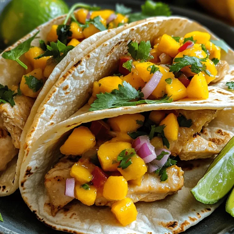 - 2 chicken breasts, diced - 1 ripe mango, diced - 1 small red onion, finely chopped - 1 red bell pepper, diced - 1 jalapeño, seeded and minced - 2 cloves garlic, minced - 1 teaspoon ground cumin - 1 teaspoon chili powder - 1 tablespoon olive oil - Salt and pepper to taste - 8 small corn tortillas - Fresh cilantro, for garnish - Lime wedges, for serving When I make Spicy Mango Chicken Tacos, I love the balance of fresh flavors. The chicken provides protein, while the mango adds sweetness. Dicing the chicken helps it cook quickly and evenly. The ripe mango is the star. It’s juicy and bright, giving a tropical twist to every bite. The red onion and red bell pepper add crunch and color. I prefer finely chopping the onion so it blends well with other flavors. For spices, I use jalapeño for heat. It’s important to seed it to control the spice level. Garlic brings depth to the dish, while cumin and chili powder give that warm, earthy taste. Finally, I drizzle olive oil to keep the chicken moist. Seasoning with salt and pepper is key for enhancing all the flavors. Corn tortillas hold everything together, and cilantro adds a fresh touch. I serve these tacos with lime wedges for a burst of zest. For the detailed preparation, see the Full Recipe. To start, you’ll need to prepare a tasty marinade for the chicken. In a bowl, mix diced chicken, minced garlic, ground cumin, chili powder, olive oil, salt, and pepper. This blend gives the chicken a bold flavor. Once mixed, let the chicken marinate for at least 15 minutes. If you have more time, let it sit longer for even better flavor. Next, it’s time to cook the chicken. Heat a skillet over medium-high heat. Add the marinated chicken to the hot skillet. Cook for about 7-10 minutes until it’s browned and fully cooked. Stir occasionally to ensure even cooking. This way, every piece gets that nice golden color and taste. Now, let's make the mango salsa. You’ll need these ingredients: diced mango, chopped red onion, diced red bell pepper, minced jalapeño, and lime juice. In a separate bowl, combine these ingredients. Mix gently so you keep the mango pieces intact. Season with salt to taste. This salsa adds a fresh and sweet touch to your tacos. Before assembling, warm the corn tortillas. Use a dry skillet over medium heat. Warm each tortilla for about 30 seconds on each side. This makes them soft and easy to fold. Make sure not to overheat them. You want them pliable, not crispy. Now comes the fun part: assembling the tacos! On each warmed tortilla, layer a spoonful of the cooked chicken. Then, add a generous scoop of mango salsa on top. Make it look nice! Aim for a colorful mix of chicken and salsa to impress your guests. Lastly, it’s time to garnish and serve your tacos. Top them with fresh cilantro for extra flavor. Serve with lime wedges on the side for that zesty kick. These tacos are not just tasty, but they also look beautiful on the plate. Enjoy your Spicy Mango Chicken Tacos! For detailed cooking instructions, see the Full Recipe. For the best flavor, marinate your chicken for at least 15 minutes. If you have time, go for 30 minutes to an hour. This helps the spices soak in. Adjust the spice level to suit your taste. If you want more heat, add more jalapeño. For less heat, just use a bit. Use a non-stick skillet or cast iron pan for cooking chicken. These pans help brown the chicken well. To avoid dry chicken, cook it over medium-high heat. Stir it often, and keep an eye on it. Cook until it’s no longer pink, about 7-10 minutes. If you want a vegetarian option, try using tofu or jackfruit. Both can soak up flavors well. For a vegan choice, replace chicken with chickpeas or lentils. For the mango salsa, you can swap out red onion for green onion. You can also add diced avocado for creaminess. {{image_2}} You can change up your tacos with tasty toppings. Feta cheese adds a creamy touch. It brings a nice saltiness that pairs well with the sweet mango. Avocado is another great choice. It adds richness and a smooth texture. Fresh herbs like mint or dill can also enhance your tacos. They add a bright flavor that complements the mango well. Try using different salsas for more flavor. Black bean salsa is one great option. It adds a hearty texture and a savory taste. To make it, mix black beans, diced tomatoes, onions, and lime juice. Pineapple mango salsa is another delicious choice. It combines sweet and tangy flavors. Just mix diced pineapple with mango, jalapeño, and lime juice for a fresh twist. You can choose different tortillas for your tacos. Corn tortillas are traditional and add a nice flavor. They are also gluten-free, which is great for those with allergies. Flour tortillas are softer and can hold more filling. If you want a gluten-free option, look for rice or almond flour tortillas. They work well for those who need to avoid gluten. Each type brings its own taste and texture to your meal. For the full recipe, check out the detailed instructions and ingredients provided earlier. After you enjoy Spicy Mango Chicken Tacos, store any leftovers properly. For chicken and salsa, use airtight containers. This keeps them fresh. You can refrigerate the chicken and salsa for up to three days. Make sure the salsa is cool before sealing it. To keep the chicken juicy, use gentle heat. The stovetop is best for this. Heat a skillet over low heat and add a splash of water. Cover it to keep the moisture in. If you use the microwave, do it in short bursts. Check often to avoid drying it out. You can freeze cooked chicken to enjoy later. Wrap it tightly in plastic wrap and then place it in a freezer bag. It will last for up to three months. For salsa, pour it into a freezer-safe container. Leave some space at the top for expansion. Tortillas can also be frozen. Stack them with parchment paper in between. Seal in a bag and store in the freezer. To make Spicy Mango Chicken Tacos, follow these steps: 1. Marinate the Chicken: Mix diced chicken, minced garlic, ground cumin, chili powder, olive oil, salt, and pepper in a bowl. Let it sit for at least 15 minutes. 2. Cook the Chicken: Heat a skillet over medium-high heat. Add the marinated chicken and cook for about 7-10 minutes. Stir occasionally until the chicken is cooked through. 3. Prepare the Mango Salsa: In a bowl, combine diced mango, chopped red onion, diced red bell pepper, minced jalapeño, and lime juice. Gently mix and add salt to taste. 4. Warm the Tortillas: In a dry skillet, warm the corn tortillas for about 30 seconds on each side. 5. Assemble the Tacos: Place a spoonful of cooked chicken on each tortilla. Top with mango salsa. 6. Garnish and Serve: Add fresh cilantro and serve with lime wedges. For the complete recipe, refer to the full recipe section. Yes, you can prepare the chicken ahead. Marinate it and store it in the fridge. It stays fresh for up to 24 hours. This saves time on cooking day. Just cook it when you are ready. Several sides go well with tacos. Consider serving: - Rice: A simple cilantro-lime rice complements the tacos. - Beans: Black beans or refried beans add protein and flavor. - Guacamole: Creamy guacamole adds richness to the meal. - Corn Salad: A fresh corn salad gives a nice crunch. - Drinks: Try a refreshing limeade or cold beer. To enhance your mango salsa, consider these ideas: - Add Heat: Include more minced jalapeño or a dash of hot sauce. - Sweetness: Mix in a touch of honey or agave for balance. - Herbs: Try adding mint or basil for a fresh twist. - Spices: A pinch of cumin or chili powder can add depth. - Citrus: Squeeze in extra lime or lemon juice for brightness. Spicy Mango Chicken Tacos are easy to make and packed with flavor. You use marinated chicken, fresh mango, and vibrant veggies. Remember to warm your tortillas for the best taste. I shared tips for adapting the recipe, storing leftovers, and creating fun variations. In closing, this dish offers great taste and variety. Whether you enjoy it with friends or family, these tacos bring joy to any meal. You have the recipe; now it’s time to cook!