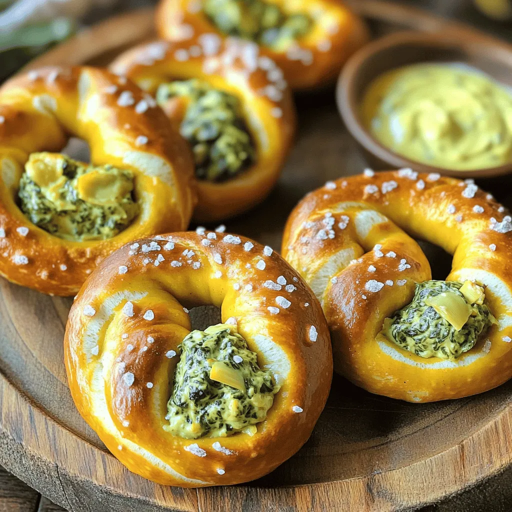 To make these tasty stuffed pretzels, you need the following ingredients: - 2 cups all-purpose flour - 1 packet (2 1/4 tsp) active dry yeast - 3/4 cup warm water (about 110°F) - 1 tablespoon sugar - 1 teaspoon salt - 2 tablespoons olive oil - 1 cup fresh spinach, chopped - 1 cup canned artichoke hearts, drained and chopped - 1 cup cream cheese, softened - 1/2 cup sour cream - 1 cup shredded mozzarella cheese - 1/2 teaspoon garlic powder - 1 egg, beaten (for egg wash) - Coarse sea salt (for topping) These ingredients create the perfect blend of flavors. You can customize your pretzels too. Try adding different cheeses or spices to the filling. You might even add some cooked bacon or sausage for a heartier taste. The choice is yours! Remember, the goal is to enjoy your cooking experience and create something delicious. For the full recipe, check out the details provided. First, let's activate the yeast. In a small bowl, mix warm water, sugar, and yeast. Let it sit for 5-10 minutes. You want it to get frothy. This means the yeast is ready to use. Next, grab a large mixing bowl. Combine the flour and salt there. Make a well in the center. Pour in the yeast mix and olive oil. Start mixing until a dough forms. Now, it’s time to knead. Flour your surface and knead the dough for about 5 minutes. You want it to feel smooth and elastic. Place the dough in a greased bowl and cover it. Let it rise in a warm spot for about an hour. It should double in size. While the dough rises, let’s make the filling. In a medium bowl, add chopped spinach, artichokes, cream cheese, sour cream, and mozzarella cheese. Sprinkle in garlic powder. Mix it all together until it’s well blended. For a great texture, make sure to chop the spinach and artichokes finely. This helps spread the flavors evenly. Once the dough has risen, punch it down. Divide it into 8 equal pieces. Roll each piece into a long rope about 12 inches long. Flatten each rope slightly and place 1-2 tablespoons of the filling in the center. Fold the dough over the filling. Pinch the edges to seal it tightly. Now, shape each stuffed dough into a pretzel. Twist the ends together and fold them back onto the center. In a large pot, bring 4 cups of water to a boil. Carefully add 1/4 cup of baking soda. This will give the pretzels their nice color and texture. Boil each pretzel for about 30 seconds. Remove them and place on a baking sheet. Preheat your oven to 425°F (220°C). Brush each pretzel with the beaten egg. Sprinkle with coarse sea salt for a tasty finish. Bake for 12-15 minutes, or until they turn golden brown. Now, you have delicious Spinach Artichoke Dip Stuffed Pretzels to enjoy! For the complete process, check the Full Recipe. When making pretzels, some common mistakes can ruin your fun. Dough rising is key. If your dough does not rise enough, your pretzels will be dense. Make sure your yeast is fresh and your water is warm, not hot. This helps the yeast grow well. Another mistake is overmixing or underseasoning the filling. If you mix too much, the filling can become too runny. If you don’t season it enough, the flavors will fall flat. Taste your filling before sealing it up. Adjust salt and garlic powder to your liking. For the best pretzels, aim for a soft inside and a crispy outside. Boiling the pretzels in water with baking soda helps achieve this. The baking soda gives them that nice golden color and crispness. Boil each pretzel for about 30 seconds. Timing for baking is crucial, too. Preheat your oven to 425°F (220°C) and bake for 12 to 15 minutes. Keep an eye on them. Once they’re golden brown, they are ready to come out. To make your pretzels look great, serve them warm. Place them on a rustic wooden platter. This adds charm and invites people to dig in. You can also enhance the visual appeal with extra spinach-artichoke dip on the side. This not only adds color but also gives people a tasty option for dipping. Consider adding some fresh herbs or colorful veggies around the pretzels for a nice touch. {{image_2}} You can change the filling to fit your taste. Try using different cheeses, like feta or cheddar. These will give a new flavor twist. You can also add vegetables like roasted red peppers or mushrooms for more texture. If you want something heartier, consider adding cooked bacon or crumbled sausage. These meat options add a savory punch that many enjoy. Herbs and spices can change the game. Add fresh herbs like basil or thyme for a fragrant touch. A pinch of red pepper flakes can create a bit of heat. You can also mix different types of cheeses, like pepper jack or gouda, for a richer taste. Each adds a unique flavor that will impress your guests. If you need gluten-free pretzels, use almond flour or gluten-free flour blends. These work well in the dough. For a vegan option, swap cream cheese and sour cream for cashew cream or a dairy-free cream cheese. Make sure to check that all your ingredients are vegan-friendly. These changes allow everyone to enjoy these pretzels without worry. For the complete recipe, you can refer to the Full Recipe. Once you enjoy your spinach artichoke dip stuffed pretzels, you might have some left. To keep them fresh, place the pretzels in an airtight container. Store them in the fridge for up to three days. If you want them to last longer, freezing is a great option. Wrap each pretzel in plastic wrap and then place them in a freezer bag. This helps prevent freezer burn. When you are ready to eat the frozen pretzels, reheat them in the oven. Preheat your oven to 350°F (175°C). Place the pretzels on a baking sheet and heat for about 10-15 minutes. This method keeps the pretzels soft inside and crispy outside. In the fridge, your stuffed pretzels will stay fresh for about three days. In the freezer, they can last up to three months. For the best results, freeze the dough and filling separately. This way, you can enjoy fresh pretzels anytime you want without losing quality. Thaw the dough overnight in the fridge when you are ready to use it. Prepare the filling on the same day for the freshest taste. With these tips, you can savor spinach artichoke dip stuffed pretzels any time you crave them! For the full recipe, refer back for all the delicious details. Yes, you can use store-bought dough. It saves time and effort. However, it may not be as fresh. Pre-made dough can yield a softer pretzel. You might miss out on that homemade touch. To seal your stuffed pretzels, pinch the edges tightly. Make sure the filling is not too wet. If needed, chill the filling before using it. This can help it hold better during baking. You can serve extra spinach-artichoke dip on the side. It adds more flavor and fun. Other great sides are marinara sauce or a light salad. These pair well with the rich pretzels. For detailed instructions and cooking times, check the full recipe. It will guide you step by step. In conclusion, making Spinach Artichoke Dip Stuffed Pretzels is fun and rewarding. We covered key ingredients, step-by-step instructions, and common mistakes to avoid. You can customize flavors and even adapt for different diets. Remember to store leftovers properly to keep them fresh. Enjoying these pretzels can bring joy to your gatherings. Trust me, once you make them, you'll want to share this tasty treat with everyone. Dive into the full recipe, gather your ingredients, and start cooking!