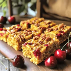 - 1 cup chopped pecans - 1 cup pitted cherries, chopped (fresh or frozen) - 1 ½ cups rolled oats - ½ cup almond flour - ½ cup honey or maple syrup - 1/4 cup coconut oil, melted - 1 teaspoon vanilla extract - ½ teaspoon cinnamon - 1/4 teaspoon salt - 1/4 teaspoon baking powder Gather these ingredients for your Cherry Pecan Breakfast Bars. Each item adds flavor and texture. The pecans give a nice crunch, while the cherries add sweetness. Rolled oats form a hearty base. Almond flour keeps the bars moist and adds nutrition. Honey or maple syrup acts as a natural sweetener. Coconut oil binds everything together and adds richness. Vanilla extract enhances the flavor, while cinnamon gives warmth. Finally, a pinch of salt and baking powder helps everything rise and balance the taste. - Alternatives for pecans: You can use walnuts or almonds instead. Both will work well. - Using dried cherries vs. fresh: Dried cherries offer a sweeter taste. They also add chewiness. - Options for sweeteners: Maple syrup can replace honey. You can also try agave syrup for a different flavor. Feel free to adjust based on what you have. Substitutions can make this recipe your own. Each choice changes the flavor, so have fun experimenting. 1. Preheat your oven to 350°F (175°C). 2. Line an 8x8 inch baking pan with parchment paper. Make sure some paper hangs over the edges for easy removal. 3. In a large bowl, combine rolled oats, almond flour, chopped pecans, cinnamon, salt, and baking powder. Stir until everything is well mixed. 1. In another bowl, whisk together the melted coconut oil, honey or maple syrup, and vanilla extract. Make sure it is smooth and well combined. 1. Pour the wet ingredients into the dry ingredients. Mix until everything is fully incorporated. 2. Add the chopped cherries and gently fold them into the mixture. Be careful not to break the cherries apart. 3. Press the mixture evenly into the prepared baking pan. Make sure to cover the edges well. 1. Bake in the preheated oven for 25-30 minutes. Look for golden brown edges as a sign of doneness. 2. After baking, remove the pan from the oven and let it cool for 10 minutes. 3. Use the parchment paper overhang to lift the bars out and place them on a wire rack to cool completely. 4. Once cooled, cut into squares or rectangles. Store in an airtight container. Feel free to check the Full Recipe for more details. To make your Cherry Pecan Breakfast Bars just right, you might want to adjust sweetness levels. If you prefer less sweetness, use less honey or maple syrup. You can also add fruits like bananas for natural sweetness. Balancing flavors will make your bars more enjoyable. Ensuring proper texture is key. You want them to be chewy but not too dense. If your mixture feels too dry, add a splash of water. If it's too wet, add more oats. The right texture will keep you coming back for more. For a lovely presentation, serve these bars on a rustic wooden board. Add fresh cherries on the side for a bright touch. This makes your breakfast look inviting and appealing. When it comes to beverages, consider pairing these bars with herbal tea or a smoothie. Both add great flavor and balance the meal. Try different drink options to see what you like best. A common mistake is overmixing the batter. This can make your bars tough. Mix just until combined; it’s okay if a few lumps remain. On the flip side, undermixing can lead to uneven flavors. Make sure all ingredients are well incorporated. Another pitfall is miscalculating baking time. Keep an eye on your bars as they bake. If they are under-baked, they may fall apart. If over-baked, they can become too hard. Aim for golden edges and a firm center to ensure perfect bars. {{image_2}} You can make these bars even more fun. Adding chocolate chips brings a sweet twist. Choose dark or semi-sweet chips for a rich taste. They melt in your mouth and pair well with cherries. You can also try spices, like nutmeg or cardamom. These spices give the bars a warm flavor. A pinch can change the whole taste. Need a gluten-free option? You can swap almond flour for a gluten-free blend. This keeps the bars soft and tasty. For vegans, use maple syrup instead of honey. You can also replace coconut oil with applesauce. This keeps the bars moist and healthy. Fruits change with the seasons, so why not try them? In spring, use strawberries or blueberries. In fall, add chopped apples with cinnamon. For holidays, mix in dried cranberries or nuts. These changes give your bars a festive feel. You’ll enjoy the new flavors each season brings. For a full recipe, check the Cherry Pecan Breakfast Bars section above! To keep your Cherry Pecan Breakfast Bars fresh, use an airtight container. This prevents air from making them stale. Glass or plastic containers work well. You can also use resealable bags. Before sealing, press out the air. This helps maintain the bars' texture. Store the container in a cool, dry place. Avoid direct sunlight to keep them at their best. You can freeze these breakfast bars for later. First, cut them into squares or rectangles. Wrap each piece in plastic wrap. Then place them in a freezer-safe bag or container. Be sure to label the bag with the date. This will help you track how long they have been frozen. For the best taste, eat them within three months. When you want to enjoy a bar, just take it out. Let it thaw in the fridge or at room temperature. You can also heat it up in the microwave for a warm treat. You can reduce the sugar by using less honey or maple syrup. Try adding unsweetened applesauce to keep the bars moist. For extra protein, mix in a scoop of protein powder or replace some of the almond flour with protein-rich ground nuts. Yes, you can make these bars ahead of time. Just bake them, cool them, and cut them into squares. Store them in the fridge for up to a week. This makes them great for meal prep. You can grab one whenever you need a quick breakfast or snack. These bars taste great with Greek yogurt or a dollop of nut butter. Fresh fruit, like berries or banana slices, also pairs well. If you like drinks, try serving them with a smoothie or a cup of coffee. When stored in an airtight container, these bars last about a week. For the best taste, eat them within this time. You can also freeze them for longer storage. Just thaw them at room temperature before enjoying. In this blog post, we covered how to make Cherry Pecan Breakfast Bars. You learned about the ingredients, preparation steps, and useful tips for perfect results. I shared substitution ideas and flavor variations to help you customize your bars. Remember to store them right to keep them fresh. Enjoy experimenting and making these tasty bars your own! They are a delicious and healthy choice for breakfast or a snack. Now it’s time to try making them and share your success!