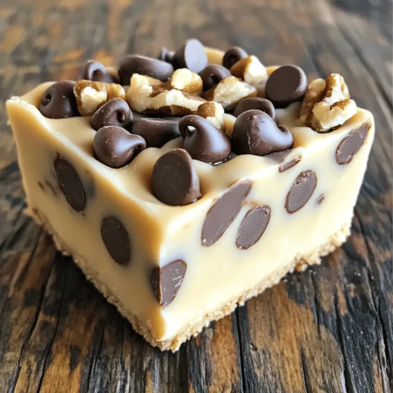 To make No Bake Chocolate Chip Cookie Dough Bars, you will need the following items: - 1 cup unsalted butter, softened - 1 cup brown sugar, packed - 2 teaspoons vanilla extract - 2 cups all-purpose flour - 1 can sweetened condensed milk (14 oz) - 1 cup semi-sweet chocolate chips - 1/2 cup walnuts, chopped (optional) - A pinch of salt When I make these bars, I like to use specific brands for the best taste and texture. Here are my top picks: - Butter: Land O'Lakes or Kerrygold for rich flavor. - Brown Sugar: Domino for consistent sweetness. - Vanilla Extract: Nielsen-Massey for high quality. - Chocolate Chips: Ghirardelli or Nestlé for smooth melting. - Flour: King Arthur Flour for perfect baking results. These brands help ensure you get a tasty treat each time. If you need to swap ingredients, here are some easy options: - Butter: Use coconut oil or margarine for a dairy-free option. - Brown Sugar: You can use white sugar with a touch of molasses. - All-Purpose Flour: Almond flour works for a gluten-free version. - Sweetened Condensed Milk: Try homemade versions or coconut cream for dairy-free. - Chocolate Chips: Use dark or white chocolate if you prefer. - Walnuts: Leave them out, or use pecans for a different crunch. These substitutions allow you to customize the bars to fit your dietary needs or taste preferences. For the full recipe, check the link above! Start by gathering your ingredients. You need butter, brown sugar, vanilla, flour, sweetened condensed milk, chocolate chips, walnuts, and salt. In a large bowl, beat the softened butter and brown sugar. Mix until it is creamy and smooth. Then, add the vanilla extract and stir until well combined. Gradually mix in the flour and sweetened condensed milk. Keep stirring until a smooth dough forms. Finally, fold in the chocolate chips and walnuts if you choose to use them. Make sure they are evenly spread in the dough. Next, take an 8x8-inch baking dish. Line it with parchment paper. Make sure to leave some paper hanging over the sides. This helps to lift the bars out later. Once the dish is ready, press the cookie dough mixture firmly into the bottom. Use a spatula to smooth the top. Make it even and nice. This step helps the bars look great after they set. Now it’s time to freeze the bars. Place the baking dish in the freezer for at least 30 minutes. This helps the dough harden and makes cutting easier. After 30 minutes, check if the dough has set. Once firm, lift the bars out using the parchment paper. Place them on a cutting board and cut them into squares. You can store any leftovers in an airtight container in the fridge or freezer. For the full recipe, check the details above. Enjoy these tasty treats! To get the best texture, use softened butter. Cold butter can make the dough too hard. Mix the butter and sugar until creamy and smooth. This step helps air get into the dough. Next, add the flour and sweetened condensed milk slowly. This way, you avoid lumps. The dough should be thick but still easy to press into the pan. If it feels too dry, add a bit more condensed milk. These bars are great for any occasion. You can serve them cold straight from the fridge. Cut them into squares for easy sharing. For a fun twist, drizzle some melted chocolate on top. You can also sprinkle sea salt for a sweet-salty combo. Pair them with ice cream for a tasty dessert. They work well for parties, picnics, or just a treat at home. One common mistake is not measuring the flour correctly. Too much flour can make your bars dry. Always use a spoon to scoop the flour into your measuring cup and level it off. Another mistake is not letting the bars freeze long enough. If you cut them too soon, they may fall apart. Lastly, remember to line your baking dish with parchment paper. This small step makes it easy to lift out your bars later. For the complete recipe, check out the Full Recipe. {{image_2}} You can make these no bake chocolate chip cookie dough bars your own. Want a hint of salt? Add a sprinkle of sea salt on top. Like nuts? Toss in some chopped almonds or pecans. Want a fun twist? Try mixing in mini marshmallows or crushed graham crackers. You can even swap half the chocolate chips for peanut butter chips. Each change gives a new taste. If you need gluten-free bars, it’s easy to adapt. Just use gluten-free all-purpose flour instead of regular flour. Most brands work well and give a good texture. Check if your chocolate chips are gluten-free too. This makes the bars safe for those with gluten allergies, while still tasting great. You can also make these bars vegan. Replace the butter with coconut oil or a vegan butter. For sweetened condensed milk, use a coconut or almond milk version. Look for vegan chocolate chips as well. These swaps keep the bars tasty and friendly for a plant-based diet. Enjoy a slice of cookie dough bliss without animal products! For the full recipe, check out the details above. To keep your No Bake Chocolate Chip Cookie Dough Bars fresh, use an airtight container. This will prevent them from drying out. Make sure to layer parchment paper between the bars. This helps keep them from sticking together. Store them in a cool place or the refrigerator for best results. These bars last about one week in the refrigerator. If you keep them stored properly, they will stay tasty and moist. Just remember to check for any signs of spoilage before eating. If you see any changes in color or smell, it’s best to toss them out. You can freeze these cookie dough bars for longer storage. Cut them into squares first, then place them in a freezer-safe container. You can also wrap each square in plastic wrap before putting them in the container. They will stay good for up to three months in the freezer. When you’re ready to enjoy, just thaw them in the fridge or at room temperature. For the full recipe, refer to the main article. Yes, you can use other types of chocolate. Dark chocolate or white chocolate both work well. You can also mix different chocolates for a fun twist. I love using milk chocolate for a sweeter flavor. Just remember to adjust the amount to fit your taste. You can store these bars for about one week in the fridge. If you want them to last longer, freeze them. They can keep for up to three months in the freezer. Just make sure to wrap them well to prevent freezer burn. If you need a substitute for sweetened condensed milk, try using coconut cream. It has a similar texture and sweetness. You can also mix milk with sugar. Just simmer milk and sugar until it thickens. This gives you a nice alternative without losing flavor. For a vegan option, use a plant-based milk with sugar. This blog post shared the best ingredients and taught you how to make tasty bars. You learned about mixing, baking, and storing them right. I offered tips to avoid mistakes and suggested fun variations. As you explore, remember to make it your own. Enjoy testing flavors and sharing your treats. Now, you can create delicious bars easily. Your kitchen adventures await!