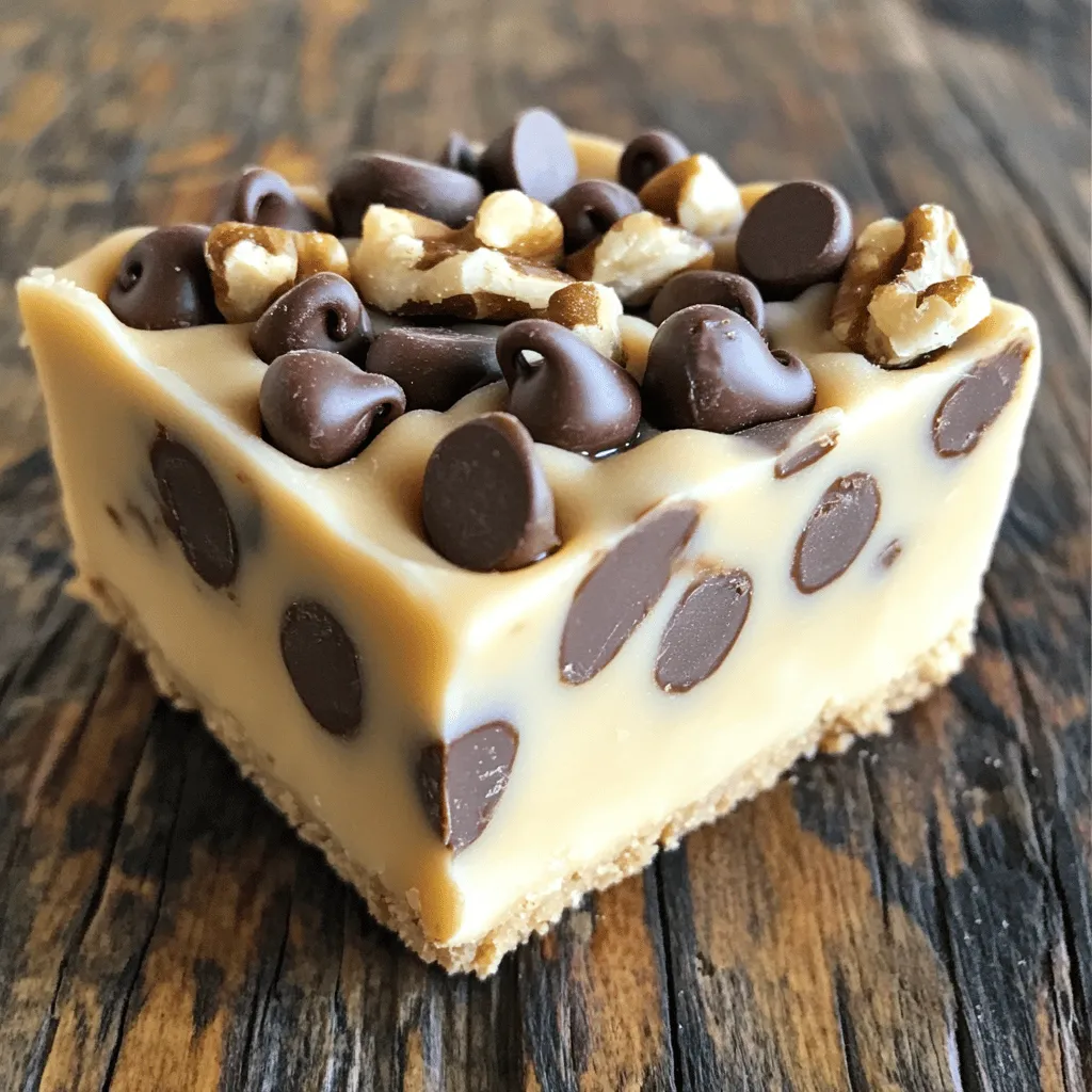 To make No Bake Chocolate Chip Cookie Dough Bars, you will need the following items: - 1 cup unsalted butter, softened - 1 cup brown sugar, packed - 2 teaspoons vanilla extract - 2 cups all-purpose flour - 1 can sweetened condensed milk (14 oz) - 1 cup semi-sweet chocolate chips - 1/2 cup walnuts, chopped (optional) - A pinch of salt When I make these bars, I like to use specific brands for the best taste and texture. Here are my top picks: - Butter: Land O'Lakes or Kerrygold for rich flavor. - Brown Sugar: Domino for consistent sweetness. - Vanilla Extract: Nielsen-Massey for high quality. - Chocolate Chips: Ghirardelli or Nestlé for smooth melting. - Flour: King Arthur Flour for perfect baking results. These brands help ensure you get a tasty treat each time. If you need to swap ingredients, here are some easy options: - Butter: Use coconut oil or margarine for a dairy-free option. - Brown Sugar: You can use white sugar with a touch of molasses. - All-Purpose Flour: Almond flour works for a gluten-free version. - Sweetened Condensed Milk: Try homemade versions or coconut cream for dairy-free. - Chocolate Chips: Use dark or white chocolate if you prefer. - Walnuts: Leave them out, or use pecans for a different crunch. These substitutions allow you to customize the bars to fit your dietary needs or taste preferences. For the full recipe, check the link above! Start by gathering your ingredients. You need butter, brown sugar, vanilla, flour, sweetened condensed milk, chocolate chips, walnuts, and salt. In a large bowl, beat the softened butter and brown sugar. Mix until it is creamy and smooth. Then, add the vanilla extract and stir until well combined. Gradually mix in the flour and sweetened condensed milk. Keep stirring until a smooth dough forms. Finally, fold in the chocolate chips and walnuts if you choose to use them. Make sure they are evenly spread in the dough. Next, take an 8x8-inch baking dish. Line it with parchment paper. Make sure to leave some paper hanging over the sides. This helps to lift the bars out later. Once the dish is ready, press the cookie dough mixture firmly into the bottom. Use a spatula to smooth the top. Make it even and nice. This step helps the bars look great after they set. Now it’s time to freeze the bars. Place the baking dish in the freezer for at least 30 minutes. This helps the dough harden and makes cutting easier. After 30 minutes, check if the dough has set. Once firm, lift the bars out using the parchment paper. Place them on a cutting board and cut them into squares. You can store any leftovers in an airtight container in the fridge or freezer. For the full recipe, check the details above. Enjoy these tasty treats! To get the best texture, use softened butter. Cold butter can make the dough too hard. Mix the butter and sugar until creamy and smooth. This step helps air get into the dough. Next, add the flour and sweetened condensed milk slowly. This way, you avoid lumps. The dough should be thick but still easy to press into the pan. If it feels too dry, add a bit more condensed milk. These bars are great for any occasion. You can serve them cold straight from the fridge. Cut them into squares for easy sharing. For a fun twist, drizzle some melted chocolate on top. You can also sprinkle sea salt for a sweet-salty combo. Pair them with ice cream for a tasty dessert. They work well for parties, picnics, or just a treat at home. One common mistake is not measuring the flour correctly. Too much flour can make your bars dry. Always use a spoon to scoop the flour into your measuring cup and level it off. Another mistake is not letting the bars freeze long enough. If you cut them too soon, they may fall apart. Lastly, remember to line your baking dish with parchment paper. This small step makes it easy to lift out your bars later. For the complete recipe, check out the Full Recipe. {{image_2}} You can make these no bake chocolate chip cookie dough bars your own. Want a hint of salt? Add a sprinkle of sea salt on top. Like nuts? Toss in some chopped almonds or pecans. Want a fun twist? Try mixing in mini marshmallows or crushed graham crackers. You can even swap half the chocolate chips for peanut butter chips. Each change gives a new taste. If you need gluten-free bars, it’s easy to adapt. Just use gluten-free all-purpose flour instead of regular flour. Most brands work well and give a good texture. Check if your chocolate chips are gluten-free too. This makes the bars safe for those with gluten allergies, while still tasting great. You can also make these bars vegan. Replace the butter with coconut oil or a vegan butter. For sweetened condensed milk, use a coconut or almond milk version. Look for vegan chocolate chips as well. These swaps keep the bars tasty and friendly for a plant-based diet. Enjoy a slice of cookie dough bliss without animal products! For the full recipe, check out the details above. To keep your No Bake Chocolate Chip Cookie Dough Bars fresh, use an airtight container. This will prevent them from drying out. Make sure to layer parchment paper between the bars. This helps keep them from sticking together. Store them in a cool place or the refrigerator for best results. These bars last about one week in the refrigerator. If you keep them stored properly, they will stay tasty and moist. Just remember to check for any signs of spoilage before eating. If you see any changes in color or smell, it’s best to toss them out. You can freeze these cookie dough bars for longer storage. Cut them into squares first, then place them in a freezer-safe container. You can also wrap each square in plastic wrap before putting them in the container. They will stay good for up to three months in the freezer. When you’re ready to enjoy, just thaw them in the fridge or at room temperature. For the full recipe, refer to the main article. Yes, you can use other types of chocolate. Dark chocolate or white chocolate both work well. You can also mix different chocolates for a fun twist. I love using milk chocolate for a sweeter flavor. Just remember to adjust the amount to fit your taste. You can store these bars for about one week in the fridge. If you want them to last longer, freeze them. They can keep for up to three months in the freezer. Just make sure to wrap them well to prevent freezer burn. If you need a substitute for sweetened condensed milk, try using coconut cream. It has a similar texture and sweetness. You can also mix milk with sugar. Just simmer milk and sugar until it thickens. This gives you a nice alternative without losing flavor. For a vegan option, use a plant-based milk with sugar. This blog post shared the best ingredients and taught you how to make tasty bars. You learned about mixing, baking, and storing them right. I offered tips to avoid mistakes and suggested fun variations. As you explore, remember to make it your own. Enjoy testing flavors and sharing your treats. Now, you can create delicious bars easily. Your kitchen adventures await!