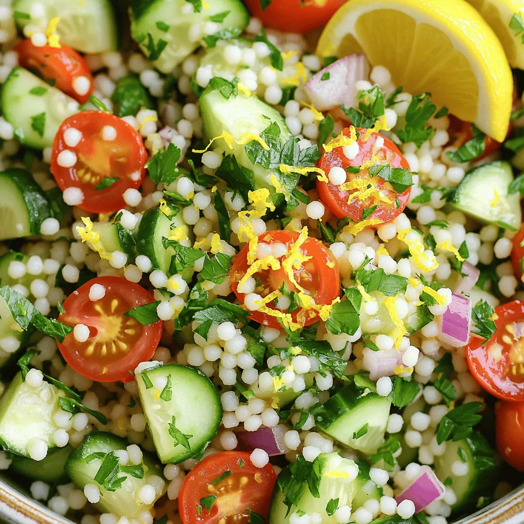 To make a delicious Lemon Herb Couscous Salad, gather these key ingredients: - 1 cup couscous - 1 1/4 cups vegetable broth or water - 1/2 cup cherry tomatoes, halved - 1 cucumber, diced - 1/4 cup red onion, finely chopped - 1/2 cup parsley, chopped - 1/4 cup fresh mint, chopped - 1/4 cup olive oil - Zest and juice of 1 large lemon - Salt and pepper to taste - 1/4 teaspoon red pepper flakes (optional) These ingredients create a fresh and vibrant salad. Couscous serves as the base, soaking up all the flavors. The veggies add crunch, while the herbs bring brightness. Fresh herbs make this salad really pop. I suggest using: - Parsley - Mint These herbs not only add flavor but also give the salad a fresh look. You can mix and match to find your favorite combo. Try adding basil or dill for a unique twist. Want to take it up a notch? Consider these optional add-ins: - Feta cheese for creaminess - Avocado for richness - Chickpeas for protein - Red pepper for a spicy kick These extras can change the salad’s taste and texture. Feel free to experiment and find what you love most. For the complete recipe, check out the Full Recipe. To start, bring 1 1/4 cups of vegetable broth or water to a boil in a medium saucepan. Once it bubbles, add 1 cup of couscous and a pinch of salt. Stir it briefly, then cover the pot and take it off the heat. Let it sit for about 5 minutes. This helps the couscous absorb the liquid. After 5 minutes, fluff the couscous with a fork. Set it aside to cool to room temperature. This step is key for a light and fluffy texture. In a large bowl, mix together 1/2 cup of halved cherry tomatoes, 1 diced cucumber, and 1/4 cup of finely chopped red onion. Next, add in 1/2 cup of chopped parsley and 1/4 cup of chopped fresh mint. These fresh herbs make the salad bright and tasty. The colorful mix of veggies adds great crunch too. Ensure everything is well combined before moving on. For the dressing, take a small bowl and whisk together 1/4 cup of olive oil, the zest of 1 large lemon, and the juice from that lemon. Add salt, pepper, and 1/4 teaspoon of red pepper flakes if you want a bit of heat. This dressing brings all the flavors together. Pour it over the salad mixture and toss gently. Lastly, fold in the cooled couscous and make sure everything is mixed well. Adjust the seasoning with salt and pepper to taste. It’s best to chill the salad for 30 minutes before serving. This allows all the flavors to meld beautifully. For more detailed steps, check out the Full Recipe. To fluff couscous, start by cooking it right. Use the right water-to-couscous ratio. For every cup of couscous, use 1.25 cups of liquid. Bring the liquid to a boil, then add couscous. Stir, cover, and remove from heat. Let it sit for five minutes. After that, use a fork to fluff it gently. This will keep your couscous light and airy. To serve your salad beautifully, choose a large bowl or individual plates. Use a bright bowl to make the colors pop. Garnish with extra parsley and lemon wedges. This gives a fresh look. A sprinkle of red pepper flakes adds a nice touch. Keep the salad chilled before serving to enhance flavors and freshness. To boost the flavor of your salad, consider adding more herbs. Fresh basil and dill make great choices. You can also toss in some feta cheese for creaminess. Another option is to add nuts or seeds for a crunch. A splash of balsamic vinegar can add depth. Adjust the seasoning to your taste. For the full recipe, check the details above. {{image_2}} You can switch up the veggies in this salad. Add bell peppers for crunch. Try adding radishes for a spicy kick. Grated carrots add sweetness and color. You can even toss in peas for a pop of green. Use what you love or what you have on hand. This salad is flexible and fun! Want to make this salad more filling? Add protein! Chickpeas are a great choice. They bring texture and a nutty flavor. You can also use grilled chicken for a savory touch. Shrimp adds a nice seafood flair. If you want a plant-based option, try tofu or tempeh. Each adds a unique taste and makes the dish more satisfying. This salad is already vegetarian and can easily be vegan. Just ensure the broth is plant-based. You can add nuts or seeds for extra crunch. Sunflower seeds or almonds work well. For a creamy twist, add avocado slices. They bring richness without dairy. Enjoy this salad however you like. The possibilities are endless! Check out the Full Recipe for more ideas! To keep your Lemon Herb Couscous Salad fresh, store it in the fridge. Place the salad in an airtight container. It will stay good for up to three days. If you notice any excess liquid, drain it off before sealing. This helps keep the couscous from getting soggy. I do not recommend freezing this salad. The texture of couscous changes when frozen. When thawed, it can become mushy and lose its charm. If you want to prepare ahead, simply store leftovers in the fridge instead. This way, you can enjoy the fresh flavors. For the best storage, use glass or plastic containers with tight lids. Glass containers keep your salad fresh and are easy to clean. If you prefer plastic, pick BPA-free options. Always label your containers with the date. This helps you track how long your salad has been stored. Yes, you can make this salad ahead of time. Prepare it up to 24 hours before serving. Just store it in the fridge. This helps the flavors mix and deepen. When you’re ready to serve, check the seasoning. You might want to add a little more lemon juice or olive oil. If you don't have couscous, try quinoa or rice. Both have a nice texture and will soak up flavors well. Quinoa is a great choice for extra protein. Rice, especially brown rice, adds a nice nutty taste. Adjust cooking times based on the grain you choose. This salad lasts about three to five days in the fridge. Keep it in an airtight container. After a few days, it may lose some freshness. Check for any off smells or changes in texture before eating. For best taste, enjoy it within the first few days. For the full recipe, check out the full recipe section above. Lemon Herb Couscous Salad is fresh, tasty, and easy to make. We explored its main ingredients, helpful tips, and ways to customize it. You can make it your own with different herbs, proteins, or veggies. Remember to store leftovers in the right containers for freshness. With these steps, you’ll enjoy a bright dish that’s perfect for any meal. Try it today and let your taste buds shine!