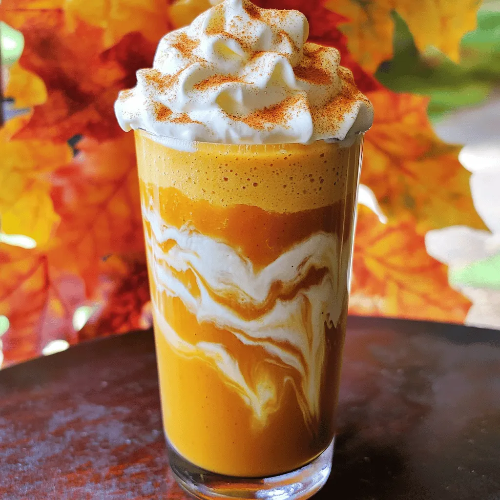 - 1 cup brewed coffee, cooled - 1/2 cup milk (or non-dairy alternative) - 1/2 cup pumpkin puree - 2 tablespoons pumpkin spice syrup - 1 tablespoon sugar (or adjust to taste) - 1/4 teaspoon vanilla extract - 1 cup ice - Whipped cream for topping - Extra pumpkin spice for garnish When making a Pumpkin Spice Coffee Frappe, choosing the right ingredients is key. Start with cooled brewed coffee. This keeps your drink from melting the ice too fast. Select a milk option that suits your taste. You can use dairy milk, almond, or oat milk for a creamy texture. Pumpkin puree is a must. It gives a rich, smooth flavor. Pumpkin spice syrup adds that signature fall taste. You can find it in stores or make it at home. Adjust the sugar to your liking. A little sweetness balances the flavors. Don't forget the vanilla extract. It enhances the overall taste. Ice is essential to create that frosty texture. Finally, top it with whipped cream and a sprinkle of pumpkin spice. This makes your drink look as good as it tastes. - Non-dairy milk options: Almond milk, oat milk, soy milk, or coconut milk. - Types of pumpkin spice syrup: Store-bought, homemade, or flavored syrups like caramel. - Sugar substitutes: Use honey, maple syrup, or stevia for a healthier option. Feel free to experiment with these alternatives. Each choice can change the taste and texture of your frappe. To make your pumpkin spice coffee frappe, start by combining ingredients in the blender. First, add 1 cup of cooled brewed coffee. Then, pour in 1/2 cup of milk or your favorite non-dairy alternative. Next, add 1/2 cup of pumpkin puree and 2 tablespoons of pumpkin spice syrup. Don’t forget 1 tablespoon of sugar and 1/4 teaspoon of vanilla extract. These will give you a rich flavor. Now, adjusting the consistency is key. After adding 1 cup of ice, blend everything on high speed. This should take about 30 to 60 seconds. If your frappe seems too thick, simply add more milk until you reach your desired texture. A smooth, frothy drink is the goal here! Once your frappe is ready, it’s time to pouring and garnishing the frappe. Grab a tall glass and pour in the blended mixture. Make sure to leave some space at the top for whipped cream. For a beautiful finish, top it generously with whipped cream. Then, sprinkle some extra pumpkin spice over the whipped cream for that perfect fall touch. Here are some tips for presentation: Use clear glasses to show off those layers. You can also add a straw for an extra fun touch. To ensure you’re achieving perfect texture, remember these key points. Always blend the mixture until it's smooth. If you notice any chunks, just blend a bit longer. Avoiding common blending mistakes is also important. Don’t overfill your blender, or it might overflow. Start with lower speeds to mix the ingredients, then switch to high speed for blending. This way, you get that frothy finish without any spills! To make your Pumpkin Spice Coffee Frappe even better, try adding spices. A dash of cinnamon or nutmeg can boost the warmth of fall. You can also use a few drops of vanilla extract for more depth. If you want a stronger taste, use cold brew coffee instead of regular coffee. Cold brew has less acidity and a rich flavor, perfect for a creamy frappe. You can prepare parts of your frappe in advance. Brew your coffee and cool it down the night before. You can also measure out your pumpkin puree and spices. This saves time and makes mornings easier. Just blend everything when you are ready. For busy mornings, have your ingredients ready to go. Then, mix them quickly for a delicious start to your day. Pair your frappe with seasonal snacks for a complete treat. Try it with pumpkin muffins or spiced cookies. They match the flavors and make a great snack. When serving, choose tall glasses or clear cups. This way, you show off the creamy whipped cream and colorful spices on top. It makes your drink look as good as it tastes! {{image_2}} You can make your Pumpkin Spice Coffee Frappe truly yours. Try different sweeteners like honey or agave. These options add unique flavors and sweetness levels. Want something richer? Add chocolate or caramel. Both pair well with pumpkin spice. You can drizzle some on top or blend it in. The choice is yours! As the seasons change, so can your frappe. For holidays, consider using festive spices. Cinnamon or nutmeg can add a cozy touch. You might want to try iced or hot versions. An iced frappe is perfect for warm days. A hot version warms you during chilly nights. Both are delicious and full of flavor. If you follow a specific diet, you can still enjoy this treat. For a vegan frappe, swap regular milk for a non-dairy option. Almond or oat milk works great. You can also use vegan whipped cream on top. If you watch your calories, use less sugar. You can skip the whipped cream or use a lighter version. Enjoy this tasty drink while sticking to your goals! To store leftover frappe, pour it into an airtight container. Seal it well to keep out air. Place it in the fridge for up to two days. Before you drink it, give it a good stir. The ice may melt, changing the texture. For the ingredients, keep your pumpkin puree in a sealed jar in the fridge. It lasts about a week. If you have extra pumpkin spice syrup, store it in the fridge too. It can last for a month or more. You can freeze blended mixtures of the frappe, but it may change texture. Pour the blended frappe into ice cube trays for easy freezing. Once frozen, transfer the cubes to a freezer bag. They can last for about three months. To thaw and serve later, take out the cubes and place them in a blender. Add a splash of milk to help blend. Blend until smooth and enjoy a fresh frappe again! How to make homemade pumpkin spice syrup? To make pumpkin spice syrup, mix equal parts water and sugar in a pot. Add pumpkin puree, cinnamon, nutmeg, ginger, and clove. Heat gently and stir until the sugar dissolves. Let it simmer for a few minutes. Strain to remove solids, then cool. This syrup adds rich flavor to your Pumpkin Spice Coffee Frappe. It’s easy to make and perfect for fall. Can I use fresh pumpkin instead of puree? Yes, you can use fresh pumpkin! First, cook the pumpkin until soft, then mash or blend it until smooth. This gives a fresher taste but may change the texture a bit. It’s a fun way to enjoy your frappe with fresh pumpkin flavor. Caloric breakdown per serving A serving of the Pumpkin Spice Coffee Frappe has about 250 calories. This includes coffee, milk, and pumpkin puree. The exact count may vary based on your ingredients. If you use non-dairy milk or less sugar, you can lower the calories. Health benefits of ingredients - Coffee: Boosts energy and focus. - Pumpkin puree: Rich in vitamins and fiber. - Milk: Provides calcium and protein. - Pumpkin spice: Contains antioxidants and may improve digestion. These ingredients combine to make a tasty drink that can be part of a balanced diet. Recommendations for cafes serving Pumpkin Spice Coffee Frappe Many cafes offer great Pumpkin Spice Coffee Frappes. Look for local coffee shops that focus on seasonal drinks. Chains like Starbucks have popular versions as well. Always check their menu during fall for special flavors. Best brands for pre-made syrups If you prefer store-bought, brands like Torani and Monin are excellent choices. They offer pumpkin spice syrup that tastes great. Look for them in grocery stores or online. These syrups save time and make your frappe easy to whip up at home. This article covered how to make a delicious Pumpkin Spice Coffee Frappe. We listed the ingredients, shared easy steps, and offered tips for enhancing your drink. You learned how to customize your frappe and store it properly. Take your time to enjoy the process and try different flavors. This drink is great for fun fall mornings, or whenever you crave something special. Don’t be afraid to get creative with it!