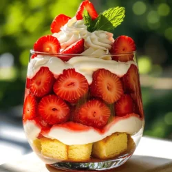 To make a tasty Strawberry Shortcake Trifle, gather these main ingredients: - 2 cups strawberries, hulled and sliced - 3 tablespoons granulated sugar (divided) - 1 pound pound cake, cut into cubes - 2 cups whipped cream (or homemade whipped cream) - 1 teaspoon vanilla extract The strawberries add a sweet and juicy burst. The pound cake gives a soft texture. The whipped cream adds lightness and creaminess to each bite. If you want a richer flavor, consider adding: - ½ cup Greek yogurt (optional, for added creaminess) This yogurt makes the trifle even creamier. It also adds a slight tang that balances the sweet flavors. To make your trifle look beautiful, add these garnishes: - Fresh mint leaves for garnish (optional) - Extra strawberry slices for topping (optional) Mint leaves offer a bright color and fresh flavor. Extra strawberries provide a lovely final touch. This will impress anyone who sees your dessert. For a full recipe, check out the complete details to make this delightful treat. To start, we want our strawberries to shine. Take 2 cups of fresh strawberries and hull them. This means you remove the green tops and the white part inside. Next, slice them into thin pieces. In a medium bowl, mix the sliced strawberries with 1 tablespoon of granulated sugar. This sugar helps draw out the juice from the berries. Toss them gently, then set the bowl aside for about 15 minutes. This waiting time lets the strawberries become sweet and juicy, perfect for our trifle. While the strawberries sit, let’s make the whipped cream mixture. In another bowl, add 2 cups of whipped cream. If you want to make it from scratch, whip heavy cream until it forms soft peaks. Add 2 tablespoons of granulated sugar and 1 teaspoon of vanilla extract. If you like, you can stir in ½ cup of Greek yogurt for extra creaminess. Gently fold these ingredients together. Be careful not to mix too hard; we want the cream to stay light and airy. Now comes the fun part: assembling the trifle! Grab a large trifle dish or individual glasses. Start with a layer of the pound cake cubes at the bottom. Use enough to cover the bottom well. Next, add a layer of those macerated strawberries. Make sure to include all the tasty juice! After that, spoon on a layer of the whipped cream mixture. Repeat these layers until all ingredients are used. Finish with a lovely layer of whipped cream on top. For a touch of beauty, add a few fresh strawberry slices and mint leaves for garnish. This trifle is now ready to impress! You can find the full recipe at the end of this section. When you layer your trifle, start with cake cubes. This gives a nice base. Next, add the strawberries. Their juices will soak into the cake, making it moist. Then, spoon on the whipped cream mixture. Repeat these layers until you reach the top. Keep the last layer as whipped cream for a pretty finish. Use clear glasses for individual servings. This shows off the beautiful layers. To make great whipped cream, start with cold tools. Chill your bowl and beaters in the fridge for a bit. Use heavy cream for the best results. Whip the cream until soft peaks form. This means it should hold its shape but still be smooth. Add sugar and vanilla while mixing. Be careful not to over-whip. If you do, it can turn into butter! Presentation is key for a trifle. Add fresh mint leaves on top for color. You can also use extra strawberry slices to make it pop. Serve in clear bowls so others can admire the layers. You can even drizzle some extra strawberry juice on top for added flair. A beautiful trifle not only tastes great but looks amazing too. Enjoy your creative masterpiece! {{image_2}} You can switch up the fruit in your trifle. Try using blueberries, raspberries, or even peaches. Each fruit adds its unique taste. Mixing berries can create a fun flavor burst. You can also add some citrus zest for a refreshing twist. This keeps your dessert fresh and exciting. The classic choice is pound cake, but you can use other cakes too. Angel food cake is light and airy, perfect for this dessert. You could also use sponge cake for a softer texture. If you want a richer flavor, chocolate cake works well. Experiment with different cakes to find your favorite. You can elevate your whipped cream in many ways. Add a splash of almond extract for a nutty taste. A bit of cocoa powder will give it a chocolate flavor. For a fruity twist, mix in some orange zest or a few drops of strawberry puree. These small changes can add depth to your trifle. To store leftover trifle, cover it tightly. You can use plastic wrap or a lid. This keeps the trifle fresh and safe from odors. If you store it well, you can enjoy it for a few days. Always refrigerate your trifle. The cool air keeps the whipped cream and strawberries fresh. Make sure it stays at a temperature below 40°F. If you plan to eat it later, eat it within three days for the best taste. I do not recommend freezing your trifle. The whipped cream may lose its fluffy texture. The strawberries can also become mushy. If you must freeze it, separate the layers first. You can freeze the cake and strawberries, but enjoy the whipped cream fresh. For the best experience, prepare the trifle just before serving. For the full recipe, follow the steps above. Yes, you can prepare the trifle a day in advance. This helps the flavors mix well. Just layer the cake, strawberries, and cream as usual. Cover it with plastic wrap and store it in the fridge. This method keeps your dessert fresh and tasty. Strawberry Shortcake Trifle lasts about three days in the fridge. After that, the cake may become soggy. Keep it covered to keep it fresh. Always check for any signs of spoilage before serving. If you need a substitute for whipped cream, try using Greek yogurt. It adds a creamy texture and a bit of tang. You can also use Cool Whip or any non-dairy whipped topping. For a fun twist, try mascarpone cheese mixed with a little milk for creaminess. For the full recipe, check the section above. You learned how to make a delicious Strawberry Shortcake Trifle. We noted key ingredients, from strawberries to whipped cream. I shared tips for perfect layering and serving. We also explored fun variations and important storage info. Remember, trifle is flexible. You can swap fruits or cakes as you wish. Enjoy creating your version of this treat! Your family and friends will love it.