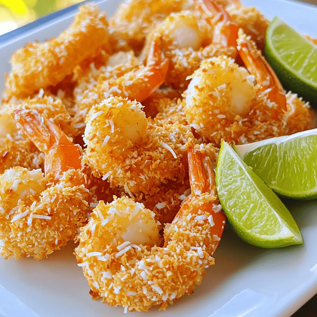 - 1 pound large shrimp, peeled and deveined - 1 cup all-purpose flour - 2 large eggs, beaten - 1 teaspoon garlic powder - 1 teaspoon paprika - Salt and pepper to taste - 1 cup shredded unsweetened coconut - 1 cup panko breadcrumbs - Oil for frying (coconut or vegetable oil) When I prepare crispy coconut shrimp, I choose large shrimp for the best texture. The flour helps the coating stick well. Beaten eggs add moisture and richness. Garlic powder and paprika bring depth to the flavor. You can adjust salt and pepper to suit your taste. For the coating, I love using unsweetened coconut. It gives a great crunch without adding extra sweetness. Panko breadcrumbs are key for that perfect crispy bite. When frying, I prefer coconut oil for its light flavor. However, vegetable oil works just as well. You can find the full recipe at the end of this article. Enjoy the process of creating this delicious dish! - Rinse and pat dry the shrimp. - Set aside the prepared shrimp. Start by rinsing your shrimp under cold water. This helps remove any grit or residue. After rinsing, use paper towels to pat them dry. This step is key to making sure the coating sticks well. Once your shrimp are dry, set them aside. They are now ready for the next steps. - Mix flour, garlic powder, paprika, salt, and pepper. - Prepare beaten eggs in a separate bowl. - Combine coconut and panko in a third bowl. Next, let’s create a dredging station. In a shallow bowl, mix together your flour, garlic powder, paprika, salt, and pepper. This will add great flavor. In another bowl, beat your eggs until mixed well. In a third bowl, combine shredded coconut and panko breadcrumbs. The panko adds crunch, while the coconut gives a sweet twist. - Dip shrimp in flour, then eggs, and finally coconut mixture. - Heat oil in a deep skillet or frying pan. - Fry shrimp until golden brown, about 2-3 minutes per side. Now, it’s time to coat the shrimp. Take one shrimp and dip it into the flour mixture. Shake off any extra flour. Next, dip it into the beaten eggs. Let any excess egg drip off. Finally, dredge it in the coconut and panko mix. Press lightly to help it stick. For frying, heat oil in a deep skillet or frying pan. You want about half an inch of oil. The oil is ready when a little piece of shrimp sizzles in it. Carefully add a few shrimp to the hot oil. Fry them for about 2-3 minutes on each side or until they turn golden brown. Once done, place the shrimp on a paper towel-lined plate to drain any extra oil. Enjoy your crispy treats! You can find the full recipe in the earlier section. To get that perfect crunch, the oil temperature is key. Heat your oil to about 350°F (175°C). You can test it by dropping a small piece of shrimp in. If it sizzles, it’s ready. Avoid overcrowding the pan when frying. Cook in small batches. This keeps the oil hot and the shrimp crispy. If you add too many at once, the temperature drops. Crispy coconut shrimp pairs well with many sides. Try a fresh tropical salad or coleslaw for a bright touch. For dips, a sweet chili sauce works wonders. You can also serve it with a lime wedge for a zesty kick. Baking is a great alternative to frying. Preheat your oven to 425°F (220°C) and place the shrimp on a baking sheet. Bake for about 15-20 minutes, flipping halfway through. For a lighter version, swap the panko breadcrumbs with crushed nuts or oats. These options add crunch while reducing calories. You can find the full recipe for crispy coconut shrimp in the previous sections. Enjoy these tips and get creative in your kitchen! {{image_2}} You can add fun flavors to your coconut shrimp. For a spicy kick, mix sriracha with your egg wash. This will give your shrimp a nice heat. To add a tropical twist, try including crushed pineapple in your coconut mix. This adds sweetness and a fruity touch. Both options will make your shrimp even more tasty and exciting. If you're gluten-free, use almond flour instead of all-purpose flour. It still gives a great crunch. You can also use crushed cornflakes for the coating. If you want to swap shrimp for another fish, try using firm white fish like cod. Cut it into pieces that are similar in size to shrimp for even cooking. These swaps will help you enjoy coconut shrimp in different ways. Coconut shrimp can be served in many fun ways. One idea is to make coconut shrimp tacos. Use soft tortillas, crunchy slaw, and a drizzle of lime. It’s a delicious meal! Another option is to make a salad. Toss mixed greens with mango, avocado, and crispy shrimp. This adds color and freshness. Both styles are sure to impress your friends and family. For the full recipe, check out the detailed instructions above. To keep your crispy coconut shrimp fresh, follow these simple steps. Place the shrimp in an airtight container. Make sure they cool down first. Then, seal the container tightly. Store it in the fridge. This method helps maintain flavor and texture. If you have more than you can eat, consider freezing them. To freeze leftover shrimp, lay them in a single layer on a baking sheet. Make sure they are not touching. Freeze for about one hour. Once they are firm, transfer them to a freezer-safe bag. Remove as much air as possible before sealing. This way, they will stay fresh and tasty for a longer time. When you want to enjoy your shrimp again, reheating is key. I recommend using an oven for the best results. Preheat your oven to 350°F (175°C). Spread the shrimp on a baking sheet in a single layer. Bake for about 10 minutes, or until heated through. This method helps keep them crispy. Avoid microwaving them, as this can make them soggy. If you must use a microwave, place a paper towel under the shrimp. This can help absorb moisture, but it's not the best method. How long will your crispy coconut shrimp last? In the fridge, they will stay good for about 3 days. Make sure to check for any off smells or changes in color. If you freeze them, they can last up to 2 months. Always label your containers with the date. This makes it easy to know when to use them. For more detailed instructions, check the Full Recipe. To keep your coconut shrimp crispy, avoid stacking them. Place them in a single layer on a wire rack. This allows air to circulate around them, keeping them dry. If you need to hold them for a while, set your oven to a low temperature, around 200°F. This way, your shrimp stay warm and crispy until serving. You can prepare coconut shrimp ahead of time. Coat the shrimp in the flour, egg, and coconut mixture. Then, place the coated shrimp on a baking sheet. Cover them and store them in the fridge for a few hours. Fry them just before serving for the best texture and taste. A sweet chili sauce is a classic choice with coconut shrimp. Its sweetness pairs well with the crispiness. You can also try a tangy mango salsa for a fresh kick. If you prefer, mix soy sauce with a bit of lime juice for a zesty dip. Crispy coconut shrimp is a delight you can easily make. You learned about the main ingredients, the step-by-step instructions, and tips for perfecting the dish. I shared flavor variations and storage tips to help you enjoy these shrimp longer. Remember, frying at the right temperature keeps them crispy. You can also try different dips to enhance the flavors. Whether for a meal or snack, this dish shines. Enjoy cooking your crispy coconut shrimp and impress everyone at your table!