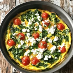 - 6 large eggs - 1 cup fresh spinach, chopped - 1 cup cherry tomatoes, halved - 1/2 cup feta cheese, crumbled - 1 small onion, diced - 2 cloves garlic, minced - 1/4 teaspoon red pepper flakes (optional) - Salt and pepper to taste - 2 tablespoons olive oil - Fresh herbs for garnish (like parsley or basil) When I make a spinach tomato feta frittata, I choose fresh, vibrant ingredients. The eggs serve as the base, giving the dish its structure. I use six large eggs, whisking them until they are well blended. Fresh spinach adds color and nutrition. One cup of chopped spinach makes a big difference. Cherry tomatoes bring sweetness and a burst of flavor. Halving one cup of these bright gems allows their juices to mix with the eggs. Feta cheese crumbles easily and adds a salty, creamy touch. I use half a cup to create that perfect balance. Next, I add flavor with a small diced onion and minced garlic. They cook well together, building a strong foundation for the frittata. If you like a little heat, add a pinch of red pepper flakes. Season with salt and pepper to enhance all the flavors. Lastly, cooking essentials include two tablespoons of olive oil. This helps to sauté the veggies and prevents sticking. I love adding fresh herbs like parsley or basil as a garnish. They brighten the dish and add a nice finish. If you want the full details, check the Full Recipe for more tips and precise measurements. - Preheat your oven to 375°F (190°C). - In a large oven-safe skillet, heat 2 tablespoons of olive oil over medium heat. - Add 1 small diced onion and sauté until it turns translucent, about 3 minutes. - Next, add 2 minced cloves of garlic and 1/4 teaspoon of red pepper flakes. Cook for 1 minute until fragrant. - Stir in 1 cup of chopped spinach and cook until wilted, about 2-3 minutes. - In a bowl, whisk together 6 large eggs, salt, and pepper. Pour this egg mix over the veggies in the skillet. - Top with 1 cup of halved cherry tomatoes and 1/2 cup of crumbled feta. - Cook on the stovetop for about 3-4 minutes without stirring. This helps the edges set. - Transfer the skillet to the preheated oven and bake for 15-20 minutes. The frittata should puff up and turn golden. - Once done, remove from the oven and let it cool briefly. Slice into wedges and garnish with fresh herbs. - You can find the full recipe above for detailed instructions and tips. To get the best frittata, spread the ingredients evenly. This helps with even cooking. After baking, let the frittata sit for a few minutes. This makes slicing easier and neater. Feel free to mix it up with different veggies. Bell peppers or zucchini can add new flavors. If you want a change from feta, try goat cheese or cheddar. Each cheese gives a unique taste that can brighten your dish. One big mistake is overcooking the eggs. The eggs should be fluffy, not rubbery. Also, don’t overcrowd the pan. Too many ingredients can make it hard to cook evenly. Enjoy the full recipe to see how to avoid these errors and make your frittata perfect! {{image_2}} You can switch up this frittata for a vegetarian twist. Adding seasonal veggies like asparagus or mushrooms brightens the dish. Just chop them up and mix them in with the spinach. If you want a vegan version, you can use egg substitutes like silken tofu or chickpea flour. Adding nutritional yeast gives it that cheesy flavor without the dairy. For a heartier meal, consider adding cooked bacon or sausage. Just crumble them into the mix before baking. If you want to keep it plant-based, chickpeas are a great choice. They add texture and protein while keeping the dish satisfying. To elevate the taste, sprinkle in spices like smoked paprika or herbs de Provence. They add depth to every bite. You can also play with different cheeses. Try goat cheese or mozzarella for a unique flavor profile. Each cheese brings its own taste, making your frittata even more delightful. You can find the full recipe above to enjoy this easy and tasty dish! To keep your frittata fresh, allow it to cool first. Place it in an airtight container. This keeps moisture out and flavors in. If you stack slices, use parchment paper between layers. This prevents them from sticking together. You can store your frittata in the fridge for up to 3-4 days. If you want to save it longer, freeze portions. This makes for easy meals later. Just remember to thaw it overnight in the fridge before reheating. For the best texture, reheat your frittata in the oven. This keeps it fluffy and avoids sogginess. Set your oven to 350°F (175°C) and heat until warm. Pair it with a fresh side salad for a complete meal. Enjoy your delicious Spinach Tomato Feta Frittata! For the complete recipe, check out the Full Recipe section. You can tell a frittata is done by looking for a puffed top. When you insert a knife into the center, it should come out clean. This means the eggs are fully cooked and set. If it jiggles, give it a bit more time in the oven. Yes, you can make a frittata a day in advance. Just let it cool and then store it in the fridge. This makes it a great option for meal prep. When you're ready to eat, you can reheat it in the oven or on the stovetop. Pair your frittata with a light salad or some crusty bread. This adds freshness and texture to your meal. You can also serve it with fresh fruit for a sweet touch. If you want a heartier meal, try serving it with roasted potatoes. For the full recipe, check out the Spinach Tomato Feta Frittata section. In this blog post, we explored the flavors and steps to create a delicious spinach, tomato, and feta frittata. From essential ingredients to helpful tips, you have the knowledge to make this dish shine. Remember to experiment with veggies and cheese for new tastes. Follow the storage tips for easy meal prep later. With practice, your frittata will be a hit every time. Enjoy making and sharing this tasty dish!
