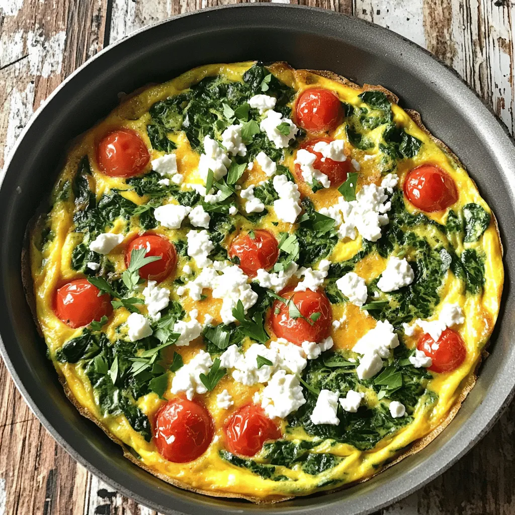 - 6 large eggs - 1 cup fresh spinach, chopped - 1 cup cherry tomatoes, halved - 1/2 cup feta cheese, crumbled - 1 small onion, diced - 2 cloves garlic, minced - 1/4 teaspoon red pepper flakes (optional) - Salt and pepper to taste - 2 tablespoons olive oil - Fresh herbs for garnish (like parsley or basil) When I make a spinach tomato feta frittata, I choose fresh, vibrant ingredients. The eggs serve as the base, giving the dish its structure. I use six large eggs, whisking them until they are well blended. Fresh spinach adds color and nutrition. One cup of chopped spinach makes a big difference. Cherry tomatoes bring sweetness and a burst of flavor. Halving one cup of these bright gems allows their juices to mix with the eggs. Feta cheese crumbles easily and adds a salty, creamy touch. I use half a cup to create that perfect balance. Next, I add flavor with a small diced onion and minced garlic. They cook well together, building a strong foundation for the frittata. If you like a little heat, add a pinch of red pepper flakes. Season with salt and pepper to enhance all the flavors. Lastly, cooking essentials include two tablespoons of olive oil. This helps to sauté the veggies and prevents sticking. I love adding fresh herbs like parsley or basil as a garnish. They brighten the dish and add a nice finish. If you want the full details, check the Full Recipe for more tips and precise measurements. - Preheat your oven to 375°F (190°C). - In a large oven-safe skillet, heat 2 tablespoons of olive oil over medium heat. - Add 1 small diced onion and sauté until it turns translucent, about 3 minutes. - Next, add 2 minced cloves of garlic and 1/4 teaspoon of red pepper flakes. Cook for 1 minute until fragrant. - Stir in 1 cup of chopped spinach and cook until wilted, about 2-3 minutes. - In a bowl, whisk together 6 large eggs, salt, and pepper. Pour this egg mix over the veggies in the skillet. - Top with 1 cup of halved cherry tomatoes and 1/2 cup of crumbled feta. - Cook on the stovetop for about 3-4 minutes without stirring. This helps the edges set. - Transfer the skillet to the preheated oven and bake for 15-20 minutes. The frittata should puff up and turn golden. - Once done, remove from the oven and let it cool briefly. Slice into wedges and garnish with fresh herbs. - You can find the full recipe above for detailed instructions and tips. To get the best frittata, spread the ingredients evenly. This helps with even cooking. After baking, let the frittata sit for a few minutes. This makes slicing easier and neater. Feel free to mix it up with different veggies. Bell peppers or zucchini can add new flavors. If you want a change from feta, try goat cheese or cheddar. Each cheese gives a unique taste that can brighten your dish. One big mistake is overcooking the eggs. The eggs should be fluffy, not rubbery. Also, don’t overcrowd the pan. Too many ingredients can make it hard to cook evenly. Enjoy the full recipe to see how to avoid these errors and make your frittata perfect! {{image_2}} You can switch up this frittata for a vegetarian twist. Adding seasonal veggies like asparagus or mushrooms brightens the dish. Just chop them up and mix them in with the spinach. If you want a vegan version, you can use egg substitutes like silken tofu or chickpea flour. Adding nutritional yeast gives it that cheesy flavor without the dairy. For a heartier meal, consider adding cooked bacon or sausage. Just crumble them into the mix before baking. If you want to keep it plant-based, chickpeas are a great choice. They add texture and protein while keeping the dish satisfying. To elevate the taste, sprinkle in spices like smoked paprika or herbs de Provence. They add depth to every bite. You can also play with different cheeses. Try goat cheese or mozzarella for a unique flavor profile. Each cheese brings its own taste, making your frittata even more delightful. You can find the full recipe above to enjoy this easy and tasty dish! To keep your frittata fresh, allow it to cool first. Place it in an airtight container. This keeps moisture out and flavors in. If you stack slices, use parchment paper between layers. This prevents them from sticking together. You can store your frittata in the fridge for up to 3-4 days. If you want to save it longer, freeze portions. This makes for easy meals later. Just remember to thaw it overnight in the fridge before reheating. For the best texture, reheat your frittata in the oven. This keeps it fluffy and avoids sogginess. Set your oven to 350°F (175°C) and heat until warm. Pair it with a fresh side salad for a complete meal. Enjoy your delicious Spinach Tomato Feta Frittata! For the complete recipe, check out the Full Recipe section. You can tell a frittata is done by looking for a puffed top. When you insert a knife into the center, it should come out clean. This means the eggs are fully cooked and set. If it jiggles, give it a bit more time in the oven. Yes, you can make a frittata a day in advance. Just let it cool and then store it in the fridge. This makes it a great option for meal prep. When you're ready to eat, you can reheat it in the oven or on the stovetop. Pair your frittata with a light salad or some crusty bread. This adds freshness and texture to your meal. You can also serve it with fresh fruit for a sweet touch. If you want a heartier meal, try serving it with roasted potatoes. For the full recipe, check out the Spinach Tomato Feta Frittata section. In this blog post, we explored the flavors and steps to create a delicious spinach, tomato, and feta frittata. From essential ingredients to helpful tips, you have the knowledge to make this dish shine. Remember to experiment with veggies and cheese for new tastes. Follow the storage tips for easy meal prep later. With practice, your frittata will be a hit every time. Enjoy making and sharing this tasty dish!