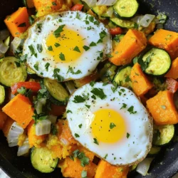 - 2 medium sweet potatoes, peeled and diced - 2 medium zucchinis, diced - 1 red bell pepper, diced - 1 small onion, finely chopped - 3 cloves garlic, minced - 1 teaspoon smoked paprika - 1 teaspoon cumin - 2 tablespoons olive oil - Salt and pepper to taste - Fresh parsley, chopped (for garnish) - 2 eggs (for topping) When I make Zucchini and Sweet Potato Hash, I focus on fresh, vibrant ingredients. Sweet potatoes provide a sweet base. They pair perfectly with the earthy zucchini. The red bell pepper adds a nice crunch. A small onion and garlic bring depth to the dish. Each of these ingredients works together to create a lovely blend of flavors. The seasoning is key. Smoked paprika adds warmth. Cumin gives it a unique twist. I use olive oil to sauté the veggies, which also adds richness. Don't forget to season with salt and pepper to taste. Fresh parsley on top makes it pretty and fresh. If you want to make it heartier, add eggs on top. A fried or poached egg can elevate your meal. It adds protein and richness. You can find the full recipe to guide you through the steps of making this dish. Feel free to play around with these ingredients. The beauty of cooking is that you can make it your own. - Heat 2 tablespoons of olive oil in a skillet over medium heat. - Add 2 medium sweet potatoes, peeled and diced. Season with salt and pepper. Cook for 10-12 minutes. Stir often until they soften and brown slightly. - Next, add 1 small onion, finely chopped, and 3 cloves of minced garlic to the skillet. - Sauté them for about 2-3 minutes until the onion turns translucent. - Now, stir in 2 medium zucchinis, diced, and 1 red bell pepper, diced. - Cook this mixture for an additional 5-7 minutes until the vegetables become tender. - Sprinkle in 1 teaspoon of smoked paprika and 1 teaspoon of cumin. - Mix well and let everything cook for another 2-3 minutes. Adjust seasoning with more salt and pepper as needed. - If you want eggs, cook 2 eggs in a separate pan to your liking, either fried or poached. - Once everything is cooked and golden, remove the skillet from heat. - Serve the zucchini and sweet potato hash warm, topped with the cooked egg if using. Garnish with fresh parsley. For the complete cooking directions and more tips, check the Full Recipe. To get the best texture, cook each vegetable for the right time. Sweet potatoes take about 10-12 minutes to soften. Zucchini and bell peppers need just 5-7 minutes. If you cook them too long, they can turn mushy. Stir occasionally to keep them from sticking. This helps them cook evenly and stay firm. For a flavor boost, try adding a pinch of cayenne pepper or some garlic powder. Both add a nice kick. Fresh herbs like thyme or oregano also work well. You can sprinkle them on right before serving. For a fresh touch, consider garnishing with chopped parsley. This adds color and taste. Zucchini and sweet potato hash pairs well with eggs. You can fry, poach, or scramble them. This makes for a hearty breakfast. You can enjoy it with toast or avocado slices, too. To make it a full meal, add a side salad or some grilled chicken. This gives you a healthy and filling option any time of day. Check out the Full Recipe for more details! {{image_2}} You can switch sweet potatoes with butternut squash. Butternut squash adds a sweet and nutty taste. You can also try different peppers. Bell peppers or jalapeños add great color and flavor. For a vegan version, skip the eggs. Replace eggs with avocado slices or nutritional yeast. Gluten-free eaters can enjoy this dish without worry. Just ensure all your seasonings are gluten-free. You can bake this hash in the oven. Spread the veggies on a baking sheet and roast at 400°F for about 25 minutes. If you need a quick meal, use the microwave. Place the hash in a microwave-safe bowl and heat for 5-7 minutes, stirring halfway through. For the full recipe, check out Zesty Zucchini and Sweet Potato Hash. To store leftovers, let the hash cool completely. Place it in an airtight container. Glass or plastic containers work well. You can keep it in the fridge for up to three days. To freeze the hash, first cool it down. Transfer it into freezer-safe bags or containers. Press out any air to prevent freezer burn. When ready to eat, thaw it in the fridge overnight. Reheat in a skillet over medium heat or microwave until hot. In the fridge, the hash lasts about three days. If you freeze it, it can stay good for three months. After that, it may lose flavor and texture. Always check for any signs of spoilage before use. For the full recipe, visit the earlier sections. Yes, you can prepare this dish in advance. Just cook the hash and let it cool. Store it in a sealed container in the fridge. It stays fresh for about three days. When you're ready to eat, just reheat it in a skillet. This saves time on busy mornings. This hash pairs well with many sides. Try fresh fruit, avocado slices, or a green salad. For drinks, a light juice or herbal tea enhances the meal. If you want something warm, serve it with a cup of coffee or tea. Yes, this recipe is great for meal prep. You can portion it into containers for easy lunches. Make sure to let it cool before storing. Label your containers with the date. This way, you know how long they last. Cut the vegetables to similar sizes for even cooking. Dice sweet potatoes small, about half an inch. Zucchini and peppers can be slightly larger. Start cooking the sweet potatoes first, as they take longer. Stir often for best results. Absolutely! You can add cooked chicken, sausage, or beans to the mix. Just toss them in during the last few minutes of cooking. This adds flavor and makes the dish heartier. You can also top it with a fried or poached egg for extra protein. For more details, check out the Full Recipe. This blog post explored a tasty Zucchini and Sweet Potato Hash. We covered the main ingredients, cooking steps, and helpful tips. You learned options for variations and storage methods too. This dish is versatile and fun to make. With simple changes, you can match your taste. Enjoy cooking, and don’t hesitate to try new ingredients. You can create a meal that everyone loves!
