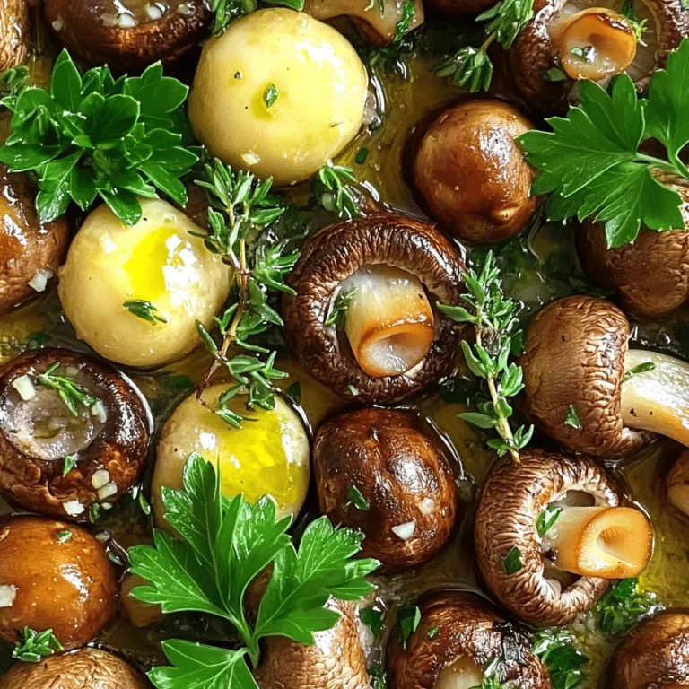 - 1 lb (450g) mixed mushrooms (cremini, button, shiitake) - 4 cloves garlic, minced - 3 tablespoons olive oil - 1 tablespoon fresh thyme leaves (or 1 teaspoon dried thyme) - 1 tablespoon fresh rosemary, chopped (or 1 teaspoon dried rosemary) - 1 teaspoon sea salt - 1/2 teaspoon black pepper - Juice of 1 lemon - Chopped fresh parsley for garnish You can swap mushrooms for others like portobello or oyster. Use any olive oil, like garlic-infused oil, for extra flavor. If you lack fresh herbs, dried thyme and rosemary work well. To make this dish, you need a baking sheet, parchment paper, and a mixing bowl. These tools help mix and roast the mushrooms perfectly. This list covers everything you need to create Garlic Herb Roasted Mushrooms. For the complete cooking steps, check out the Full Recipe. 1. First, preheat your oven to 425°F (220°C). This helps your mushrooms roast perfectly. 2. In a large mixing bowl, add the cleaned and halved mushrooms. Next, add the minced garlic, olive oil, thyme, rosemary, sea salt, and black pepper. This mix brings great flavor. 3. Squeeze the lemon juice over the mixture. Toss everything together until the mushrooms are well coated. Each bite should burst with flavor. 1. Spread the mushrooms in a single layer on a baking sheet lined with parchment paper. This makes cleanup easier. 2. Roast the mushrooms for about 20-25 minutes. Stir them halfway through cooking for even browning. You want them golden brown and tender. 1. Once done, remove the mushrooms from the oven and let them cool slightly. 2. Transfer them to a serving platter. Garnish with chopped fresh parsley for a pop of color. 3. Serve these warm as a side dish or on top of grilled meats. A sprinkle of extra herbs can make them look even better. For the complete process, check the Full Recipe. To get the best texture from your mushrooms, start with the right type. I love using mixed mushrooms like cremini, button, and shiitake. They create a lovely mix of flavors. Clean them well, but don't soak them in water. This helps keep their texture firm. Cut the mushrooms in half to allow for even cooking. When they roast, they will caramelize nicely. Even roasting is key. Spread the mushrooms in a single layer on the baking sheet. This way, they won’t steam but will brown beautifully. Want to add extra flavor? Consider drizzling balsamic vinegar over the mushrooms before roasting. It gives a tangy kick that pairs well with garlic. You can also sprinkle some grated Parmesan cheese on top just before serving. Feel free to customize herbs and spices based on your taste. Try adding a pinch of red pepper flakes for heat or oregano for an earthy touch. The options are endless! If you have a convection oven, reduce the temperature by 25°F. This helps the mushrooms cook evenly. Always keep an eye on them. Roasting time can vary based on the size of your mushrooms. Start checking around 20 minutes. To assure they cook properly, stir them halfway through. This helps them brown evenly and avoids soggy spots. Always monitor the cooking time for the best results. Enjoy your Garlic Herb Roasted Mushrooms with confidence! For the full recipe, refer to the section above. {{image_2}} You can use different types of mushrooms for this dish. Each type brings unique flavors. You might try a mix of wild mushrooms, like chanterelles or morels. These mushrooms add an earthy taste that pairs well with garlic and herbs. You can also mix in portobello mushrooms for a meaty texture. Just remember to cut them into bite-sized pieces for even cooking. Seasonal herbs and vegetables can change the flavor profile. For spring, try adding fresh asparagus or peas for a pop of color. In summer, you can mix in cherry tomatoes for sweetness. In fall, consider using sage or thyme. Winter is great for rosemary or even a touch of citrus zest. This keeps your dish fresh and exciting throughout the year. You can easily adapt this recipe to suit your needs. To make it vegan, just ensure you use vegetable broth instead of any meat-based options. For a gluten-free dish, this recipe is already safe, but always check your ingredients. You can also swap the olive oil with a nut oil for added flavor. These changes make the recipe flexible and welcoming for everyone. For the full recipe, check out the [Full Recipe]. To keep your Garlic Herb Roasted Mushrooms fresh, store them in an airtight container. Place them in the fridge for up to three days. If you want to save them longer, freeze the mushrooms. Spread them on a baking sheet first, then freeze until firm. After that, transfer them to a freezer-safe bag. They can last up to three months in the freezer. Reheat your mushrooms gently to keep their texture. Use the oven or a pan on low heat. If using the oven, preheat it to 350°F (175°C). Spread the mushrooms on a baking sheet and heat for about 10 minutes. If using a pan, add a splash of olive oil and stir them over medium heat for about five minutes. Garlic Herb Roasted Mushrooms stay fresh for about three days in the fridge. If frozen, they are best used within three months. After that, they may lose flavor and texture. Always check for any signs of spoilage before eating. How do I make Garlic Herb Roasted Mushrooms vegan? To make Garlic Herb Roasted Mushrooms vegan, simply use olive oil as your fat source. The recipe is already plant-based since it contains no animal products. Can I use dried herbs instead of fresh? Yes, you can use dried herbs instead of fresh. Just remember to use less since dried herbs are stronger. For example, use 1 teaspoon of dried thyme rather than 1 tablespoon of fresh thyme. What dishes pair well with Garlic Herb Roasted Mushrooms? Garlic Herb Roasted Mushrooms taste great with grilled meats, pasta, or in salads. They also work well as a topping for pizza or bruschetta. What should I do if my mushrooms are watery? If your mushrooms are watery, make sure to dry them well before cooking. Pat them with a paper towel. Roasting them at a high temperature helps reduce moisture too. Can I prepare the mushrooms ahead of time? Yes, you can prepare the mushrooms ahead of time. Toss them with oil and herbs, then store them in the fridge for up to 24 hours. Roast them when you're ready to serve. What types of mushrooms are best for roasting? I recommend using mixed mushrooms like cremini, button, and shiitake. They add great flavor and texture to your dish. Is it necessary to peel mushrooms before cooking? No, you do not need to peel mushrooms before cooking. Just clean them with a damp cloth to remove dirt. This keeps their flavor and nutrients intact. This blog post shared a simple recipe for Garlic Herb Roasted Mushrooms. We explored key ingredients, helpful kitchen tools, and step-by-step instructions. You learned useful tips for cooking, flavor enhancements, and variations to suit your taste. Remember, the right techniques can make a big difference. Enjoy experimenting with mushroom blends, seasonal herbs, and storage tips. I hope this recipe inspires you to cook more with mushrooms. Every bite can be a delight!
