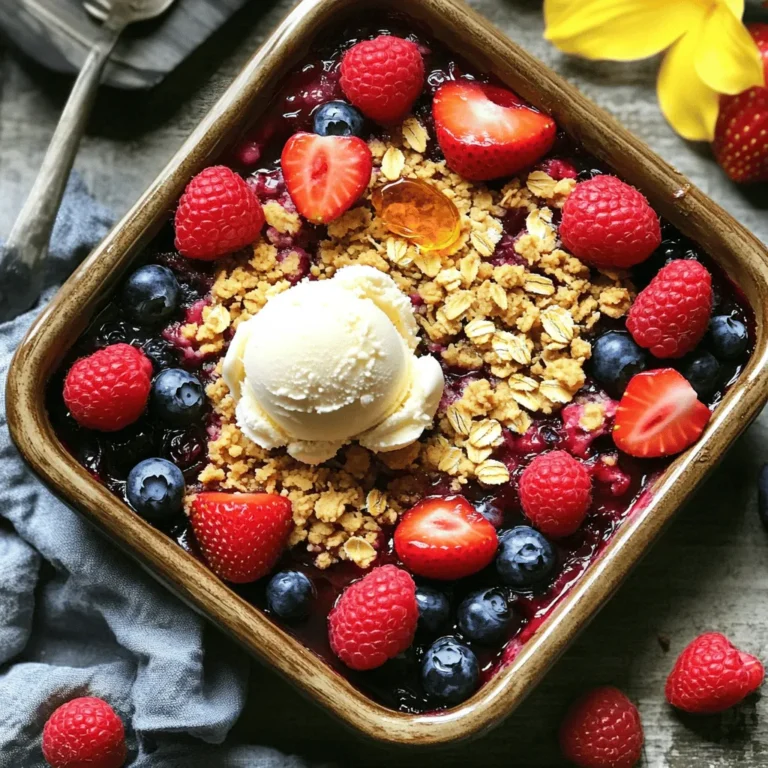 - 1 cup strawberries, hulled and quartered - 1 cup blueberries - 1 cup raspberries You need fresh berries for this recipe. Strawberries bring sweetness, while blueberries add a juicy burst. Raspberries add a slight tartness. This mix creates a balanced flavor. - 2 tablespoons honey or maple syrup - 1 teaspoon vanilla extract Honey or maple syrup sweetens the berries. Choose one based on your taste. Vanilla extract adds a warm flavor. It makes the whole dish more inviting. - 1 cup rolled oats - 1/2 cup all-purpose flour - 1/2 cup brown sugar - 1/4 cup unsalted butter, melted - 1 teaspoon cinnamon - 1/4 teaspoon salt The topping gives the crisp its name. Rolled oats provide a hearty texture. Flour and brown sugar add richness and sweetness. Melted butter helps everything stick together. Cinnamon adds warmth, while a pinch of salt brightens the flavors. For the full recipe, check out the complete guide. 1. Preheat your oven to 350°F (175°C). 2. In a large mixing bowl, combine the strawberries, blueberries, and raspberries. Drizzle the honey or maple syrup and vanilla extract over the berries. Gently toss to coat. Pour the berry mixture into a greased 8x8 inch baking dish. 3. In another bowl, mix together the rolled oats, flour, brown sugar, melted butter, cinnamon, and salt. Stir until the mixture is crumbly and well combined. 4. Evenly layer the berry mixture in the baking dish. Sprinkle the oat mixture over the berries. 5. Bake in the preheated oven for 30-35 minutes. The topping should turn golden brown, and the berries will bubble. For the full recipe, check out the details above! - Use fresh berries for the best taste. - Ensure berries are evenly coated with honey and vanilla. This helps them bake well. - Check your oven’s temperature. Every oven is different; adjust baking time if needed. - Serve warm with a scoop of vanilla ice cream. The cold ice cream pairs well with the warm crisp. - For a nice look, garnish with whole berries on top. This adds color and freshness. - Use an 8x8 inch baking dish for the best results. This size lets the crisp bake evenly. - A large mixing bowl is great for combining the berry mix. A spoon works well for mixing too. - A pastry cutter is useful for making the oat topping crumbly. {{image_2}} You can mix things up with different berries. Swap strawberries, blueberries, or raspberries for whatever is in season. Blackberries, cherries, or even peaches work well too. Each fruit adds its own flavor. Just make sure to keep the total amount the same. This way, your crisp stays balanced and tasty. If you need a gluten-free option, it's easy to adapt. Use gluten-free flour and oats instead of regular ones. This keeps the crisp delicious while allowing everyone to enjoy it. Just check the labels to ensure they are certified gluten-free. Enjoying dessert should be fun for everyone! You can also change the sweetener. Try using agave nectar or fruit preserves instead of honey or maple syrup. Each sweetener brings a different flavor profile. Agave is milder, while fruit preserves add a fruity punch. Experiment with what you like best. Sweetness can shift the whole taste of your Triple Berry Crisp, so have fun with it! For the complete recipe, check out [Full Recipe]. To keep your Triple Berry Crisp fresh, let it cool first. Place it in an airtight container. This helps maintain its taste and texture. Store it in the fridge for up to three days. Glass or plastic containers work well for storage. When you want to enjoy your crisp again, reheat it in the oven. Preheat the oven to 350°F (175°C). Place the leftover crisp in a baking dish. Cover it with foil to keep it moist. Heat for about 15-20 minutes. You can also microwave it for a quick fix. Heat in short bursts, about 30 seconds at a time. To freeze your Triple Berry Crisp, cut it into portions. Wrap each piece in plastic wrap. Then, place the wrapped portions in a freezer bag. Squeeze out as much air as you can. It will keep well for up to three months. When you’re ready to eat, thaw it in the fridge overnight. Reheat it in the oven as noted above for the best taste. Yes, you can make Triple Berry Crisp ahead of time. Prepare the berry mix and the crisp topping separately. Store the berry mix in the fridge for up to two days. Keep the topping in an airtight container. When you are ready to bake, layer them in a dish and bake as directed. This method saves time and keeps the crisp fresh. You have several options to replace brown sugar: - White sugar: Use the same amount. - Coconut sugar: Use the same amount. - Honey: Use ¾ cup for every cup of brown sugar. - Maple syrup: Use ¾ cup for every cup of brown sugar. Each substitute may change the flavor and moisture a bit, so adjust as needed. Yes, you can use frozen berries. They are often picked at peak ripeness, so they taste great. However, frozen berries may release more juice while baking. This can make your crisp a bit soggy. To avoid this, you can thaw and drain them before use, or add a tablespoon of cornstarch to help absorb excess juice. Your Triple Berry Crisp is done when the topping is golden brown and the berries bubble. Check the edges of the baking dish for bubbling juices. If you see this, it’s a good sign. Allow it to cool for about 10 minutes before serving. This helps the juices to set and makes it easier to serve. This blog post covered how to make a delicious Triple Berry Crisp. You learned about the fresh berries, sweeteners, and the crisp topping. I provided step-by-step instructions to guide your baking. You also discovered useful tips, variations, and storage ideas. In conclusion, making this berry crisp is easy and fun. You can customize it based on your taste. Enjoy your fresh dessert with friends or family!