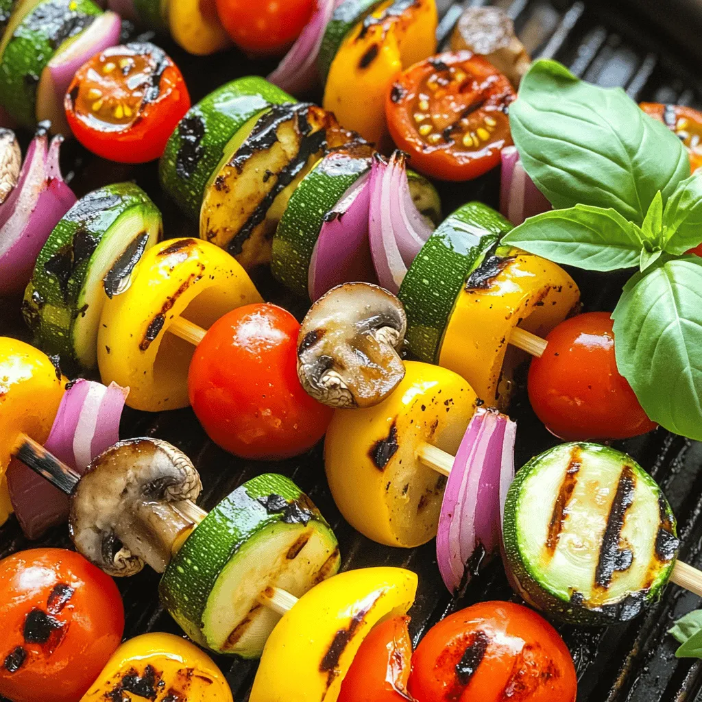 To make delicious grilled veggie skewers, you will need fresh vegetables, a tasty marinade, and some optional garnishes. Here’s what to gather for your Rainbow Grilled Veggie Skewers: - Vegetables for Skewers - 1 zucchini, sliced into thick rounds - 1 bell pepper (red, yellow, or orange), cut into 1-inch squares - 1 red onion, cut into wedges - 1 cup cherry tomatoes - 1 cup mushrooms, halved - Marinade Components - 2 tablespoons olive oil - 1 tablespoon balsamic vinegar - 1 teaspoon garlic powder - 1 teaspoon smoked paprika - Salt and pepper, to taste - Optional Garnishes - Fresh basil leaves for garnish These ingredients make a colorful and tasty dish. Each veggie adds its own flavor and texture. The marinade brings everything together and gives the skewers a nice kick. You can find the full recipe above to guide your cooking. Enjoy crafting these vibrant skewers! Prepping the Vegetables Start with fresh veggies. The colors and shapes make your skewers pop. I love using zucchini, bell peppers, red onion, cherry tomatoes, and mushrooms. Slice the zucchini into thick rounds. Cut the bell pepper into 1-inch squares. For the onion, cut it into wedges. Keep the cherry tomatoes whole and halve the mushrooms. This way, they all cook evenly. Soaking Wooden Skewers If you use wooden skewers, soak them in water for at least 30 minutes. This helps stop them from burning on the grill. It’s a simple step that makes a big difference. Making the Marinade In a large bowl, mix the vegetables. Then, in a small bowl, whisk together the marinade. Combine olive oil, balsamic vinegar, garlic powder, smoked paprika, salt, and pepper. Pour this over your veggies. Toss them to coat well. This will add a lot of flavor to your skewers. Grilling Tips for Optimal Flavor Get your grill hot! Preheat it to medium-high heat. This helps to sear the veggies quickly, locking in their juices. Place the skewers on the grill, making sure not to overcrowd them. Cooking Time and Temperature Grill the skewers for about 10-12 minutes. Make sure to turn them occasionally. You want the veggies tender with nice grill marks. The heat should be just right for cooking without burning. Achieving Perfect Grill Marks To get those beautiful grill marks, place the skewers on the grill and leave them for a few minutes before turning. This allows the grill to do its magic. Check them often, so they do not burn. The goal is to have a mix of char and tenderness. For the Full Recipe, check out the details above. Enjoy your delicious grilled veggie skewers! Choosing the Right Vegetables Pick fresh, colorful veggies for the best taste. Zucchini, bell peppers, and cherry tomatoes work great. They all cook well and add nice colors. Try to use a mix of textures, like crunchy bell peppers and soft mushrooms. This makes each bite interesting. Ensuring Even Cooking Cut your veggies into similar sizes. This helps them cook at the same rate. If you have large pieces, they may stay hard inside. If they are too small, they might burn. Aim for 1-inch pieces for best results. Marinating Tips for Enhanced Flavor Marinating adds depth to your skewers. Use olive oil, balsamic vinegar, garlic powder, and smoked paprika. Mix them well and let your veggies soak for at least 30 minutes. This helps the flavors blend. Overcrowding Skewers Don't cram too many veggies on one skewer. Leave some space between them. This allows heat to circulate and makes sure they cook evenly. Skewering Techniques When you skewer, alternate veggies for a colorful look. Start with a piece of a sturdy vegetable like onion, then add softer ones like mushrooms. This helps keep the skewer balanced. Avoiding Burnt Vegetables Keep an eye on the grill. Turn your skewers every few minutes. If they sit too long on one side, they can burn. Aim for a nice char, but watch for burning edges. {{image_2}} You can switch up the veggies based on what you like or what’s fresh. Use seasonal vegetables for the best flavor. In summer, try using eggplant or yellow squash. In fall, consider adding Brussels sprouts or butternut squash. Adding protein can make your skewers more filling. Try cubed chicken, shrimp, or tofu. Just make sure to cut the protein into similar sizes as the veggies. This way, everything cooks evenly. Herbs and spices can also change the taste of your skewers. Fresh herbs like thyme or rosemary give a nice touch. You can also use spices like cumin or coriander for a twist. These small changes can create a whole new dish! Global flavors can bring a new vibe to your grilled veggies. For Italian flair, use olive oil, garlic, and oregano. For a Mexican touch, add lime juice and chili powder. The world of flavors is wide and exciting! When it comes to marinades, you can choose between sweet and savory. A honey-soy sauce mix can add sweetness. On the other hand, a tangy vinegar-based marinade can enhance savory notes. You can always experiment to find your favorite mix. Adjust the spice level to suit your taste. If you like heat, add red pepper flakes or hot sauce. For a milder flavor, skip the spicy ingredients. Tailoring the spice level makes the dish perfect for everyone. For the full recipe, check out [Full Recipe]. Refrigeration Guidelines After grilling, let your veggie skewers cool. Place them in an airtight container. Store them in the fridge for up to 3 days. Make sure to keep them separate from any sauces. This helps keep their flavor fresh. Freezing Grilled Veggies You can freeze leftover skewers. Wrap them tightly in plastic wrap, then place them in a freezer bag. They will last for about 2 months in the freezer. When you’re ready to eat, thaw them in the fridge overnight. Best Methods for Reheating To reheat your veggie skewers, use an oven or a skillet. Preheat your oven to 350°F (175°C). Place the skewers on a baking sheet and heat for about 10 minutes. If using a skillet, add a little olive oil and warm them over medium heat. Ensuring Flavor Remains Intact When reheating, avoid high heat. This keeps the veggies tender and juicy. If you want to add more flavor, drizzle a little olive oil or balsamic vinegar before serving. This will help revive their taste and make them delicious again. For the Full Recipe of Rainbow Grilled Veggie Skewers, check out the details above. How do I know when the veggies are done? You can tell the veggies are done when they are tender. Look for nice grill marks too. A fork should easily pierce them. Can I make these skewers ahead of time? Yes, you can prep the skewers ahead. Just keep them in the fridge. Grill them when ready to serve. Are there grill options for indoor cooking? Absolutely! You can use a grill pan or an electric grill. Both will give you great flavor. What is the Full Recipe for Rainbow Grilled Veggie Skewers? The Full Recipe includes zucchini, bell peppers, onions, tomatoes, and mushrooms. It uses olive oil, balsamic vinegar, garlic powder, and smoked paprika for flavor. Can I use frozen vegetables for this recipe? While fresh veggies work best, you can use frozen ones. Just thaw them first and pat dry. This helps prevent excess moisture. How do I prevent my skewers from burning? Soak wooden skewers in water for 30 minutes before using. This keeps them from catching fire. You can also use metal skewers if you prefer. Veggie skewers are fun and tasty. We covered ingredients, preparation, and grilling steps. I shared tips for perfecting your skewers and avoiding common mistakes. You can experiment with different vegetable combinations and flavors, too. Finally, remember to store leftovers properly to keep them fresh. With these guidelines, your grilled veggie skewers will impress at any BBQ. Enjoy your delicious creations!