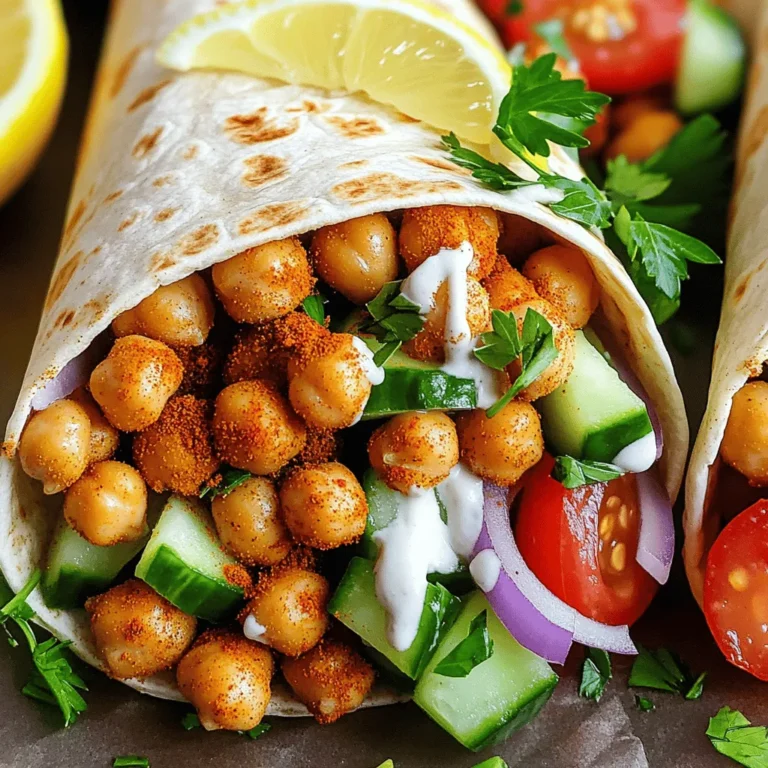 For these tasty chickpea shawarma wraps, gather these key items: - 1 can (15 oz) chickpeas, drained and rinsed - 2 tablespoons olive oil - 1 tablespoon ground cumin - 1 tablespoon ground coriander - 1 teaspoon smoked paprika - 1 teaspoon garlic powder - 1/2 teaspoon cayenne pepper (adjust for spice preference) - Salt and pepper to taste - 4 whole wheat or regular wraps - 1 cup tahini sauce (store-bought or homemade) - 1 cup diced cucumber - 1 cup diced tomatoes - 1/2 red onion, thinly sliced - Fresh parsley, chopped (for garnish) - Lemon wedges (for serving) You can add extra flavor and texture to your wraps. Here are some ideas: - Avocado slices for creaminess - Pickled radishes for a tangy crunch - Feta cheese for a salty kick - Sriracha or hot sauce for heat - Hummus as a spread for more flavor Each serving of these chickpea shawarma wraps is packed with nutrients. Here’s a quick overview: - Calories: About 350 - Protein: Roughly 15 grams - Fat: Around 10 grams This meal is not only delicious but also provides a good balance of protein and healthy fats. Enjoy these wraps as a filling lunch or dinner option! Check out the Full Recipe for more details. First, preheat your oven to 400°F (200°C). This step is key for roasting your chickpeas. Next, grab a large bowl. In it, combine the drained chickpeas, olive oil, cumin, coriander, smoked paprika, garlic powder, cayenne pepper, salt, and pepper. Mix everything well. Ensure the chickpeas are fully coated with the spices. This mix brings out the best flavor. Spread the spiced chickpeas on a baking sheet. Make sure they are in a single layer. This helps them roast evenly. Place the sheet in the oven. Roast the chickpeas for about 20-25 minutes. Halfway through, toss them to ensure even cooking. When they look golden brown and slightly crispy, they are done. Let them cool slightly before using. Now, it’s time to assemble your wraps. Start with a whole wheat wrap. Spread a generous amount of tahini sauce over the wrap. Next, add a handful of the roasted chickpeas. Then, layer on the cucumber, tomato, and onion mixture. Don’t forget to season this mix lightly. For a fresh touch, garnish with chopped parsley and a squeeze of lemon juice. Finally, roll the wrap tightly. Fold in the sides as you go. This helps keep all the fillings inside. Serve immediately, and enjoy your tasty wraps! For the complete recipe, check out the [Full Recipe]. To make chickpeas crispy, start with a hot oven. Preheat to 400°F (200°C). Then, drain and rinse your chickpeas well. Dry them with a towel to remove excess moisture. This helps them crisp up nicely. Toss the chickpeas with olive oil and spices in a bowl. Spread them out in a single layer on a baking sheet. Avoid crowding the pan. Roast for 20-25 minutes. Toss them halfway through for even cooking. Watch closely to prevent burning. You want golden brown, not black. You can adjust the spices to fit your taste. If you like heat, add more cayenne pepper. For a milder flavor, skip it completely. You can also try different herbs, like smoked paprika or cumin. Want a twist? Add some curry powder for a new flavor. Swap out the tahini for hummus or yogurt. You can even add roasted veggies, like bell peppers or zucchini. The wrap is your canvas, so get creative! These wraps pair well with many sides. Try a fresh salad with lemon vinaigrette. A side of roasted vegetables also works great. For drinks, a cool lemonade or mint tea complements the wraps. You can serve extra tahini sauce on the side for dipping. Lemon wedges add a fresh zing, too. Enjoy your meal with friends for a fun gathering! {{image_2}} You can swap chickpeas for other legumes or proteins. Lentils make a great option. They cook fast and have a nice texture. Black beans are another tasty choice. They add a different flavor and work well in wraps. If you prefer meat, try grilled chicken or beef shawarma. These choices give you variety while keeping the dish fun. Not everyone can eat gluten. For gluten-free wraps, use lettuce leaves. They act as great wraps and add freshness. You can also try corn tortillas. They are soft and easy to use. If you want low-carb options, consider using cauliflower wraps. They are light and still hold your fillings well. Let’s get creative with flavors! Try adding Mediterranean spices like za'atar or sumac. These spices add a unique taste. You can also include ingredients from Asian cuisines. Try adding kimchi or pickled vegetables for a spicy kick. For a Mexican twist, add avocado or pico de gallo. Each option gives your wraps a new flair. Check out the Full Recipe for more ideas! To keep your chickpea shawarma wraps fresh, wrap them tightly in plastic wrap or foil. Place them in an airtight container. This helps to lock in moisture and flavor. Store them in the fridge for up to three days. If the wraps sit too long, the wraps may get soggy. You can freeze these wraps for later enjoyment. If you want to freeze them, it's best to do so unassembled. Store the roasted chickpeas and veggies in separate containers. Wrap the tortillas in foil or freezer bags. This way, you can enjoy a fresh taste when you reassemble them later. They can stay in the freezer for up to three months. When it's time to eat, reheating is easy! To keep the texture, use an oven or a skillet. For the oven, preheat it to 350°F (175°C). Place the wraps on a baking sheet and heat for about 10-15 minutes. If using a skillet, heat it over medium heat. Place the wrap in the skillet for about 3-5 minutes on each side. This method keeps the wraps crispy and warm without losing flavor. Yes, you can make these wraps ahead of time. Preparing the chickpeas and veggies in advance is smart for busy days. Store each part separately. This keeps everything fresh. When you want to eat, just assemble your wrap. The tahini sauce can also be made in advance and stored in the fridge. This way, you save time and enjoy a quick meal. Chickpea shawarma wraps go well with many sides. Here are some great options: - Hummus with pita bread - Greek salad with feta - Roasted vegetables for extra crunch - Homemade fries for a fun twist - Yogurt sauce for dipping Each of these sides adds flavor and balance to your meal. Making tahini sauce at home is simple. Here’s a quick recipe: - 1/2 cup tahini - 1/4 cup water (adjust for thickness) - 2 tablespoons lemon juice - 1 clove garlic, minced - Salt to taste Mix all the ingredients in a bowl. Whisk until smooth. Adjust the water for your desired thickness. This sauce adds a creamy touch to your wraps. Use this method to make your tahini sauce fresh and tasty. For more details, check out the Full Recipe. This blog post covered how to make chickpea shawarma wraps. You learned about essential and optional ingredients, nutritional facts, and easy preparation steps. Roasting chickpeas and assembling wraps was detailed to ensure great flavor. I shared tips for perfecting your roast and customizing your wraps. You can even explore variations and storage options. In the end, these wraps are tasty and versatile. They can fit any diet or occasion. Enjoy your cooking and share these wraps with friends!