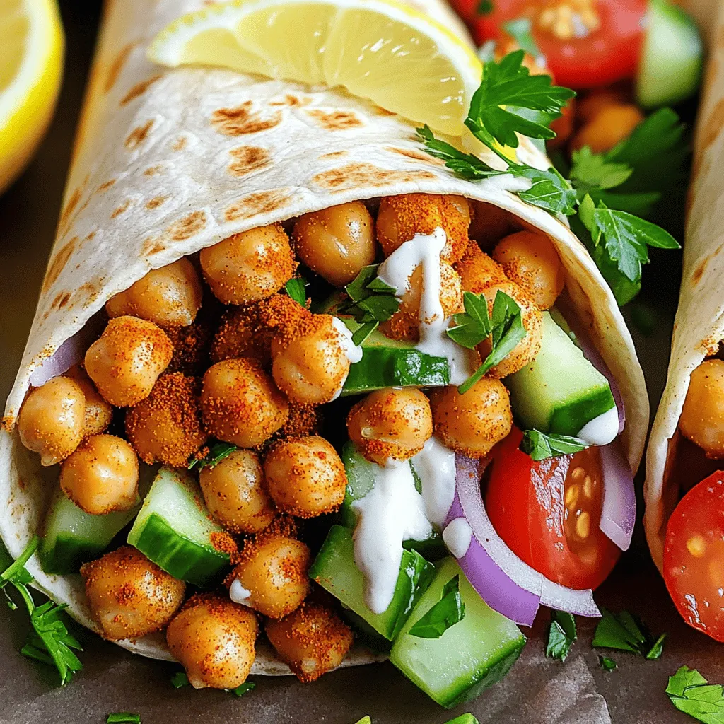 For these tasty chickpea shawarma wraps, gather these key items: - 1 can (15 oz) chickpeas, drained and rinsed - 2 tablespoons olive oil - 1 tablespoon ground cumin - 1 tablespoon ground coriander - 1 teaspoon smoked paprika - 1 teaspoon garlic powder - 1/2 teaspoon cayenne pepper (adjust for spice preference) - Salt and pepper to taste - 4 whole wheat or regular wraps - 1 cup tahini sauce (store-bought or homemade) - 1 cup diced cucumber - 1 cup diced tomatoes - 1/2 red onion, thinly sliced - Fresh parsley, chopped (for garnish) - Lemon wedges (for serving) You can add extra flavor and texture to your wraps. Here are some ideas: - Avocado slices for creaminess - Pickled radishes for a tangy crunch - Feta cheese for a salty kick - Sriracha or hot sauce for heat - Hummus as a spread for more flavor Each serving of these chickpea shawarma wraps is packed with nutrients. Here’s a quick overview: - Calories: About 350 - Protein: Roughly 15 grams - Fat: Around 10 grams This meal is not only delicious but also provides a good balance of protein and healthy fats. Enjoy these wraps as a filling lunch or dinner option! Check out the Full Recipe for more details. First, preheat your oven to 400°F (200°C). This step is key for roasting your chickpeas. Next, grab a large bowl. In it, combine the drained chickpeas, olive oil, cumin, coriander, smoked paprika, garlic powder, cayenne pepper, salt, and pepper. Mix everything well. Ensure the chickpeas are fully coated with the spices. This mix brings out the best flavor. Spread the spiced chickpeas on a baking sheet. Make sure they are in a single layer. This helps them roast evenly. Place the sheet in the oven. Roast the chickpeas for about 20-25 minutes. Halfway through, toss them to ensure even cooking. When they look golden brown and slightly crispy, they are done. Let them cool slightly before using. Now, it’s time to assemble your wraps. Start with a whole wheat wrap. Spread a generous amount of tahini sauce over the wrap. Next, add a handful of the roasted chickpeas. Then, layer on the cucumber, tomato, and onion mixture. Don’t forget to season this mix lightly. For a fresh touch, garnish with chopped parsley and a squeeze of lemon juice. Finally, roll the wrap tightly. Fold in the sides as you go. This helps keep all the fillings inside. Serve immediately, and enjoy your tasty wraps! For the complete recipe, check out the [Full Recipe]. To make chickpeas crispy, start with a hot oven. Preheat to 400°F (200°C). Then, drain and rinse your chickpeas well. Dry them with a towel to remove excess moisture. This helps them crisp up nicely. Toss the chickpeas with olive oil and spices in a bowl. Spread them out in a single layer on a baking sheet. Avoid crowding the pan. Roast for 20-25 minutes. Toss them halfway through for even cooking. Watch closely to prevent burning. You want golden brown, not black. You can adjust the spices to fit your taste. If you like heat, add more cayenne pepper. For a milder flavor, skip it completely. You can also try different herbs, like smoked paprika or cumin. Want a twist? Add some curry powder for a new flavor. Swap out the tahini for hummus or yogurt. You can even add roasted veggies, like bell peppers or zucchini. The wrap is your canvas, so get creative! These wraps pair well with many sides. Try a fresh salad with lemon vinaigrette. A side of roasted vegetables also works great. For drinks, a cool lemonade or mint tea complements the wraps. You can serve extra tahini sauce on the side for dipping. Lemon wedges add a fresh zing, too. Enjoy your meal with friends for a fun gathering! {{image_2}} You can swap chickpeas for other legumes or proteins. Lentils make a great option. They cook fast and have a nice texture. Black beans are another tasty choice. They add a different flavor and work well in wraps. If you prefer meat, try grilled chicken or beef shawarma. These choices give you variety while keeping the dish fun. Not everyone can eat gluten. For gluten-free wraps, use lettuce leaves. They act as great wraps and add freshness. You can also try corn tortillas. They are soft and easy to use. If you want low-carb options, consider using cauliflower wraps. They are light and still hold your fillings well. Let’s get creative with flavors! Try adding Mediterranean spices like za'atar or sumac. These spices add a unique taste. You can also include ingredients from Asian cuisines. Try adding kimchi or pickled vegetables for a spicy kick. For a Mexican twist, add avocado or pico de gallo. Each option gives your wraps a new flair. Check out the Full Recipe for more ideas! To keep your chickpea shawarma wraps fresh, wrap them tightly in plastic wrap or foil. Place them in an airtight container. This helps to lock in moisture and flavor. Store them in the fridge for up to three days. If the wraps sit too long, the wraps may get soggy. You can freeze these wraps for later enjoyment. If you want to freeze them, it's best to do so unassembled. Store the roasted chickpeas and veggies in separate containers. Wrap the tortillas in foil or freezer bags. This way, you can enjoy a fresh taste when you reassemble them later. They can stay in the freezer for up to three months. When it's time to eat, reheating is easy! To keep the texture, use an oven or a skillet. For the oven, preheat it to 350°F (175°C). Place the wraps on a baking sheet and heat for about 10-15 minutes. If using a skillet, heat it over medium heat. Place the wrap in the skillet for about 3-5 minutes on each side. This method keeps the wraps crispy and warm without losing flavor. Yes, you can make these wraps ahead of time. Preparing the chickpeas and veggies in advance is smart for busy days. Store each part separately. This keeps everything fresh. When you want to eat, just assemble your wrap. The tahini sauce can also be made in advance and stored in the fridge. This way, you save time and enjoy a quick meal. Chickpea shawarma wraps go well with many sides. Here are some great options: - Hummus with pita bread - Greek salad with feta - Roasted vegetables for extra crunch - Homemade fries for a fun twist - Yogurt sauce for dipping Each of these sides adds flavor and balance to your meal. Making tahini sauce at home is simple. Here’s a quick recipe: - 1/2 cup tahini - 1/4 cup water (adjust for thickness) - 2 tablespoons lemon juice - 1 clove garlic, minced - Salt to taste Mix all the ingredients in a bowl. Whisk until smooth. Adjust the water for your desired thickness. This sauce adds a creamy touch to your wraps. Use this method to make your tahini sauce fresh and tasty. For more details, check out the Full Recipe. This blog post covered how to make chickpea shawarma wraps. You learned about essential and optional ingredients, nutritional facts, and easy preparation steps. Roasting chickpeas and assembling wraps was detailed to ensure great flavor. I shared tips for perfecting your roast and customizing your wraps. You can even explore variations and storage options. In the end, these wraps are tasty and versatile. They can fit any diet or occasion. Enjoy your cooking and share these wraps with friends!
