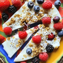 - Greek yogurt (plain or vanilla) - Sweetener options (honey or maple syrup) - Mixed berries (strawberries, blueberries, raspberries, blackberries) - Additional toppings (granola, shredded coconut, chia seeds) You need simple ingredients to create Greek Yogurt Berry Bark. Start with Greek yogurt. You can use plain or vanilla. Both options work great in this recipe. Next, choose a sweetener. Honey adds a nice touch, while maple syrup offers a unique flavor. For the fruity layer, use mixed berries. Strawberries, blueberries, raspberries, and blackberries all complement the yogurt well. Feel free to mix and match. To add some crunch, consider extra toppings. Granola brings a nice texture, while shredded coconut can enhance the taste. Chia seeds are optional but great for extra nutrition. Greek yogurt is a powerhouse. It is rich in protein, which helps build muscle. It also contains probiotics that support gut health. The creamy texture makes it a delightful base for desserts. Berries are packed with vitamins and antioxidants. They help fight inflammation and support heart health. Eating berries can also boost your mood. Combining yogurt and berries gives you a tasty treat that is good for you. When making Greek Yogurt Berry Bark, you can adjust ingredient amounts. If you like it sweeter, add more honey or maple syrup. You can also use flavored yogurt for a twist. If you cannot find Greek yogurt, regular yogurt will work, too. Just remember, it may be thinner. For a dairy-free option, look for coconut yogurt or almond yogurt. These can still create a delicious bark. To start, prep your baking sheet. Line it with parchment paper. Make sure the paper hangs over the edges. This helps when you remove the bark later. Next, mix the yogurt and sweetener. In a bowl, combine the Greek yogurt and honey or maple syrup. Stir until it is smooth. This makes a creamy base for your bark. Now, it's time to spread the yogurt. Pour the yogurt mixture onto the baking sheet. Use a spatula to smooth it out. Aim for about half an inch thick. Then, distribute the toppings. Place your mixed berries on top of the yogurt. Press them down gently. This helps them stick to the yogurt. After that, sprinkle the granola and shredded coconut evenly. If you want, add chia seeds for extra nutrition. For freezing, place the baking sheet in the freezer. Let it freeze for about 2 to 3 hours. You want the yogurt bark to be firm and solid. Once it's frozen, remove it from the baking sheet. Use the parchment paper edges to lift it out. Cut or break the bark into pieces. Serve right away, or store the pieces in an airtight container. They can stay in the freezer for up to a week. To make great Greek yogurt berry bark, focus on thickness. Aim for about 1/2 inch. This thickness helps it freeze well and makes it easy to break into pieces. If it’s too thin, it may break apart easily. Make sure toppings stick to the yogurt. Press down the berries gently. This will help them stay in place. If they slide off, your bark may not look as good. You can add extracts or zests to boost flavor. A few drops of vanilla extract work wonders. For a citrus twist, add some lemon or orange zest. This small step makes a big difference. Seasonal fruits also enhance the taste. In summer, use fresh strawberries or peaches. In fall, try apples or pears. Mixing fruits keeps the bark exciting and fresh. Plating is key for a beautiful treat. Serve the bark on a colorful platter. It makes the dish pop. For extra flair, garnish with fresh berries around the edges. This adds color and looks inviting. You can also cut the bark into fun shapes. Use cookie cutters for stars or hearts. This makes it more fun, especially for kids. The more creative you get, the more enjoyable it becomes! For the full recipe and more tips, check out the [Full Recipe]. {{image_2}} You can change up your Greek yogurt berry bark with fun flavors. One great option is to add tropical fruits like pineapple and mango. These fruits add a bright, sweet flavor that feels like a mini-vacation. Just chop the fruits small and mix them into the yogurt. Another tasty choice is to add chocolate. You can either mix in cocoa powder or sprinkle chocolate chips on top. This gives the bark a rich and creamy taste. If you want a vegan version, you can use dairy-free yogurt. Almond or coconut yogurt works well. You can still add honey, but use agave syrup for a vegan sweetener. For those watching sugar, you can use less sweetener. You can even skip it completely if you like. The berries are sweet enough on their own! Make your bark fit the seasons! In summer, use fresh berries like strawberries and blueberries. They are juicy and sweet. In fall, try using apples or pears with some cinnamon. You can even make it festive for the holidays with red and green fruits. Think cranberries and kiwis for a holiday twist. Each season offers a new chance to enjoy this treat! To keep Greek Yogurt Berry Bark fresh, use an airtight container. This will stop moisture from getting in. Wrap each piece in plastic wrap for extra protection. You can also use freezer bags. Just make sure to squeeze out as much air as possible before sealing. This helps maintain the bark's texture and flavor. When you want to enjoy the bark, take it out of the freezer. Let it thaw in the fridge for about 30 minutes. This keeps it from melting too fast. You can also leave it out at room temperature for 15 minutes. For leftovers, just put them back in the airtight container and return them to the freezer. Greek Yogurt Berry Bark can last up to one week in the freezer. After that, the flavor may fade. Look for signs of spoilage, like ice crystals or changes in texture. If you see these signs, it’s best to toss the bark. Enjoy the fresh taste while you can! Yes, you can use other types of yogurt. Regular yogurt or dairy-free yogurt works well. Just pick a flavor you like. Greek yogurt gives a thick, creamy texture. Other yogurts may be thinner. This could change the final texture of your bark. To lower the calories, you can reduce the sweetener. Use less honey or maple syrup. You can also swap some yogurt for lower-fat yogurt. Another option is to skip the granola or use a lighter version. This helps cut down on calories while keeping flavors. Adding nuts or seeds is a great idea! You can mix in almonds, walnuts, or pumpkin seeds. Just make sure to chop them small. This way, they stick well to the yogurt. They add a nice crunch and boost nutrition. To keep the yogurt from being icy, avoid freezing too long. Check it after 2 hours. If it’s firm, you can take it out. You can also add a bit of nut butter to the mix. This helps create a creamier texture. Absolutely! Greek Yogurt Berry Bark is a fun and healthy treat for kids. They will enjoy the sweet berries and crunchy toppings. You can get them involved in making it too. It’s a great way to teach them about healthy snacks. Making Greek Yogurt Berry Bark is simple and fun. You need just a few tasty ingredients and can tailor it to your taste. The health benefits of Greek yogurt and berries boost your snack game. Follow the steps for perfect freezing and serving. Remember, this treat can fit many diets, from vegan to low-sugar. With these tips, your bark can impress everyone. Enjoy experimenting with flavors and serving ideas. Your kitchen offers endless possibilities for creativity. Now it’s time to make your berry bark and treat yourself!