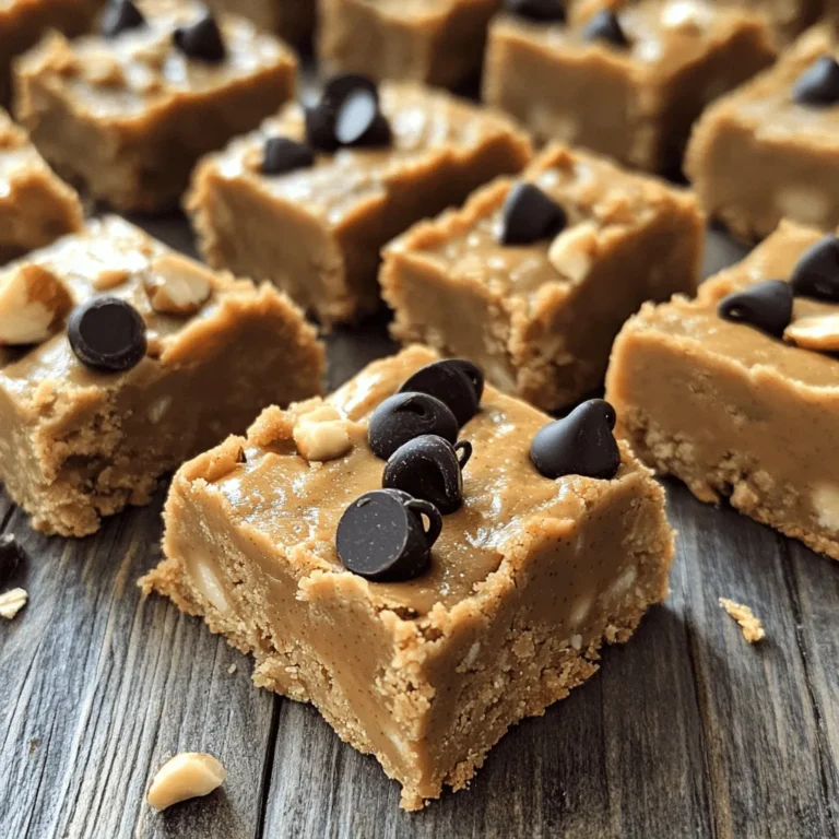 - 1 cup creamy peanut butter - 1/2 cup honey or maple syrup - 2 cups rolled oats - 1/2 cup vanilla protein powder (optional) - 1/4 cup dark chocolate chips (dairy-free if preferred) - 1/4 cup chopped nuts (e.g., almonds or walnuts) - 1/2 teaspoon vanilla extract - Pinch of salt For my No-Bake Peanut Butter Bars, I use simple ingredients. Each one brings a unique flavor and texture. Each bar has about 150 calories. You get around 5 grams of protein, 8 grams of fat, and 15 grams of carbs. This makes them a nice snack or treat without too much guilt. You can switch the peanut butter for almond or cashew butter. If you want to change the sweetener, try agave or stevia for a different taste. These options let you customize your bars to fit your taste or diet needs. For the full recipe, feel free to refer to [Full Recipe]. First, you need to combine peanut butter and your sweetener. In a large bowl, mix 1 cup of creamy peanut butter with 1/2 cup of honey or maple syrup. Stir well until it’s smooth. This mixture is the base of your bars. Next, add some flavor. Stir in 1/2 teaspoon of vanilla extract and a pinch of salt. The salt really brings out the taste of the peanut butter. Now, it’s time to make the bars thicker. Gradually add 2 cups of rolled oats into your bowl. If you want a protein boost, include 1/2 cup of vanilla protein powder. Mix everything until it forms a thick dough. Then, fold in the fun stuff! Add 1/4 cup of dark chocolate chips and 1/4 cup of chopped nuts, like almonds or walnuts. Mix until these goodies are spread evenly throughout. You need a baking dish for the next step. Line an 8x8 inch baking dish with parchment paper. Make sure to leave some overhang. This helps when you remove the bars later. Transfer the mixture into the dish. Press it down firmly with your hands or a spatula. Make sure it’s even on top. Now, refrigerate the dish for 1 to 2 hours. This allows the bars to firm up nicely. Once they harden, lift them out using the parchment paper. Cut into squares or rectangles. You can find the full recipe [here]. To make the best no-bake peanut butter bars, the ratio of peanut butter to oats is key. You want a thick mixture that sticks together well. If you add too many oats, your bars may crumble. Aim for 1 cup of creamy peanut butter to 2 cups of rolled oats. Adjust the sweetness to fit your taste. Start with 1/2 cup of honey or maple syrup. If you like it sweeter, add a bit more. If you prefer less sweetness, you can use 1/3 cup. Store your homemade bars in an airtight container. This keeps them fresh and prevents them from drying out. You can also wrap individual bars in plastic wrap for easy snacking. To keep your bars fresh longer, place parchment paper between the layers. This prevents sticking and makes it easy to grab one when you need a treat. Pair your no-bake peanut butter bars with fruits like bananas or berries. A drizzle of melted dark chocolate adds a tasty touch, too. You can even dip the bars in chocolate for a fun twist. Try adding toppings like shredded coconut or chopped nuts before they harden. This adds flavor and texture. Enjoy these bars as a snack or a quick breakfast on the go! For the full recipe, check out [Full Recipe]. {{image_2}} You can easily change the taste of your no-bake peanut butter bars. Adding spices like cinnamon or nutmeg can give them a warm flavor. Sprinkle in a bit of cinnamon for a cozy touch. If you want a different taste, try using white or milk chocolate chips instead of dark chocolate. Each type of chocolate brings a unique sweetness and richness. If you want to make these bars vegan, swap honey for maple syrup. This keeps the bars sweet and delicious without using animal products. For gluten-free options, ensure you use certified gluten-free oats. This small change allows everyone to enjoy the bars, no matter their diet. Feel free to get creative with mix-ins! Try adding dried fruits like cranberries or raisins for a chewy texture. You can also add seeds like chia or flax for extra nutrition. Adjusting portion sizes can help meet your dietary needs. If you want a smaller snack, cut the bars into smaller squares. If you need more energy, make larger bars to fuel your day. Check out the Full Recipe for more details! Store your no-bake peanut butter bars in the refrigerator. Place the bars in an airtight container. This keeps them fresh and prevents them from drying out. You can use parchment paper to separate layers if needed. They stay best when chilled, so avoid leaving them out too long. For long-term storage, freeze your bars. Cut them into squares first, then wrap each piece in plastic wrap. Place the wrapped bars in a freezer-safe bag or container. This way, they stay fresh for up to three months. Just thaw them in the fridge before eating. In the fridge, your bars last about one week. If you freeze them, they can last for three months. Always check for signs of spoilage before eating. If they look or smell off, it’s best to toss them. Enjoy your treats at their freshest! To make No-Bake Peanut Butter Bars, follow these key steps: 1. Mix peanut butter and honey in a bowl until smooth. 2. Add vanilla extract and a pinch of salt. 3. Gradually stir in rolled oats and protein powder. 4. Fold in chocolate chips and nuts. 5. Line a baking dish with parchment paper. 6. Press the mixture into the dish evenly. 7. Chill in the fridge for 1–2 hours until firm. 8. Cut into squares and enjoy! These steps create a tasty treat without the need for baking. For the full recipe, check out the recipe section above. Yes, you can make these bars nut-free! Instead of peanut butter, use sun butter or soy nut butter. These options still give a creamy texture. You can also try seed butters like pumpkin seed butter. These alternatives work well and keep the bars delicious. If you want a vegan sweetener, consider these options: - Maple syrup - Agave nectar - Brown rice syrup - Coconut nectar These sweeteners can replace honey in the recipe. They add sweetness without any animal products. You now have a clear guide to making delicious no-bake peanut butter bars. We covered ingredients, preparation steps, and tips for perfecting consistency. You also learned about storage options and variations to suit your needs. There are many ways to customize these bars, making them fun and versatile. I encourage you to try different flavors and share them with friends. Enjoy your journey in creating a tasty treat that can fit any diet!