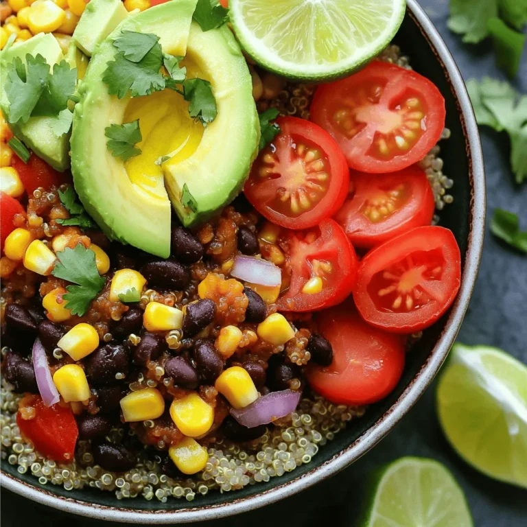 To make a tasty vegan burrito bowl, you need some key ingredients. Here’s what you’ll need: - 1 cup quinoa, rinsed - 2 cups vegetable broth - 1 can (15 oz) black beans, rinsed and drained - 1 cup corn kernels (frozen or fresh) - 1 red bell pepper, diced - 1 avocado, sliced - 1 cup cherry tomatoes, halved - 1 small red onion, finely chopped - 1 teaspoon ground cumin - 1 teaspoon chili powder - 1 tablespoon olive oil - Juice of 1 lime - Salt and pepper to taste - Fresh cilantro, for garnish These ingredients create a wonderful mix of flavors and textures. Using fresh ingredients gives your vegan burrito bowl a bright taste. Fresh corn and bell peppers add crunch and flavor. However, frozen ingredients are great too! They are often just as nutritious and can save time. If you choose frozen corn, it cooks quickly and still tastes great. Add some fun toppings to make your bowl even better. Here are some ideas: - Sliced jalapeños for heat - Vegan sour cream for creaminess - Sliced radishes for crunch - Chopped green onions for freshness These extras can make your meal more exciting and personal. Feel free to mix and match! For the full recipe, check out the Vibrant Vegan Burrito Bowl . Enjoy cooking! First, we need to cook the quinoa. In a medium pot, add 1 cup of rinsed quinoa and 2 cups of vegetable broth. Turn the heat up high and bring it to a boil. Once boiling, lower the heat, cover the pot, and let it simmer for 15 minutes. When the quinoa is fluffy and the broth is gone, take it off the heat. Let it sit for 5 minutes. After that, fluff it gently with a fork. While the quinoa cooks, I like to prepare the black bean mix. Heat 1 tablespoon of olive oil in a skillet over medium heat. Add 1 small chopped red onion and sauté for about 3 minutes. You want it to look clear and soft. Next, add 1 can of rinsed black beans, 1 cup of corn, 1 teaspoon of ground cumin, 1 teaspoon of chili powder, and some salt and pepper. Stir everything well and cook for another 5 minutes until it's warm. Now, it’s time to build your burrito bowl! Start with a big scoop of fluffy quinoa at the bottom of each bowl. Then, layer on the warm black bean mix. Next, add diced red bell pepper, sliced avocado, and halved cherry tomatoes on top. To finish it off, squeeze fresh lime juice over everything for a zesty kick. Don't forget to sprinkle some chopped cilantro for a fresh touch. To make perfect quinoa, always rinse it first. Rinsing removes a bitter coating called saponin. Use a 2:1 ratio of liquid to quinoa for fluffy results. Stir the quinoa once while it cooks; this helps it cook evenly. After cooking, let it rest for a few minutes. This step makes it even fluffier! For more details, check the Full Recipe. It's packed with flavor and nutrition! When you make your burrito bowl, start with fresh ingredients. Look for ripe avocados and bright cherry tomatoes. Fresh herbs like cilantro add a great finish. You can use canned beans, but choose those without added sugars or salt. Frozen corn works well too, as it retains its flavor. Always rinse canned goods to remove excess sodium. Spices are your secret weapon. Ground cumin gives warmth and depth. Chili powder adds a nice kick. Feel free to add garlic powder or smoked paprika for extra flavor. Experiment with different spice blends to find what you love. Taste as you go, and adjust spices to suit your palate. Meal prepping saves time. Cook a big batch of quinoa at the start of the week. Store it in the fridge and use it for lunches and dinners. Chop veggies ahead of time and keep them ready to go. You can also prepare the black bean mixture in advance. Just reheat it when you’re ready to eat. This way, you’ll have a healthy meal ready in minutes. For more details, check the Full Recipe. {{image_2}} You can easily swap ingredients in your burrito bowl. If you're gluten-free, use quinoa or rice instead of wheat products. For nut allergies, skip avocado. Instead, try sunflower seeds for healthy fats. If you avoid legumes, use grilled veggies for extra flavor. These changes still keep your meal tasty and nutritious. The base of your bowl can vary. Quinoa is great, but brown rice works too. If you want a lighter option, use a bed of lettuce. For a fun twist, try cauliflower rice. Each base brings a different texture and flavor. Experiment to find your favorite! Toppings make your burrito bowl special. Try sliced jalapeños for spice or roasted sweet potatoes for sweetness. A dollop of salsa adds zest, while a sprinkle of nutritional yeast gives a cheesy flavor. Fresh herbs like cilantro or parsley can brighten your dish. Mix and match for endless variations! You can store leftover burrito bowls in the fridge. Use airtight containers to keep them fresh. They last for about three days. If you want to save space, keep the toppings separate. This way, your avocado and other veggies stay crisp. When reheating, use the microwave or a skillet. If you choose the microwave, cover the bowl with a damp paper towel. This keeps the food moist. Heat it for one to two minutes until warm. If using a skillet, add a splash of water and cover. Heat on medium until everything is hot. Meal prep makes busy days easier. Cook a big batch of quinoa and your black bean mix. Divide them into containers. Add fresh toppings when you are ready to eat. This keeps everything fresh and tasty. You can mix and match flavors all week long with the full recipe! A vegan burrito bowl is a hearty meal. It mixes grains, beans, veggies, and spices. You can enjoy it in a bowl, just like a burrito. This dish is colorful and full of flavor. It is perfect for lunch or dinner. The base is often quinoa or rice. You can top it with your favorite veggies, like corn and peppers. It is a filling meal that is also healthy. To make a vegan burrito bowl gluten-free, choose gluten-free grains. Quinoa is a great option. Always check labels on canned goods. Some sauces and seasonings may contain gluten. Use fresh spices to avoid this issue. You can also use brown rice instead of regular rice. This way, you can enjoy a tasty meal without gluten. Yes, you can add protein to your vegan burrito bowl. Options include tofu, tempeh, or seitan. You can also use nuts or seeds for a crunchy texture. Chickpeas or lentils are other great choices. They add both protein and fiber. Just cook them well and mix them into your bowl. This will make your meal even more filling. A vegan diet offers many health benefits. It can help with weight loss and lower blood pressure. Eating more fruits and veggies boosts vitamins and minerals. It also supports heart health. A vegan diet may lower the risk of chronic diseases. Plus, it promotes better digestion with more fiber. Adopting this diet can lead to a healthier lifestyle overall. In this blog post, I shared how to create a tasty vegan burrito bowl. We explored essential and optional ingredients, along with cooking tips to make the process easy. I also discussed how to choose the best ingredients and enhance flavors. Variations allow for personal taste and dietary needs. Lastly, I provided storage and reheating tips. Enjoy your cooking journey and keep experimenting with flavors and textures. Your vegan burrito bowl can be a fun and healthy meal!