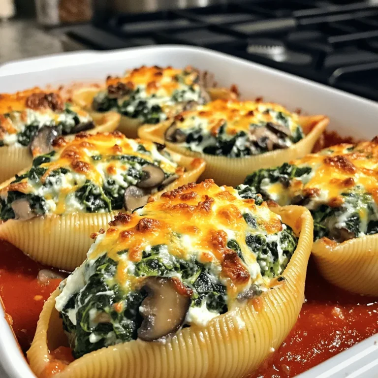 - 20 jumbo pasta shells - 2 cups fresh spinach, chopped - 1 cup mushrooms, finely chopped (cremini or button) - 1 cup ricotta cheese - 1/2 cup grated parmesan cheese - 1 cup shredded mozzarella cheese, divided - 1 clove garlic, minced - 1 teaspoon dried oregano - 1 teaspoon olive oil - Salt and pepper to taste - 2 cups marinara sauce I love using fresh ingredients for this dish. The jumbo pasta shells hold the filling well. Fresh spinach adds a nice green color and a healthy twist. Mushrooms bring a rich and earthy flavor. Ricotta offers a creamy texture. Parmesan adds a salty kick, while mozzarella gives that gooey finish. Garlic enhances everything with its warm aroma. Dried oregano adds depth, and olive oil keeps it moist. Don't forget salt and pepper for more taste. Finally, marinara sauce ties it all together with its tangy sweetness. - Calories per serving: About 360 - Macronutrient breakdown: - Protein: 20g - Fat: 15g - Carbohydrates: 40g This dish is not only tasty but also filling. You get a good amount of protein from the cheese and spinach. The carbs come from the pasta, which fuels your day. While it has some fat, most comes from healthy sources. Enjoying this meal can support a balanced diet. It’s great for family dinners or a cozy night in. For more details on how to prepare it, check the Full Recipe. First, preheat your oven to 375°F (190°C). This makes sure your dish cooks evenly. While the oven heats, cook the jumbo pasta shells. Follow the package instructions until they are al dente. Drain them and set aside to cool. In a large skillet, heat one teaspoon of olive oil over medium heat. Add the minced garlic and finely chopped mushrooms. Cook them for about five minutes. Stir until the mushrooms soften and their moisture has evaporated. Next, add the chopped spinach to the skillet. Cook until it wilts, which takes about two minutes. Season the mixture with salt, pepper, and dried oregano. Remove from heat and let it cool slightly. In a mixing bowl, combine one cup of ricotta cheese, half a cup of Parmesan cheese, and half of the mozzarella cheese. Add the mushroom-spinach mixture to this bowl. Stir until everything is well mixed. Now, carefully stuff each cooked shell with about two tablespoons of the cheese and spinach mixture. Spread half of the marinara sauce on the bottom of a 9x13 inch baking dish. Arrange the stuffed shells in a single layer over the sauce. Pour the remaining marinara sauce over the shells and sprinkle with the rest of the mozzarella cheese. Cover the dish with aluminum foil and bake for 25 minutes. After that, remove the foil and bake for another 10 minutes. This allows the cheese to get bubbly and golden. Let the shells cool for a few minutes before serving. For the full recipe, refer to your favorite cooking resource. To keep your shells whole, cook them just until they are al dente. This means they should still have a bit of bite. After cooking, let them cool before handling. If they stick together, rinse them gently with cold water. When it comes to filling, use a small spoon to stuff each shell evenly. This helps keep the filling from spilling out during baking. Aim for about two tablespoons of filling in each shell. You can also use a piping bag for a neat and easy stuffing process. For extra flavor, try adding dried herbs like basil or thyme to your filling. A pinch of red pepper flakes gives a nice kick. You can also mix in some sun-dried tomatoes or olives for a pop of taste. If you want to change the cheese, swap ricotta for cottage cheese or goat cheese. These alternatives bring unique flavors and textures that can transform your dish. You can even experiment with vegan cheese options if desired. Mushroom spinach stuffed shells go well with a side salad. A light green salad with a vinaigrette balances the meal. Garlic bread is another great choice, adding crunch and flavor. For wine lovers, a light red wine pairs well. Try a Pinot Noir or Chianti; both enhance the flavors of the dish. If you prefer white wine, a crisp Sauvignon Blanc works nicely too. For the full recipe, check out the detailed instructions and enjoy this comforting meal with ease. {{image_2}} You can add many different vegetables to your stuffed shells. Try zucchini, bell peppers, or even artichokes for more flavor and color. Each vegetable brings a unique taste and texture. You can also replace cheese types based on your preference. For a creamier filling, use mascarpone instead of ricotta. For a sharper flavor, go for goat cheese. This lets you personalize the dish. If you want more protein, consider adding chicken or sausage. Cook and chop the meat before mixing it into the filling. For a vegetarian option, you can use plant-based sausage or lentils. Both options add a hearty feel to your meal without losing taste. For gluten-free options, look for gluten-free jumbo pasta shells. Many brands offer great alternatives. You can also try switching to zucchini or eggplant slices for a low-carb version. These choices keep the dish light while still being filling. Adjust your recipe to fit your diet and enjoy a comforting meal. To keep your stuffed shells fresh, use airtight containers. Glass containers are great for this. You can also use plastic containers if they seal well. Store your leftovers in the fridge. They will stay good for up to three days. If you want to keep them longer, freeze them. They can last up to three months in the freezer. When reheating, you have two main choices: oven or microwave. The oven gives better texture. Preheat it to 350°F (175°C). Place the shells in an oven-safe dish. Cover them with foil to keep them moist. Bake for about 20 minutes or until hot. If you use the microwave, it’s quicker but can dry out the shells. Heat them in a microwave-safe dish. Cover the dish with a damp paper towel. Heat for one to two minutes. Check if they're warm enough, then enjoy. To make Mushroom Spinach Stuffed Shells, follow these steps: 1. Preheat your oven to 375°F (190°C). 2. Cook 20 jumbo pasta shells until al dente. Drain and cool. 3. In a skillet, heat 1 teaspoon of olive oil and sauté 1 clove of minced garlic. 4. Add 1 cup of chopped mushrooms and cook until soft. 5. Stir in 2 cups of chopped spinach until it wilts. Season with salt, pepper, and 1 teaspoon of dried oregano. 6. In a bowl, mix 1 cup of ricotta cheese, ½ cup of grated parmesan cheese, and half of the shredded mozzarella cheese. 7. Fold in the mushroom and spinach mix into the cheese mixture. 8. Stuff each shell with about 2 tablespoons of the filling. 9. Spread half of the marinara sauce on a baking dish. Place the stuffed shells on top. 10. Pour the rest of the sauce over the shells and sprinkle with the remaining mozzarella. 11. Cover and bake for 25 minutes, then uncover and bake for another 10 minutes. 12. Let cool a bit before serving. Yes, you can prepare the Mushroom Spinach Stuffed Shells ahead of time. Here are some tips: - Stuff the shells and place them in the baking dish. - Cover the dish with plastic wrap and refrigerate for up to 24 hours. - When ready to bake, remove the wrap and add extra time to the cooking. - You can also freeze the shells. Just make sure to wrap them well. If you need a substitute for ricotta cheese, try these options: - Cottage cheese works well. Blend it for a smoother texture. - Cream cheese can give a rich flavor. Soften it before mixing. - Goat cheese adds a tangy taste. Use a little less than ricotta. Stuffed shells can last in the fridge for about 3 to 5 days. Here are some tips for food safety: - Store them in an airtight container. - Ensure they are completely cool before sealing. - If you see any mold or smell bad, it’s best to throw them out. For more details, check out the Full Recipe for Mushroom Spinach Stuffed Shells. Mushroom Spinach Stuffed Shells are a tasty and satisfying dish. We covered all the essential ingredients and shared easy steps for preparation. I offered tips to make your shells perfect, ways to mix up flavors, and options for special diets. You can also find useful storage and reheating advice. With a little creativity, these shells can shine in your kitchen. Enjoy making them your own!