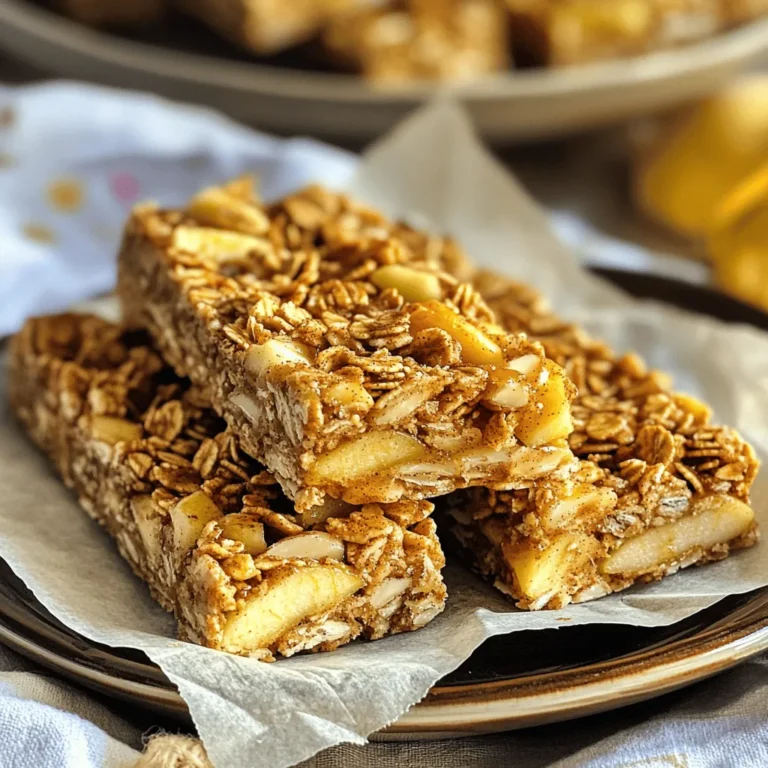 To make delicious apple cinnamon granola bars, you need a few simple items. Here is what you will need: - 2 cups rolled oats - 1 cup unsalted almonds, chopped - 1 cup dried apples, diced - 1/2 cup honey or maple syrup - 1/4 cup almond butter (or any nut butter) - 1 teaspoon cinnamon - 1/2 teaspoon vanilla extract - 1/4 teaspoon salt - 1/2 cup mini chocolate chips (optional) These ingredients work together to create a sweet and crunchy snack. Each one plays a key role in flavor and texture. Each ingredient in these granola bars has health benefits. Here’s what you need to know: - Rolled oats provide fiber. This helps keep you full longer. - Almonds are rich in healthy fats and protein. They support heart health. - Dried apples add natural sweetness and vitamins. They boost energy levels. - Honey or maple syrup offers sweetness with some nutrients. Use them in moderation. - Almond butter adds creaminess and more protein. It also provides healthy fats. - Cinnamon can help control blood sugar levels. It adds warm flavor, too. - Vanilla extract gives a lovely aroma and taste. It can make snacks feel special. - Salt enhances all the flavors in your bars. Just a pinch makes a big difference. - Mini chocolate chips (optional) bring joy! They are a fun treat in each bite. Overall, these ingredients create a balanced snack that satisfies your taste buds and is good for you. If you need to change something, there are easy swaps. Here are some ideas: - Rolled oats: You can use quick oats, but they may change the texture. - Almonds: Try walnuts, pecans, or sunflower seeds if you have nut allergies. - Dried apples: Use any dried fruit like cranberries or raisins for a different taste. - Honey or maple syrup: Agave nectar or brown rice syrup work well too. - Almond butter: Peanut butter or sunflower seed butter can be great substitutes. - Cinnamon: Try nutmeg or pumpkin spice for a twist on flavor. - Vanilla extract: You can skip it, but it adds a lovely taste. - Salt: You can reduce or leave it out if you prefer. - Mini chocolate chips: Omit them for a healthier bar or use dark chocolate. These substitutions keep the bars tasty while meeting your needs. You can still enjoy a wholesome snack! To make these tasty apple cinnamon granola bars, start by gathering your ingredients. You will need: - 2 cups rolled oats - 1 cup unsalted almonds, chopped - 1 cup dried apples, diced - 1/2 cup honey or maple syrup - 1/4 cup almond butter (or any nut butter) - 1 teaspoon cinnamon - 1/2 teaspoon vanilla extract - 1/4 teaspoon salt - 1/2 cup mini chocolate chips (optional) Next, preheat your oven to 350°F (175°C). Line a 9x9 inch baking pan with parchment paper. Leave some paper hanging over the edges. This helps you lift the bars out later. In a large bowl, mix the rolled oats, chopped almonds, dried apples, and cinnamon. Stir until everything blends well. In a small pot, heat honey or maple syrup and almond butter over low heat. Stir until it melts and combines smoothly. Remove it from the heat and add vanilla and salt. Pour this wet mix over the dry ingredients. Stir until all the dry bits get coated. If you like, fold in mini chocolate chips for extra sweetness. Now, transfer the mixture into the lined baking pan. Press it down firmly with a spatula. This helps to keep the bars together. Bake your granola bars for 20 to 25 minutes. You want the edges to turn golden brown. Keep an eye on them to avoid burning. After baking, take them out of the oven and let them cool in the pan. This step is vital for making sure they hold their shape. Let the bars cool completely before cutting. Use the parchment paper to lift the whole mixture out of the pan. Place it on a cutting board. Use a sharp knife to cut the cooled mixture into bars or squares. This will give you neat portions for snacking. For easy storage, keep these granola bars in an airtight container. You can also freeze them for longer freshness. Try this full recipe for a delicious snack that everyone will love! You can make your apple cinnamon granola bars unique. Start with the base recipe, then add your favorite nuts or seeds. Try walnuts, pecans, or sunflower seeds for a twist. You can also use different dried fruits like cranberries or raisins. If you want a bit more crunch, add coconut flakes or pumpkin seeds. For a fun treat, mix in mini chocolate chips or yogurt-covered raisins. To keep your granola bars fresh, store them in an airtight container. This helps prevent them from getting stale or losing flavor. If you want to keep them longer, freeze the bars. Wrap each one in plastic wrap or parchment paper before placing them in a freezer bag. This way, they stay fresh for up to three months. Just remember to thaw them in the fridge before eating. Serving your granola bars can be fun! You can cut them into squares or bars for easy snacking. For a nice touch, drizzle some honey or maple syrup on top. If you’re hosting a gathering, stack them on a plate with fresh fruit. They make a great addition to breakfast or a midday snack. Pair them with yogurt or a smoothie for a tasty and healthy meal. Enjoy your creation! {{image_2}} You can easily change the flavor of your apple cinnamon granola bars. Try adding different nuts like walnuts or pecans. You can also use other dried fruits, such as cranberries or raisins. For a fun twist, consider mixing in some coconut flakes or pumpkin seeds. Each option brings its own taste and texture, making the bars unique. If you need gluten-free bars, just choose certified gluten-free oats. For a vegan option, replace honey with maple syrup. You can use any nut or seed butter to keep it vegan. Always check labels to ensure all ingredients meet your dietary needs. This way, everyone can enjoy these tasty snacks. No-bake granola bars are simple to make. Just mix your oats, nuts, and dried fruits in a bowl. Heat your nut butter and sweetener until smooth. Combine everything and press it into a pan. Let it chill in the fridge for a few hours. This method saves time and keeps the bars chewy. You can find the full recipe for a no-bake version as well. To keep your apple cinnamon granola bars fresh, store them in an airtight container. This protects them from air and moisture. Be sure to let them cool completely before sealing. If you stack them, place parchment paper between the layers to prevent sticking. This simple step helps keep your bars intact and ready to enjoy. If you want to save some granola bars for later, freezing is a great option. Wrap each bar tightly in plastic wrap or foil. Then, place the wrapped bars in a freezer-safe bag. Make sure to label the bag with the date. When you're ready to eat one, simply thaw it at room temperature or heat it in the microwave for a few seconds. When stored properly, your granola bars will last about a week at room temperature. In the fridge, they can last up to two weeks. If you freeze them, they can hold their flavor for up to three months. Watch for signs of spoilage, like an off smell or changes in texture. If they feel hard or crumbly, it's best to toss them. Enjoy your homemade snacks while they are fresh and tasty. You can use walnuts or pecans instead of almonds. Both add a nice crunch. If you're nut-free, try seeds like sunflower or pumpkin. They work well and taste great. You can also use a mix of seeds to boost flavor and texture. Yes, you can use fresh apples. Just chop them into small pieces. However, fresh apples have more moisture. You may need to bake your bars a bit longer. Dried apples add sweetness and chewiness, so adjust sugar if using fresh. Look for a golden brown edge. The center should feel firm but not hard. A toothpick can help too; it should come out clean. If it’s sticky, bake a few more minutes. Let them cool completely to set before cutting. You can find them at most grocery stores. Look in the snack or health food aisle. Online, many brands sell apple cinnamon bars. Check sites like Amazon or health-focused stores for more options. In this blog post, I covered how to make great granola bars. We explored the ingredients, their health benefits, and tasty alternatives. You learned step-by-step instructions for preparation, baking, cooling, and cutting. I also shared tips on customizing your bars and keeping them fresh. We discussed different flavors and dietary options, plus storage best practices. Remember, making granola bars is fun and easy. You can create your perfect snack in no time. Enjoy experimenting with flavors and sharing them with friends!