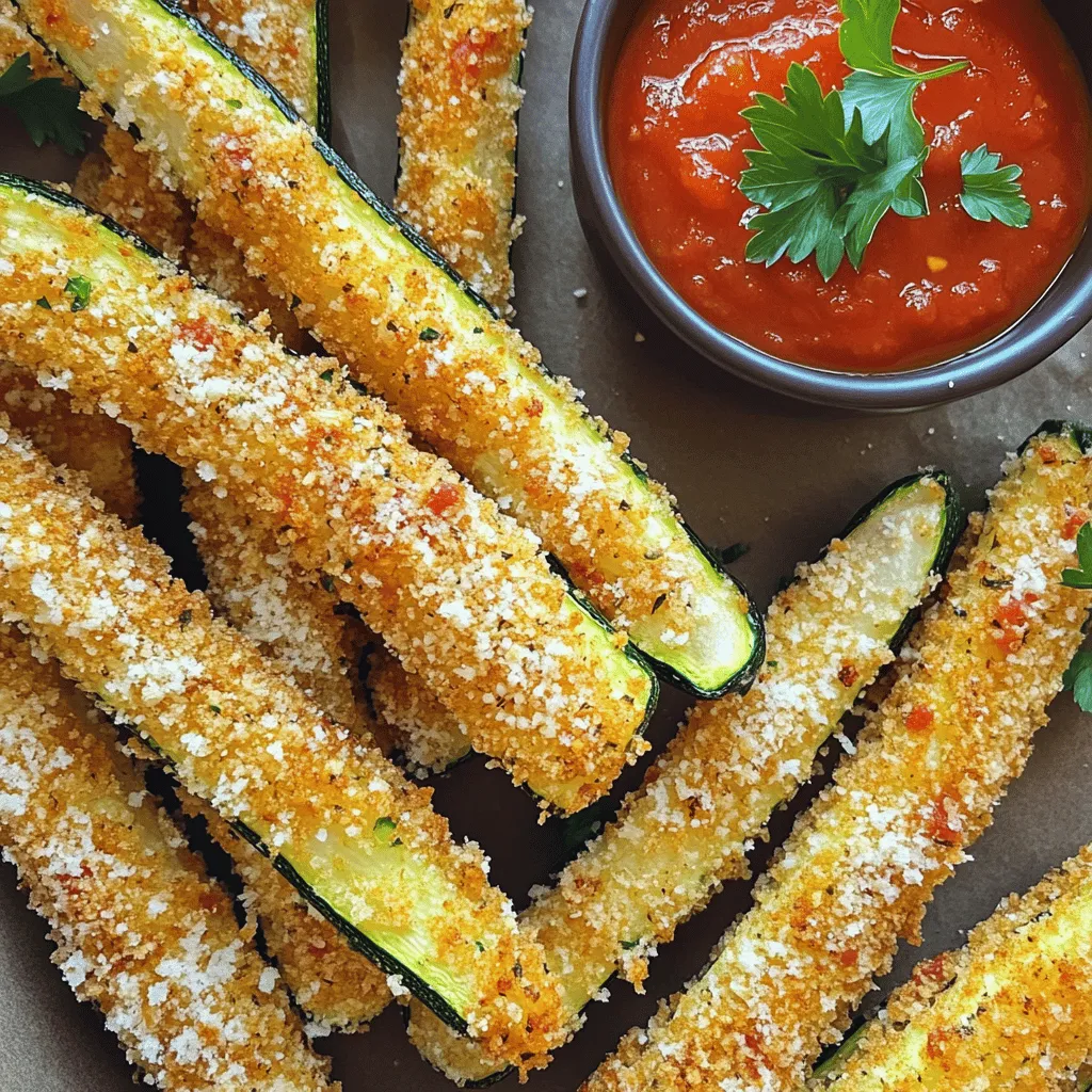 To make crispy air fryer zucchini fries, you need the following ingredients: - 2 medium zucchini, cut into thick fries - 1 cup breadcrumbs (preferably panko for extra crunch) - 1/2 cup grated Parmesan cheese - 1 tablespoon Italian seasoning - 1/2 teaspoon garlic powder - 1/2 teaspoon onion powder - 2 large eggs - Salt and pepper to taste - Cooking spray or olive oil spray These ingredients work together to create a tasty snack. The zucchini gives a fresh taste, while the panko breadcrumbs add crunch. Parmesan cheese adds a nice flavor boost. The spices bring everything together. Make sure to cut the zucchini into thick fries. This helps them stay crisp while cooking. Use fresh zucchini for the best results. If you want to make it gluten-free, substitute breadcrumbs with ground nuts or gluten-free crumbs. By gathering these ingredients, you set yourself up for a fun cooking experience. You will enjoy every bite of these crispy air fryer zucchini fries. For the complete recipe, check out the Full Recipe section. - Preheat your air fryer to 400°F (200°C). - In a bowl, combine the breadcrumbs, grated Parmesan, Italian seasoning, garlic powder, onion powder, salt, and pepper. Mix well. - In another bowl, beat the eggs until they are smooth and well combined. - Take each zucchini fry and dip it into the eggs. Make sure it is fully coated. - Next, roll the egg-coated fry in the breadcrumb mixture until it is covered. Place it on a plate. - Lightly spray the air fryer basket with cooking spray to prevent sticking. - Arrange the zucchini fries in a single layer in the basket. Do not overcrowd, as this helps them cook evenly. - Lightly spray the tops of the fries with cooking spray to make them extra crispy. - Cook for 10-12 minutes. Flip the fries halfway through cooking to ensure they brown evenly. - Carefully remove the zucchini fries from the air fryer. Let them rest for a few minutes before serving. For the full recipe, check out the details above. To get that perfect crispiness, use cooking spray. A light coat helps your fries turn golden brown. I recommend spraying both the air fryer basket and the tops of the fries. This simple step makes all the difference. Avoid overcrowding the air fryer basket. If you pile too many fries in, they steam instead of crisp. Cook in batches if needed for the best results. For frying, use medium-sized zucchini. Look for firm ones with shiny skin. These have the best texture and flavor. Cut the zucchini into thick fries, about half an inch wide. This helps them hold their shape and cook evenly. Thin fries can burn easily and lose texture. Serve your crispy zucchini fries with tasty dips. Marinara sauce or ranch dressing pairs well. You can also try garlic aioli or tzatziki for a fresh twist. Garnish with fresh parsley for a pop of color. This makes your dish look more inviting and fun! For the full recipe, check out the link provided. {{image_2}} You can boost the taste of your zucchini fries in fun ways. Adding spices makes a big difference. Try paprika for a smoky flavor. Or add cayenne for some heat. You can also mix in herbs like oregano or thyme for a fresh taste. If you want to switch up the cheese, Parmesan is great, but you can use cheddar or mozzarella. Each cheese brings its own style. Cheddar adds a sharp taste, while mozzarella gives a nice stretch. Want to make your fries gluten-free? Use almond flour or crushed rice cereal instead of breadcrumbs. These options still give a great crunch. You can also use crushed nuts, like almonds or pecans, for a nutty twist. They add a unique flavor and texture. You can even mix coatings. Try half breadcrumbs and half crushed nuts for a fun combo. Each bite will be different and exciting. Cooking zucchini fries in the oven is another option. Preheat your oven to 425°F (220°C). Spread the fries on a baking sheet instead of in the air fryer. Bake for about 20-25 minutes, flipping halfway through. The fries will still be crispy, but the texture may vary. In the air fryer, cooking time is shorter. You get crispy fries in about 10-12 minutes. The hot air circulates better in the air fryer, giving an even crunch. If you want quick and easy, the air fryer is your best bet. For larger batches, the oven might work better. For the full recipe, check out the detailed instructions above. To keep your crispy zucchini fries fresh, use an airtight container. Glass or plastic containers work well. Be sure to let the fries cool before sealing them. This will help avoid moisture build-up, which can make them soggy. Store the container in the fridge. They stay good for about three days. To reheat in the air fryer, set it to 350°F (175°C). Place the fries in a single layer. Heat them for about 5 minutes. This method helps to keep them crispy. If you don’t have an air fryer, you can use an oven. Preheat the oven to 400°F (200°C). Spread the fries on a baking sheet. Bake them for about 10 minutes. This will also help restore their crunch. For best results, avoid using a microwave. It can make your fries soft and chewy. Enjoy your crispy zucchini fries again with these simple tips! The best dipping sauces for zucchini fries include marinara sauce, ranch dressing, and garlic aioli. You can also try spicy sriracha mayo or tzatziki for a fun twist. Each sauce adds a different layer of flavor to the crispy fries. Experiment and find your favorite! Yes, you can make these zucchini fries ahead of time. Prepare them up to the coating step. Place the coated fries on a plate and cover them with plastic wrap. Store them in the fridge for a few hours. When ready to cook, just pop them in the air fryer! Leftovers can last in the fridge for about 3 to 4 days. Store them in an airtight container to keep them fresh. You can reheat them in the air fryer for a crispy texture again. Zucchini fries are a healthy snack option. They are low in calories and packed with vitamins. When cooked in the air fryer, they use less oil than deep-frying. This makes them a great choice for a guilt-free treat! Using frozen zucchini for this recipe is not recommended. Frozen zucchini has a higher water content, which can make the fries soggy. Fresh zucchini gives the best results for crispy, delicious fries. Stick to fresh zucchini for the best flavor and texture. For the full recipe, check the earlier sections! You now have a simple guide to making delicious zucchini fries in an air fryer. We covered key ingredients, step-by-step instructions, and tips for the best results. Experiment with flavors and storage techniques to make them your own. Enjoy these tasty bites with your favorite dips. You can impress your friends and family with this easy recipe. Keep exploring different variations for more fun!