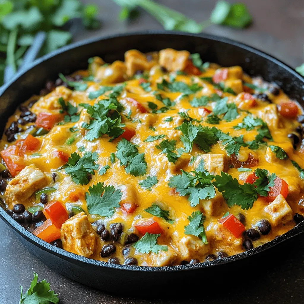 This Easy Cheesy Chicken Enchilada Skillet is a fun dish. It’s quick to make and full of flavor. You can whip it up in just 25 minutes. Perfect for busy weeknights or cozy weekends! - 1 lb boneless, skinless chicken breasts, cubed - 1 tablespoon olive oil - 1 small onion, diced - 2 cloves garlic, minced - 1 bell pepper (any color), diced - 1 can (15 oz) black beans, drained and rinsed - 1 can (10 oz) enchilada sauce - 1 cup frozen corn - 1 teaspoon chili powder - 1 teaspoon cumin - 1 cup shredded cheddar cheese - Fresh cilantro, chopped (for garnish) - Sour cream (for serving, optional) You can swap chicken for turkey or tofu for a vegetarian dish. If you want less spice, skip the chili powder. Use vegetable broth in place of enchilada sauce for a lighter option. You can also use different types of cheese like Monterey Jack or pepper jack for more flavor. Enjoy making this dish your own! 1. Gather Ingredients: Start by gathering all your ingredients. You need chicken, beans, cheese, and spices. 2. Cube Chicken: Cut the chicken breasts into small cubes. This helps them cook evenly. 3. Dice Vegetables: Chop the onion and bell pepper into small pieces. Mince the garlic cloves. This makes them easy to mix. 1. Heat Oil: In a large skillet, heat one tablespoon of olive oil over medium heat. 2. Cook Chicken: Add the cubed chicken to the skillet. Cook for 5-7 minutes until the chicken is browned. Remove from skillet and set aside. 3. Sauté Vegetables: In the same skillet, add the diced onion and bell pepper. Cook until soft, about 4-5 minutes. Stir in the minced garlic for one minute. 4. Combine Ingredients: Return the chicken to the skillet. Add the black beans, frozen corn, enchilada sauce, chili powder, and cumin. Stir well to mix everything. 5. Simmer: Let the mixture simmer for about 5 minutes. This helps all the flavors blend together. 6. Add Cheese: Sprinkle shredded cheddar cheese on top. Cover the skillet with a lid. Cook for another 2-3 minutes until the cheese melts. 1. Garnish: Once cooked, garnish with fresh chopped cilantro. 2. Serve Hot: Serve the dish hot for the best flavor. 3. Optional Toppings: Offer sour cream on the side for a creamy touch. For the full recipe, check the Easy Cheesy Chicken Enchilada Skillet section above. Enjoy your meal! To make your Easy Cheesy Chicken Enchilada Skillet shine, start with fresh ingredients. Use high-quality chicken and ripe veggies. Cut the chicken into even cubes for even cooking. Sauté the onions and peppers until soft but not mushy. This keeps a nice crunch and flavor. When adding the cheese, cover the skillet. This helps it melt evenly and become gooey. If you like it spicy, add extra chili powder or diced jalapeños. One common mistake is overcooking the chicken. It should be cooked just until no longer pink. If you cook it too long, it may become dry. Another mistake is not letting the flavors meld. Allow the mixture to simmer for about five minutes. This step is key for a rich taste. Also, avoid adding too much liquid. The enchilada sauce should be just enough to coat the other ingredients without making it soupy. This dish pairs well with a fresh salad or warm tortillas. You can add sides like rice or guacamole for more flavor. A simple avocado salad with lime dressing adds a nice touch. For drinks, consider a light beer, margarita, or iced tea. These options balance the rich cheese and savory chicken. For full details on how to make this dish, check out the Full Recipe. {{image_2}} To make a vegetarian version, swap the chicken for extra beans or tofu. You can use 1 can of pinto beans or a mix of black beans and chickpeas. Replace the chicken with 1 cup of diced zucchini or mushrooms for added flavor. This keeps the dish hearty and filling. Want more heat? Add sliced jalapeños or a dash of cayenne pepper. You can also choose a spicy enchilada sauce instead of the mild one. For an extra kick, mix in some diced green chiles or hot sauce. These little additions will spice things up and bring more flavor. To make this dish gluten-free, use gluten-free enchilada sauce. Make sure all your other ingredients are labeled gluten-free too. You can also serve this over rice or gluten-free tortillas instead of regular tortillas. This keeps it tasty and safe for those with gluten allergies. For the full recipe, check out the Easy Cheesy Chicken Enchilada Skillet. To keep your Easy Cheesy Chicken Enchilada Skillet fresh, store leftovers in an airtight container. Let the dish cool down first. Then, place it in the fridge. It will stay good for about three to four days. When you're ready to enjoy your leftovers, reheat them in a skillet over medium heat. Stir occasionally to warm evenly. You can also use the microwave. Heat in a bowl for 1-2 minutes. Check that it's hot throughout. If you want to freeze your enchilada skillet, allow it to cool completely first. Then, transfer it to a freezer-safe container. You can freeze it for up to three months. To reheat, thaw in the fridge overnight. Then, follow the reheating instructions above. Enjoy your tasty meal anytime! For the full recipe, check out the Easy Cheesy Chicken Enchilada Skillet. Yes, you can use frozen chicken. Just make sure to thaw it first. Cook it in the skillet until it's fully cooked through. This may take a bit longer than fresh chicken. The key is to ensure it reaches an internal temperature of 165°F. For best results, cut the chicken into small cubes before cooking. This helps it cook evenly. You can pair this dish with several sides. Here are some ideas: - Rice: White or brown rice complements the flavors well. - Salad: A light salad adds freshness. - Tortilla Chips: These are great for dipping. - Guacamole: Adds creaminess and flavor. - Sour Cream: A dollop on top can enhance the taste. These sides balance the meal and add variety. To add heat, try these tips: - Jalapeños: Chop fresh or pickled jalapeños and mix them in. - Hot Sauce: Drizzle your favorite hot sauce on top before serving. - Spicy Enchilada Sauce: Choose a spicier enchilada sauce for more kick. - Chili Powder: Increase the chili powder amount to amp up the spice. - Red Pepper Flakes: Sprinkle these into the skillet while cooking. Adjust these options to suit your spice level. Enjoy the heat! In this article, I covered how to make an Easy Cheesy Chicken Enchilada Skillet. We looked at the key ingredients, preparation steps, and cooking process. I shared tips to perfect your dish and offered variations for different diets. Finally, I provided storage info to keep leftovers safe. Remember, it’s all about finding what works for you. Enjoy cooking and make it fun!