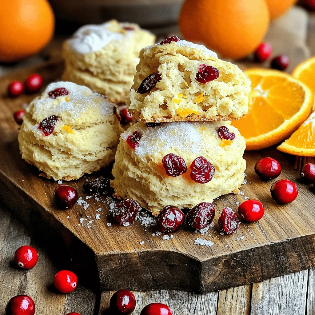- 2 cups all-purpose flour - 1/3 cup granulated sugar - 1 tablespoon baking powder - 1/2 teaspoon salt - 1/4 cup unsalted cold butter, cubed - 1/2 cup dried cranberries - Zest of 1 orange - 1/2 cup heavy cream - 1 large egg - 1 teaspoon vanilla extract - Extra sugar for sprinkling on top Accurate measurements are key to great scones. If you measure wrong, your scones may not rise well. Here are some tips for getting it right: - Use a spoon to fluff the flour in its bag. - Spoon the flour into your measuring cup. - Level off the top with a straight edge. - For sugar, scoop it directly from the bag. You can swap out some ingredients in this recipe. For sweeteners, you can use honey or maple syrup. Just remember, these are liquid. You may need to reduce the other liquids in the recipe. If you need a gluten-free option, substitute with a gluten-free flour blend. This will help you keep the same texture without gluten. First, preheat your oven to 400°F (200°C). This sets the stage for baking. While it heats, prepare your baking sheet. Line it with parchment paper. This ensures your scones won’t stick. In a large bowl, combine the flour, sugar, baking powder, and salt. Use a whisk to mix well. This helps to evenly distribute the baking powder and salt in the flour. Next, add the cold cubed butter to your dry mix. Use your fingers or a pastry cutter to break it up. Aim for a crumbly texture, like coarse sand. This step is vital for a light scone. In a separate bowl, whisk the heavy cream, egg, and vanilla extract together. Pour this mix into your dry ingredients. Stir gently until combined. Don’t overmix; this can make the dough tough. Turn the dough onto a floured surface. Pat it into a circle about 1 inch thick. Use a sharp knife to cut the dough into 8 equal wedges. Place them on the prepared baking sheet with space in between. Bake your scones for 15-18 minutes. Look for a golden brown color. To check for doneness, insert a toothpick into the center. If it comes out clean, they’re ready! Enjoy the wonderful aroma as they bake. For the full recipe, check the [Full Recipe]. To get the best scone texture, keep a few key points in mind. First, use cold butter. Cold butter creates a flaky texture. Second, do not overmix the dough. Overmixing makes the scones tough. Third, use a light touch when handling the dough. Gentle hands help maintain that tender crumb. Common mistakes can ruin your scones. One mistake is using warm butter. This leads to a dense scone. Another mistake is using too much flour. Too much flour makes the scone heavy. Always measure flour correctly. Lastly, ensure you bake at the right temperature. An oven that is too hot can burn the scones. Serving your cranberry orange scones can be fun and creative. For a simple presentation, place them on a pretty plate. You can stack them or arrange them in a circle. Add fresh cranberries or orange slices for color. A sprinkle of powdered sugar on top adds a nice touch too. Pair your scones with clotted cream or butter. Both spread nicely on warm scones. You can also serve them with jam or a sweet orange glaze. These add extra flavor and richness. To keep your scones fresh, store them in an airtight container. At room temperature, they last for about two days. If you want to keep them longer, place them in the fridge. They can last up to a week when refrigerated. When you're ready to enjoy your scones again, reheating is key. Preheat your oven to 350°F (175°C). Place the scones on a baking sheet for about 5-10 minutes. This will warm them up nicely and keep them soft. You can also microwave them for about 15-20 seconds. Just be careful; microwaving too long can make them tough. {{image_2}} You can easily enhance your cranberry orange scones by adding spices. Cinnamon adds warmth, while nutmeg brings a nice depth. Just a pinch of each can elevate the flavor. Mix these spices into the dry ingredients before adding the butter. This small step makes a big difference. Feel free to get creative with mix-ins! Swap dried cranberries for other dried fruits like cherries or apricots. You can also add nuts like walnuts or pecans for crunch. If you want something savory, try cheese or herbs. Crumbled feta or fresh rosemary works wonders. These alternatives will give your scones a unique twist. You can make your scones healthier by reducing sugar or fat. Use less sugar than the recipe calls for, or try a sugar alternative like honey. For a lighter scone, replace some butter with unsweetened applesauce. Whole grain flour can also be a good substitute for all-purpose flour. This change adds fiber and nutrients without losing flavor. For a detailed recipe, check out the Full Recipe to guide your baking journey. For the best freshness, store your cranberry orange scones in an airtight container. Glass or plastic containers work great. Keep them at room temperature for short-term storage. If you want to keep them longer, use the fridge. This helps maintain their flavor and softness. At room temperature, your scones will stay fresh for 2 to 3 days. If you place them in the fridge, they can last up to a week. Just remember, the longer they sit, the less fresh they may taste. To freeze your scones, follow these steps: 1. Let the scones cool completely after baking. 2. Wrap each scone tightly in plastic wrap. 3. Place the wrapped scones in a freezer-safe bag or container. 4. Label it with the date. 5. Freeze for up to 2 months. When you're ready to enjoy them, thaw the scones at room temperature. You can also reheat them in the oven for a warm, fresh taste. Check out the Full Recipe for more details! Yes, you can make the dough ahead of time. To do this, prepare the dough as the recipe states. After mixing, shape the dough into a disc. Wrap it tightly in plastic wrap. Store it in the fridge for up to 24 hours. When ready to bake, slice and bake as usual. This makes for quick baking when you want fresh scones. If you need a substitute, here are some great options: - Chopped dried apricots - Raisins or golden raisins - Dried cherries - Fresh blueberries Each choice brings a unique taste. Experiment to find your favorite! Dense scones often result from a few common issues: - Overmixing the dough can make it tough. - Using too much flour can add weight. - Old baking powder may not rise well. To fix these, handle the dough gently and measure carefully. Always check the freshness of your baking powder. You can add more orange zest if you love that citrus flavor. Start with an extra half teaspoon. Mix it in well but keep the balance in mind. Too much zest can overpower the other flavors. Taste as you go to find the right amount. Remember, a little can go a long way! For the full recipe, check out the Cranberry Orange Scones details. Making cranberry orange scones is simple and rewarding. We covered essential ingredients, measuring tips, and alternatives to suit your taste. The step-by-step guide helps you create perfectly baked scones. Remember, the right measurements and techniques will lead to the best texture. With practice, you’ll master these tasty treats and impress everyone. Enjoy your baking journey and share the joy of scones with friends and family!