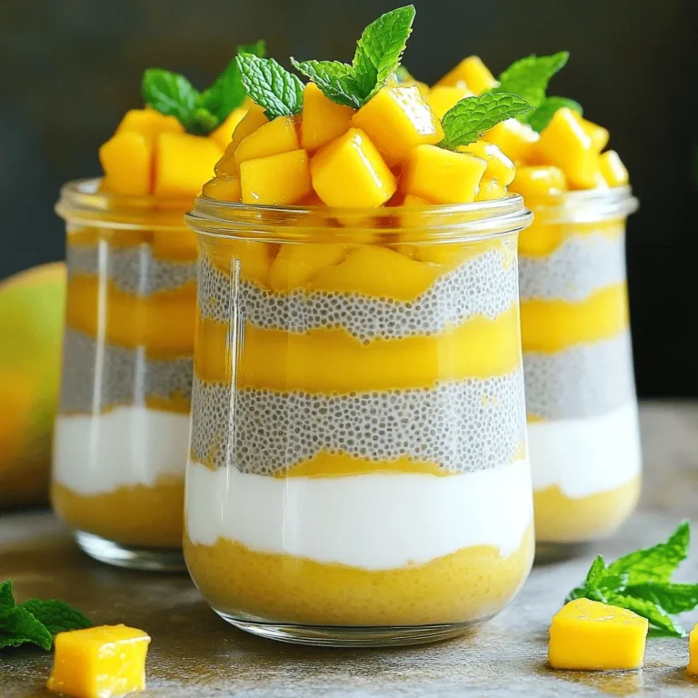 - Coconut milk - Almond milk - Chia seeds - Maple syrup or honey - Ripe mango - Vanilla extract - Pinch of salt - Fresh mint leaves (optional) Coconut mango chia pudding needs a few simple ingredients. First, you will need coconut milk, which gives a lovely creamy base. Almond milk adds a light touch, but you can use any plant-based milk you like. Chia seeds are key. They soak up the liquids and turn the mix into a pudding. For sweetness, use maple syrup or honey, depending on your taste. Next, you need a ripe mango. Make sure it’s sweet and juicy. It adds a fresh flavor and pretty color. Vanilla extract enhances the taste, while a pinch of salt balances the sweetness. If you want, add fresh mint leaves for garnish. They bring a nice pop of color and a hint of freshness. - Dairy-free options - Sweetness alternatives - Fruit variations You can make this pudding dairy-free by using only plant-based milks. Almond milk works well, but oat or soy milk are good too. If you want less sugar, use a low-calorie sweetener instead of maple syrup or honey. For fruit, think beyond mango. You can try berries, peaches, or even bananas. Each fruit will give a different taste. Get creative and mix your favorites! This pudding is all about your personal touch. 1. Mixing the base ingredients: Start by grabbing a medium bowl. Pour in 1 cup of coconut milk, 1/2 cup of almond milk, 2 tablespoons of maple syrup, 1 teaspoon of vanilla extract, and a pinch of salt. Stir well until everything blends smoothly. This mix creates a tasty base for your pudding. 2. Incorporating chia seeds: Next, slowly add 1/4 cup of chia seeds into the milk mixture. Whisk continuously as you add the seeds. This step helps to avoid any clumps. You want the chia seeds evenly mixed in. 3. Refrigeration duration: After mixing, cover the bowl with plastic wrap or a lid. Place it in the fridge for at least 4 hours, or overnight if you can wait. This time allows the chia seeds to absorb the liquid and thicken the pudding perfectly. 1. Layering in glasses: When you're ready to serve, give the pudding a good stir. Grab some clear glasses or bowls. Layer the chia pudding into each glass for a beautiful presentation. 2. Adding mango and garnish: Top each serving with diced mango. You can use 1 ripe mango, diced, for this. If you like, add fresh mint leaves on top for a pop of color and extra flavor. This will make your pudding look stunning and taste even better. 1. Adjusting thickness with almond milk: If you find the pudding too thick, don’t worry! You can add a little more almond milk. Stir it in until you reach your desired thickness. This adjustment keeps it creamy and smooth. 2. Ensuring even chia seed distribution: To avoid clumping, always whisk the chia seeds in slowly. This ensures they spread evenly throughout the pudding. It gives you that perfect texture in every bite! For the full step-by-step process, check out the Full Recipe. To keep your coconut mango chia pudding fresh, store it in an airtight container. This will help prevent any odors from the fridge. It’s best to eat it within three days. After that, the flavors may fade or the texture may change. You can make this pudding a day before serving it. This gives the chia seeds time to soak and thicken. Aim for at least four hours of chilling time. Overnight is even better for a rich, creamy pudding. Want to boost the taste? Try adding a splash of lemon or lime juice. You can also mix in spices like cinnamon or nutmeg for warmth. For texture, top your pudding with granola or nuts. This adds a nice crunch and makes each bite even more fun! {{image_2}} You can make this recipe even more fun! Try adding passion fruit or pineapple. Both fruits add a bright, tart flavor. They mix well with the sweet mango. You can also throw in some coconut flakes on top. This will give you a nice crunch and boost the coconut taste. Want to cut down on sugar? Use low-calorie sweeteners like stevia or monk fruit. These sweeteners keep your pudding tasty without the extra calories. You can also add nut butters for a protein boost. Almond or cashew butter works great and makes the pudding creamier. Get creative with seasonal fruits! In summer, use berries like strawberries or blueberries. In fall, swap in apples or pears. This keeps your pudding fresh and exciting. You can adapt the recipe to fit the seasons. Enjoy different flavors all year long! For the full recipe, check out [Full Recipe]. Store your coconut mango chia pudding in an airtight container. This keeps it fresh and tasty. Make sure to place it in the main compartment of your fridge. Avoid the door, as it can be too warm. If you notice any off smells or changes in color, it might be bad. Toss it out to be safe. You can freeze this pudding for later. To do this, pour it into a freezer-safe container. Leave some space at the top, as it will expand when frozen. Seal the container tightly. When you're ready to eat, move it to the fridge for a slow thaw. This can take several hours or overnight. You can also use the microwave to defrost it quickly. Just be sure to stir it well afterward. Coconut mango chia pudding lasts about 5 days in the fridge. For the best taste, eat it within this period. If you freeze it, it can last about 2 months. To keep it fresh, always check for signs of spoilage. If it looks or smells funny, don't eat it. For a fun twist, you can layer it with fresh fruits right before serving. This adds a burst of flavor and keeps it exciting. For the full recipe, check out the details above. Chia pudding needs time to thicken. It takes at least 4 hours to set. I recommend letting it chill overnight for the best texture. The longer it sits, the creamier it becomes. Yes, you can! Almond milk works well, but you can try oat milk or soy milk. Each milk adds its own flavor. Just remember to keep the ratio the same for best results. Absolutely! Chia pudding is perfect for meal prep. You can make a big batch in advance. Store it in jars for easy grab-and-go breakfasts or snacks. It keeps well in the fridge for up to five days. To boost protein, mix in some Greek yogurt or protein powder. You can also add nut butter like almond or peanut. This adds creaminess and a nutty flavor, making it even more satisfying. Yes, frozen mango works great! Thaw it before using to soften it up. This will help mix it into your pudding. It’s a convenient option and still tastes delicious. For the best results, check the texture before adding. This blog post covered the essentials of making a creamy coconut mango chia pudding. We explored the key ingredients and easy steps for preparation. I shared tips for storing leftovers and serving suggestions to impress your guests. You can also play with the flavors and textures to make it your own. In conclusion, this recipe is not just simple; it’s fun to customize. Enjoy your nutritious treat and get creative in the kitchen!