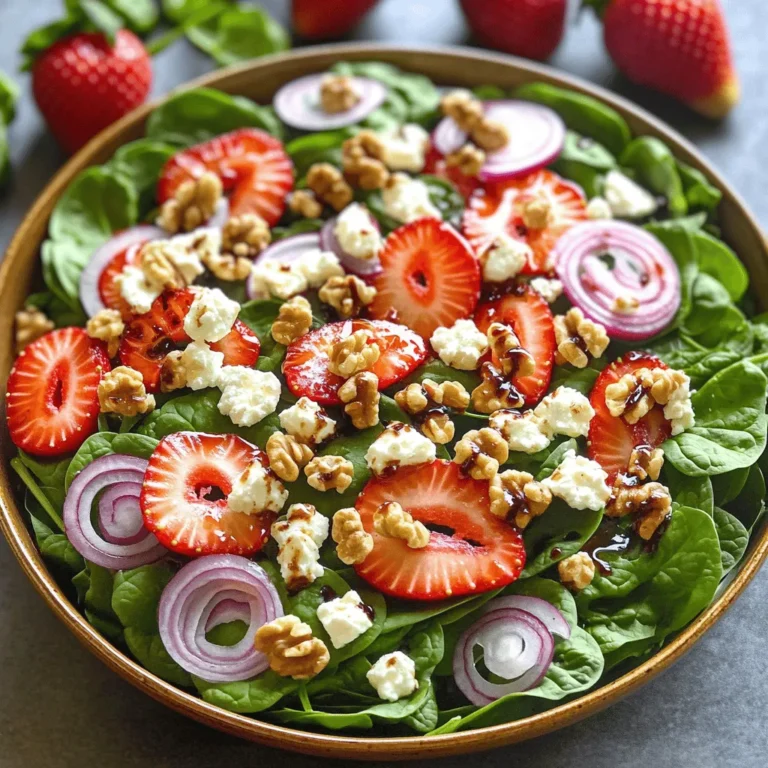 To make a great Spinach Strawberry Feta Salad, you need fresh items. Here’s what you’ll need: - 4 cups fresh baby spinach, washed and dried - 1 cup fresh strawberries, hulled and sliced - 1/2 cup crumbled feta cheese - 1/4 cup walnuts, roughly chopped - 1/4 red onion, thinly sliced Each ingredient plays a role. The baby spinach gives a crisp base. Strawberries add a sweet burst. Feta cheese brings a salty note. Walnuts add crunch, while red onion gives a slight bite. This mix makes the salad bright and tasty. Next, let’s talk about the dressing. It pulls everything together. Here’s what you’ll need for the dressing: - 1/4 cup balsamic vinegar - 2 tablespoons honey - 1 tablespoon olive oil - Salt and pepper to taste The balsamic vinegar offers a tangy flavor. Honey adds sweetness and balances the vinegar. Olive oil gives a smooth texture. Salt and pepper enhance all the flavors. Combine these ingredients for a simple yet delicious dressing. For the full recipe, check out the Full Recipe section and enjoy making this vibrant salad! Start by making the dressing. In a small bowl, whisk together the balsamic vinegar, honey, olive oil, salt, and pepper. This mix brings a sweet and tangy flavor to the salad. Make sure you blend it well. Set this dressing aside while you work on the salad. Grab a large salad bowl. First, add the fresh spinach. This forms the base of your salad. Next, layer on the sliced strawberries, crumbled feta cheese, chopped walnuts, and thinly sliced red onion. Each topping adds its own unique flavor and crunch. Make sure to spread everything evenly for a balanced taste in every bite. Now it’s time to add the dressing. Drizzle it over the salad. Then, toss everything gently to combine. Be careful not to bruise the spinach or strawberries. After mixing, take a moment to taste the salad. Adjust the seasoning if needed. You might want to add more salt, pepper, or dressing for extra flavor. Serve immediately for the best taste and freshness. For the full recipe, check out Spinach Strawberry Feta Delight. - Serve the salad right after making it. This keeps the colors bright and the flavors fresh. - When washing spinach, fill a bowl with cold water. Swirl the spinach to remove dirt. Lift it out gently, leaving dirt behind. Repeat if needed until the water is clear. - You can change the dressing to suit your taste. Add more honey for sweetness, or more balsamic vinegar for tang. - Experiment with spices! A pinch of cinnamon or a dash of crushed red pepper can add a new twist. - For a stunning look, use a large, shallow bowl. This allows the colors to shine. - Sprinkle extra crumbled feta and walnuts on top for texture. Place whole strawberries on the side for a pop of color. - Arrange the ingredients in layers instead of mixing them. This makes each element stand out, making the dish more appealing. For the full recipe, check out Spinach Strawberry Feta Delight. {{image_2}} You can easily swap some ingredients in this salad. If you want a nutty crunch, use almonds or pecans instead of walnuts. Both add great flavor. For cheese, try goat cheese for a tangy twist or a creamy blue cheese for something bold. These swaps keep the dish fresh and fun. Seasonal fruits can make this salad even better. In summer, add peaches or blueberries. In fall, try apples or pears. These fruits add natural sweetness and change the flavor profile. Using what's in season makes the dish more vibrant and tasty. For a vegan option, skip the feta and honey. Use a plant-based cheese and maple syrup instead. This keeps it creamy and sweet. If you need gluten-free options, this salad is already safe. Just check the balsamic vinegar and honey for any hidden gluten. Enjoy a delicious meal that fits your needs. If you want the complete recipe, check out the Full Recipe. To keep your salad fresh, store it in the fridge. Use an airtight container. Make sure to keep the dressing separate. This keeps the spinach crisp. You can mix the dressing in just before serving. If you want to make this salad ahead of time, prep the ingredients first. Wash and dry the spinach, slice the strawberries, and chop the nuts. Store each ingredient in its own container. Combine them with the feta just before serving. This keeps everything fresh and tasty. How long will this salad last in the fridge? Typically, it stays good for about 2 days. After that, the spinach may wilt, and the strawberries can spoil. Always check for freshness before eating. If it looks or smells off, it's best to toss it. Enjoy the vibrant flavors of this salad while it’s fresh! For the full recipe, check out the Spinach Strawberry Feta Delight! You can prep this salad ahead of time. Start by washing and drying the spinach. You can slice the strawberries and chop the red onion. Store each item in separate containers. Keep the feta and walnuts in their own bags too. This way, they stay fresh. Mix the dressing in a small jar. When you are ready to serve, simply combine the ingredients in a bowl. Drizzle the dressing on top. Toss gently for the best taste and texture. This method helps the salad stay crisp and bright. Spinach is rich in vitamins A, C, and K. It also has iron and calcium. This leafy green boosts your immune system. Strawberries are full of antioxidants. They are high in fiber and low in calories. These berries help improve heart health. Feta cheese adds protein and calcium too. It is lower in fat compared to other cheeses. Walnuts are a great source of healthy fats. They support brain health and reduce inflammation. This salad packs a nutritious punch! Yes, you can easily customize this recipe. If you are dairy-free, try using a vegan cheese or omit the feta. For nut allergies, replace walnuts with seeds like sunflower seeds. You can also use pumpkin seeds for extra crunch. If you want a gluten-free option, this salad is naturally gluten-free. You can add grilled chicken or chickpeas for more protein. Adjust the ingredients to fit your diet. Enjoy the fresh flavors while keeping it safe for your needs. For the full recipe, check out the Spinach Strawberry Feta Delight! This blog post covered fresh ingredients, step-by-step instructions, helpful tips, and variations for Spinach Strawberry Feta Salad. You learned how to prepare a tasty dressing and layer your salad for the best flavor. The key is to use fresh ingredients and serve it right away. Feel free to customize the recipe to fit your needs. Experiment and have fun with ingredients. A vibrant salad isn’t just a meal; it’s a joy to make and share. Enjoy your healthy creation!