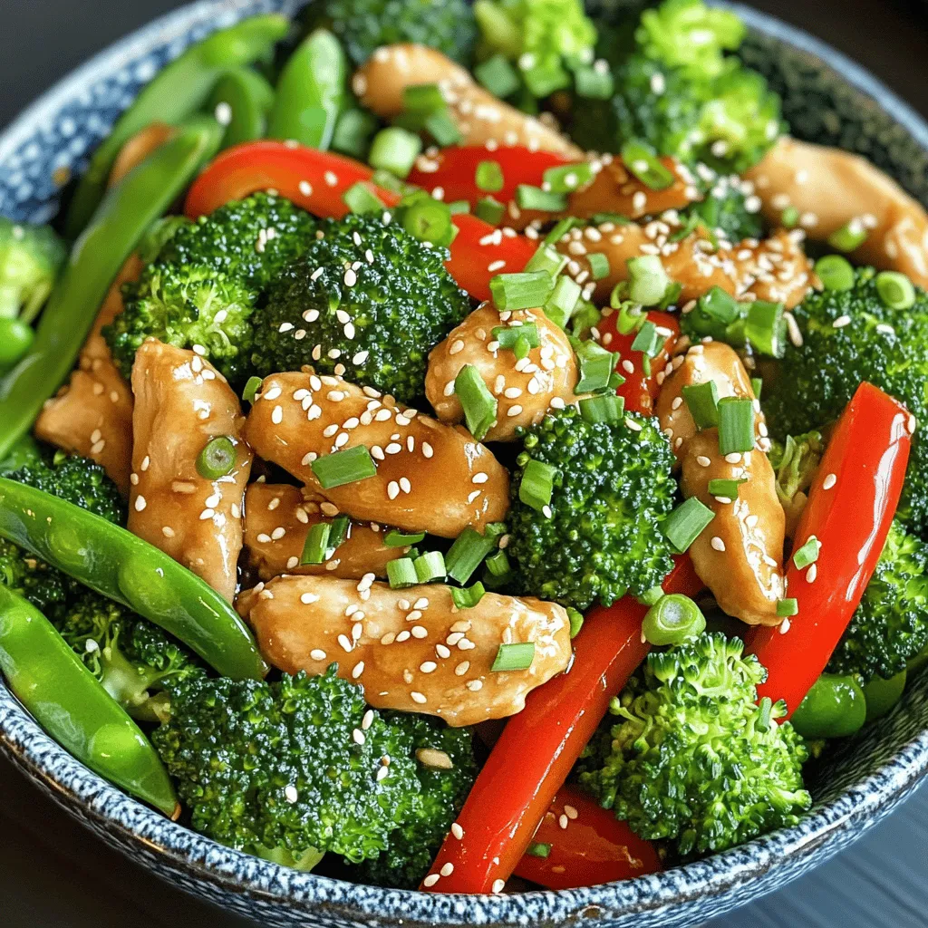 For this Sesame Ginger Chicken Stir Fry, you will need a few key items. Here’s a list of the chicken and vegetables: - 1 lb boneless, skinless chicken thighs, thinly sliced - 2 cups broccoli florets - 1 red bell pepper, sliced - 1 cup snap peas, trimmed - 4 green onions, chopped Next, let’s talk about the key sauces and seasonings that bring this dish to life: - 2 tablespoons sesame oil - 1 tablespoon fresh ginger, minced - 3 garlic cloves, minced - 1/4 cup low-sodium soy sauce - 2 tablespoons honey - 2 tablespoons rice vinegar - 1 tablespoon cornstarch - 2 tablespoons water Garnishes add a nice touch to your stir fry. Here are a couple of ideas: - Sesame seeds for a crunchy finish - Chopped green onions for fresh flavor If you're looking for sides, I suggest steamed rice or quinoa. These will complete your meal and soak up the tasty sauce. For the full recipe, check out the details above. Enjoy your cooking! Marinating the chicken Start by slicing the chicken thighs into thin pieces. Place them in a medium bowl. Add 1 tablespoon of soy sauce. This helps flavor the chicken. Let it marinate for 15 minutes. This step makes the chicken juicy and tasty. Preparing the sauce In a small bowl, mix the remaining soy sauce, honey, rice vinegar, cornstarch, and water. Whisk them together until they combine well. Set this aside. This sauce will add a sweet and savory taste to your stir fry. Stir-frying the chicken Heat 1 tablespoon of sesame oil in a large skillet or wok. Use medium-high heat for the best results. Once it is hot, add the marinated chicken. Stir-fry for about 5 to 7 minutes. The chicken should be cooked through and lightly browned. Remove the chicken from the skillet and set it aside. Cooking the vegetables In the same skillet, add the remaining tablespoon of sesame oil. Then, add minced ginger and garlic. Stir-fry this for about 30 seconds. The aroma will be amazing! Next, add the broccoli, red bell pepper, and snap peas. Stir-fry for another 4 to 5 minutes. The veggies should be bright and tender but not mushy. Combining chicken and vegetables Return the cooked chicken to the skillet. Pour the sauce mixture over everything. Stir well to mix it all together. Cook for another 2 to 3 minutes. The sauce should thicken and coat the chicken and veggies nicely. Adding sauce and finishing touches Finally, add the chopped green onions. Give everything a gentle toss to mix. This adds a fresh crunch. Serve the stir fry in a large bowl. Sprinkle sesame seeds on top for a lovely finish. Enjoy your meal! Check the [Full Recipe] for more details! To make tender chicken, start by marinating it. Use soy sauce and let it sit for 15 minutes. This adds flavor and helps keep the meat moist. When you cook the chicken, don't overcrowd the pan. This helps it brown nicely. To avoid soggy vegetables, cut them into even pieces. This helps them cook at the same rate. Always cook the chicken first, then add the veggies. Stir-fry them quickly on high heat to keep them crunchy and colorful. A good stir-fry needs the right tools. Use a large skillet or wok. A non-stick surface helps prevent sticking. Wooden spoons or spatulas are great for stirring. High heat is key for stir-frying. It seals in flavors and cooks fast. Make sure your pan is hot before adding ingredients. This gives you that perfect stir-fry texture. Prep your ingredients before you start cooking. Chop your veggies and slice your chicken ahead of time. This makes the cooking process quick and easy. Using pre-sliced veggies is a smart choice. You can find these in most grocery stores. They save you time and keep your meal fun and quick to make. For the full recipe, you can check out the detailed steps. {{image_2}} You can switch the chicken for other proteins. Tofu is a great option for a plant-based meal. It absorbs flavors well and adds a nice texture. Shrimp is another yummy choice. It cooks quickly and pairs well with ginger. If you want a heartier taste, consider beef or pork. Thinly sliced beef adds richness. Pork works well too, especially tender cuts like tenderloin. Each option gives your stir fry a new twist. Get creative with your veggies! Carrots add a sweet crunch, while zucchini brings a light flavor. Mushrooms offer an earthy taste that complements the dish. Think about the season too. Use fresh asparagus in spring or squash in fall. Seasonal veggies not only taste better but also make your dish colorful and fun. You can tweak the flavors to fit your taste. If you want it sweeter, add more honey. For a kick, toss in some red pepper flakes or fresh chili. Trying different sauces can also change the game. Soy sauce is classic, but teriyaki or hoisin can add new depth. Experimenting with flavors can make this dish your own. For the full recipe, check out the full recipe. To keep your sesame ginger chicken stir fry fresh, store leftovers in the fridge. Use airtight containers to seal in flavors. Allow the stir fry to cool for about 30 minutes before packing it away. This step helps avoid condensation, which can make your meal soggy. When it’s time to enjoy your leftovers, you want to maintain the taste and texture. To reheat, using a stovetop is best. Heat a non-stick skillet over medium heat. Add a splash of water or broth to keep it moist. Stir often for about 5 minutes until warmed through. If you prefer the microwave, place the stir fry in a microwave-safe bowl. Heat in 30-second bursts, stirring in between, until hot. You can freeze sesame ginger chicken stir fry for later. First, let it cool completely. Then, place it in freezer-safe bags or containers. Remove as much air as possible to prevent freezer burn. For thawing, transfer it to the fridge overnight. When ready to eat, follow the reheating tips above. This way, you can enjoy a quick, tasty meal anytime! For the complete recipe, check out the Full Recipe. To add heat to your stir fry, use chili paste or fresh peppers. Start with a small amount. Taste as you go. This way, you control the spice level. Sliced jalapeños or crushed red pepper flakes work well too. They bring a nice kick without overpowering the dish. Yes, you can use other oils. Good substitutes include olive oil or avocado oil. Both have high smoke points, making them great for stir frying. They will not give the same nutty taste, but they work well. You could also mix in a little peanut oil for more flavor. Your Sesame Ginger Chicken Stir Fry can last about 3 to 4 days in the fridge. Store it in an airtight container. Before eating, check for any off smells or changes in texture. If it smells bad or looks strange, it's best to throw it away. Absolutely! Use gluten-free soy sauce instead of regular soy sauce. Brands like Tamari offer a good flavor without gluten. Check the label to ensure it's certified gluten-free. This small swap keeps the taste while making it safe for gluten-sensitive eaters. This dish pairs well with rice or noodles. Steamed jasmine rice or brown rice are great options. You can also serve it over angel hair pasta for a twist. For extra crunch, add a side of cucumber salad. The freshness balances the stir fry's rich flavors. For the complete recipe, check out the [Full Recipe]. This blog post covered how to make a tasty Sesame Ginger Chicken Stir Fry. We discussed ingredients, cooking steps, and tips to perfect your dish. I shared ideas for variations and storage methods to keep leftovers fresh. Remember, stir fry is about fun and creativity. You can change ingredients and flavors based on your taste. Enjoy cooking and sharing this quick meal with friends and family!