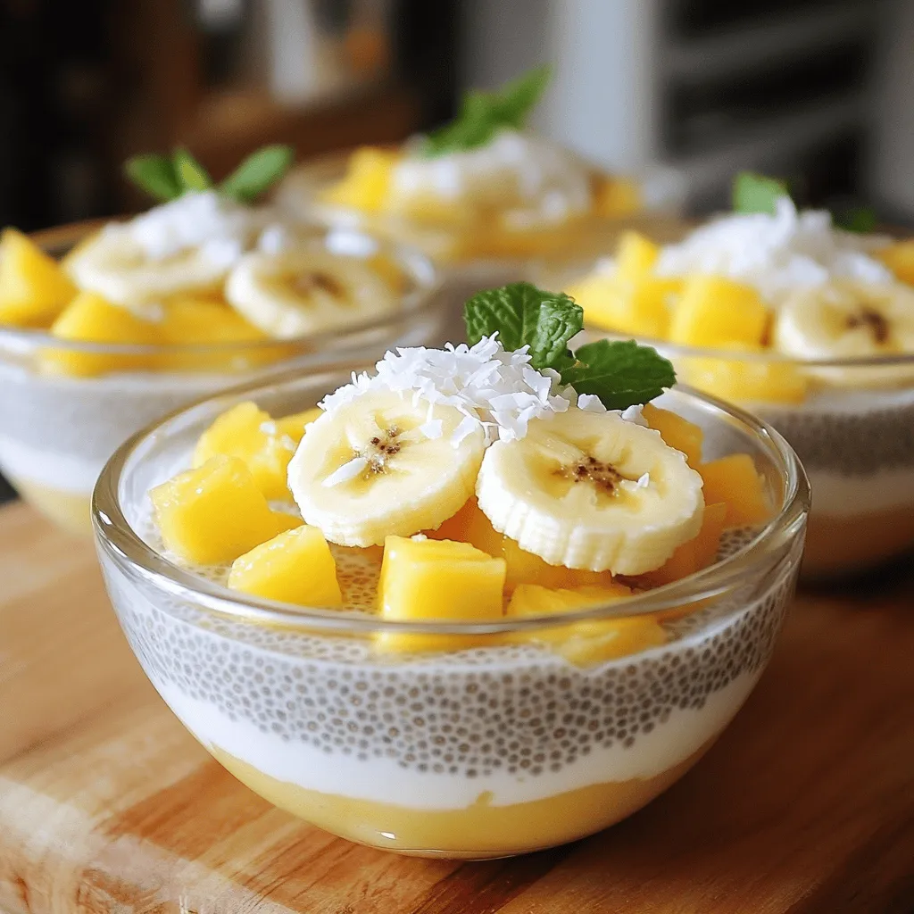 To make Tropical Coconut Chia Pudding, you will need: - 1 cup coconut milk (canned or carton) - 1/4 cup chia seeds - 2 tablespoons maple syrup or honey - 1 teaspoon vanilla extract - 1/2 cup diced fresh pineapple - 1/2 banana, sliced - 1/4 cup shredded coconut (unsweetened) - Fresh mint leaves for garnish This dish is not just tasty; it is also good for you. Coconut milk offers healthy fats that can boost your energy. Chia seeds are packed with fiber, protein, and omega-3 fatty acids. They help keep you full longer. Pineapple adds vitamin C, which supports your immune system. Bananas give you potassium, benefiting your heart. Lastly, shredded coconut adds a nice crunch and brings in some extra fiber. Each ingredient plays an important role in making this a healthy treat. When choosing ingredients, I prefer certain brands for quality. For coconut milk, I often use Thai Kitchen or Aroy-D. They provide rich flavor and creamy texture. For chia seeds, I recommend Nutiva or Bob's Red Mill for their freshness. For sweeteners, look for pure maple syrup from brands like Grade A or Trader Joe's. Always check labels for added sugars or preservatives. Using quality ingredients makes a big difference in taste and nutrition. Making Tropical Coconut Chia Pudding is easy and fun. You start by gathering the ingredients. You need coconut milk, chia seeds, maple syrup (or honey), and vanilla extract. You also need fresh pineapple, banana, shredded coconut, and mint leaves. In a mixing bowl, pour in the coconut milk. Add the chia seeds, maple syrup, and vanilla extract. Whisk these together until they blend nicely. After five minutes, whisk again to stop the chia seeds from clumping. This step helps to create a smooth texture. Cover the bowl with plastic wrap or put the mix into jars. Place them in the fridge for at least four hours. For best results, let it chill overnight. When you are ready to serve, stir the pudding well. Layer the pudding with diced pineapple and banana slices. Top with shredded coconut for crunch. Finish with fresh mint leaves to add color and fresh flavor. This recipe is a delightful treat! You can find the Full Recipe for more details. To keep chia seeds from clumping, mix them well. After combining all the ingredients, let the mix sit for 5 minutes. Then, whisk it again. This action breaks up any seeds that might stick together. If you skip this step, clumps may form. I recommend whisking a few times during the first 30 minutes if you can. For the best taste, use full-fat coconut milk. It gives a rich, creamy texture. The maple syrup or honey adds sweetness. You can adjust the amount based on your taste. Fresh fruits like pineapple and banana give a bright flavor. Use ripe fruit for the best results. This mix enhances the pudding and makes it fruity and fun. Serving matters as much as taste. I like to layer the pudding in clear bowls. Start with pudding at the bottom, then add fresh fruit. Top with shredded coconut for a tropical feel. Finish it off with mint leaves for color. This creates a beautiful dish that looks as good as it tastes. For more details, check out the Full Recipe. {{image_2}} You can mix up the flavor of your Tropical Coconut Chia Pudding easily. Try using almond milk instead of coconut milk for a nutty taste. You can also add a scoop of cocoa powder for a chocolate twist. For a citrus vibe, mix in some orange zest or lime juice. Fresh mango adds a tropical flair that brightens each bite. Feel free to experiment with your favorite flavors! This recipe is already vegan and gluten-free! Use maple syrup to keep it plant-based. Make sure to check your chia seeds. Most brands are gluten-free, but some may process other grains. Always read the labels to be safe. You can enjoy this tasty treat without worrying about dietary needs. Using seasonal fruits can elevate your pudding. In summer, add fresh berries like strawberries or blueberries. In fall, try diced apples and a sprinkle of cinnamon. Winter calls for pomegranate seeds or roasted chestnuts for a warm touch. Spring brings fresh mint or kiwi that brightens the dish. Seasonal ingredients not only taste great but also keep your pudding exciting! For full details on making this delicious dish, check the Full Recipe. To keep your Tropical Coconut Chia Pudding fresh, store it in the fridge. Use airtight containers to prevent any odors from affecting the taste. I recommend portioning it in individual jars. This makes it easy to grab when you're hungry. You can freeze chia pudding, but it may change the texture. If you want to freeze it, pour the pudding into ice cube trays or freezer-safe containers. Make sure to leave some space for expansion. When you're ready to eat, thaw it in the fridge overnight. Your Tropical Coconut Chia Pudding can last up to five days in the fridge. After that, check for any off smells or changes in texture. If it looks or smells strange, it's best to toss it. For the best taste, enjoy it within the first few days. You can find the full recipe for reference. Chia pudding is a creamy and healthy dessert. It uses chia seeds soaked in liquid. These seeds expand and create a gel-like texture. You can sweeten it with honey or maple syrup. This pudding is rich in fiber, protein, and omega-3 fatty acids. It makes a great breakfast or snack. You can swap coconut milk for almond milk or oat milk. Both options work well. They offer a lighter taste but keep the pudding creamy. You can also use regular milk for a different flavor. Just remember to adjust the sweetness to your liking. Yes! You can mix in fruits like mango, strawberries, or blueberries. Each fruit adds its own flavor. Just make sure to chop them into bite-sized pieces. You can also use frozen fruit for a quick option. The chia pudding will still taste amazing! Chia pudding stays fresh for about five days in the fridge. Make sure to keep it covered. After a few days, the texture might change a bit. You can still eat it, but it may not be as thick. Enjoy it within the week for the best taste! This blog post covered how to make chia pudding. We explored the key ingredients and their nutrition. I shared brands I trust and step-by-step guide for great results. You learned tips to avoid clumping and keep flavor fresh. I included fun variations for your taste and dietary needs. Lastly, we discussed how to store your pudding. Chia pudding is a tasty, healthy treat you can enjoy fun ways!
