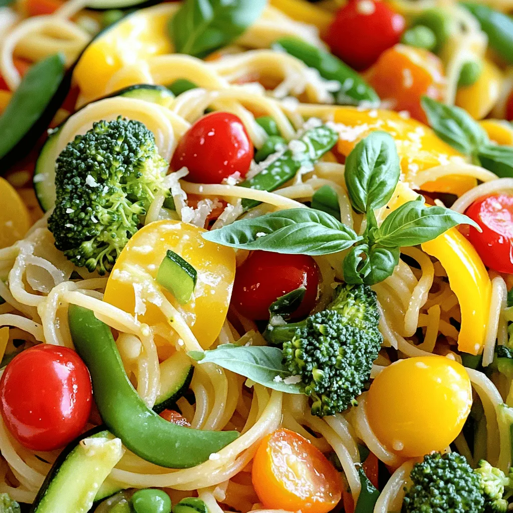 - Pasta Selection: - 12 oz spaghetti or your favorite pasta - Vegetables Variety: - 1 medium zucchini, sliced - 1 cup bell peppers (any color), sliced - 1 cup cherry tomatoes, halved - 1 cup broccoli florets - 1 cup snap peas, trimmed - Seasoning and Garnish: - 2 tablespoons olive oil - 3 cloves garlic, minced - 1 teaspoon dried Italian herbs (basil, oregano) - Salt and pepper to taste - ¼ cup grated Parmesan cheese (optional) - Fresh basil leaves for garnish Using fresh ingredients is key for great taste. I love to mix colors and textures. The zucchini adds a nice crunch, while the tomatoes provide sweetness. You can choose any bell peppers you like. I often use a mix for a bright look. The broccoli and snap peas add both flavor and nutrition. You can also use leftover veggies if you have them. For seasoning, olive oil brings richness. Garlic adds depth and aroma. The Italian herbs tie everything together. Adjust salt and pepper to your liking. If you want, sprinkle Parmesan on top for extra flavor. Fresh basil not only looks nice but also adds a burst of freshness. Check out the Full Recipe for all the details. Enjoy your cooking! 1. Boiling: Start by filling a large pot with water. Add a good amount of salt. Bring it to a boil. Add your pasta and cook it as the package says, usually about 8-10 minutes. You want it to be firm but not hard. This is called al dente. 2. Reserving Pasta Water: Before you drain the pasta, save about one cup of the water. This water has starch and will help bind your dish together later. 1. Prepping the Pan: Grab a large skillet and set it on medium heat. Pour in the olive oil. When the oil is hot, add the minced garlic. Stir it for about one minute. You want it to smell good but not burn. 2. Adding Vegetables: Next, toss in the zucchini, bell peppers, broccoli, and snap peas. Stir them around. Cook for about 5-7 minutes. You want the veggies to be tender but still a little crunchy. 1. Mixing Pasta and Veggies: Now it’s time to add the drained pasta and the reserved pasta water to the skillet. Gently mix everything together. This helps the flavors blend well. Cook for another 2-3 minutes. 2. Seasoning: Sprinkle in the dried Italian herbs, salt, and pepper. Stir again. Taste and adjust the flavors if you think it needs more seasoning. This Easy Veggie Pasta Primavera is simple yet full of flavor. For complete steps, check the Full Recipe. - Ensuring Al Dente Pasta: To cook pasta just right, boil it in salted water. Check the time on the package. Start tasting a minute early. It should be firm but not hard. Drain and reserve some pasta water. This water helps sauce stick later. - Enhancing Vegetable Flavor: Heat olive oil in a pan before adding garlic. Sauté garlic for one minute until it smells great. Add veggies in stages. Start with the zucchini and peppers, then add broccoli and snap peas. Cook them for 5 to 7 minutes until they are tender but still crisp. - Substituting Vegetables: You can swap veggies based on what's fresh or in season. Try asparagus in spring or butternut squash in fall. Spinach or kale also adds great flavor and color. - Adding Protein: If you want a heartier meal, add protein. Grilled chicken or shrimp works well. Tofu is a great choice for a plant-based option. Just cook it in the pan before adding veggies. For a quick fix, try canned chickpeas. {{image_2}} Excluding Cheese: To make this dish vegan, skip the cheese. You can use nutritional yeast for a cheesy taste. It adds a nice flavor without any dairy. You might also try vegan cheese for extra creaminess. Enhancing Plant-Based Proteins: Add legumes to boost protein. Chickpeas or black beans work well in this recipe. You can also toss in lentils for a hearty texture. These options will fill you up and keep the meal nutritious. Suitable Pasta Choices: For a gluten-free meal, use gluten-free pasta. Look for options made from rice, quinoa, or chickpeas. These pasta types cook well and provide great taste. Adjusting Ingredients: Make sure all your ingredients are gluten-free. Check labels on sauces and spices. This step ensures your whole dish is safe for those avoiding gluten. Enjoy your pasta primavera without worry! To keep leftovers fresh, store them in an airtight container. Let the pasta cool to room temperature before sealing. This prevents condensation and keeps your dish tasty. You can store it in the fridge for up to three days. After that, the quality may drop, and flavors can fade. When reheating, you have two great options: the microwave or stovetop. If you choose the microwave, place your pasta in a bowl. Add a splash of water to keep it moist. Heat it in short bursts, stirring often until warm. For the stovetop, use a skillet over medium heat. Add a little olive oil or water to help it heat evenly. Stir often to avoid burning. This method helps keep the texture nice. Always add moisture when reheating. This prevents the pasta from drying out. Enjoy your Easy Veggie Pasta Primavera just as delicious as before! Can I use frozen vegetables? Yes, you can use frozen vegetables. They save time and cook fast. Just add them to the skillet with the garlic. Stir and sauté until heated through. This gives you a quick and tasty meal. How do I make a spicy version? To add spice, include red pepper flakes. Start with a pinch and adjust to your taste. You can also add chopped fresh chili peppers. Mix them in while cooking the garlic for a kick. What can I serve with Easy Veggie Pasta Primavera? This dish pairs well with a simple green salad. Garlic bread makes a great side too. You can also serve it with grilled chicken or shrimp for extra protein. Why is my pasta sticky? Sticky pasta usually means it overcooked or didn’t have enough water. Make sure to salt the water well. Stir the pasta while it cooks to keep it from sticking together. How do I know when my vegetables are done? Your veggies should be tender but still crisp. A fork should easily pierce them. If they lose their color, they may be overcooked. Keep an eye on the cooking time. Substitutions for missing ingredients: Suggestions and alternatives If you run out of zucchini, use carrots or squash instead. Bell peppers can swap for any color you like. No cherry tomatoes? Diced regular tomatoes work too. You can mix and match based on what you have. For the cheese, try nutritional yeast for a vegan touch. For a creamy sauce, add a splash of cream or non-dairy milk. For the complete recipe, check the Full Recipe section. In this post, I've shared how to make Easy Veggie Pasta Primavera. We covered the key ingredients, step-by-step cooking instructions, and helpful tips. You learned about delicious vegetable options and how to enhance flavors. This dish is easy to customize for your taste or dietary needs. Finally, I provided storage advice to keep leftovers fresh. Enjoy your cooking and feel free to experiment. Your pasta primavera can always be your own delicious creation!