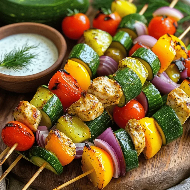 For these tasty skewers, you need: - 1 lb boneless, skinless chicken breasts, cut into 1-inch cubes - 1 cup dill pickle juice (from a jar of pickles) - 1 packet ranch seasoning mix - 1 bell pepper (red, yellow, or green), cut into 1-inch pieces - 1 red onion, cut into wedges - 1 zucchini, sliced into thick half-moons - 8 oz cherry tomatoes - Olive oil - Salt and pepper to taste - Skewers (wooden or metal) These ingredients create a great mix of flavor and texture. The chicken gets a nice tang from the pickle juice, while the ranch seasoning adds that familiar taste we all love. If you want to boost the flavor, consider adding: - Fresh herbs like dill or parsley for garnish - A splash of hot sauce for a spicy kick - Sliced mushrooms for an earthy taste - Pineapple chunks for a sweet touch - Baby bell peppers for extra color These extras can make your skewers even more special. Mix and match to find what you love best! You'll need some basic tools to make these skewers: - A mixing bowl for marinating - A cutting board and knife for chopping veggies - Skewers (wooden or metal) - A grill or grill pan - A basting brush for olive oil Having the right tools makes the cooking process smooth and fun. Make sure everything is ready before you start! You can find the full recipe to guide you through all the steps. To start, take the chicken cubes and place them in a bowl. Pour the dill pickle juice over the chicken. Make sure all the chicken is covered in the juice. This step is key because it adds great flavor and keeps the chicken moist. Cover the bowl and place it in the fridge. Let the chicken marinate for at least 2 hours. If you can, leave it overnight. The longer it soaks, the better it tastes. While the chicken marinates, let's get the veggies ready. Cut the bell pepper into 1-inch pieces and slice the zucchini into thick half-moons. Next, chop the red onion into wedges. Toss these veggies in a bowl with a splash of olive oil. Add some salt and pepper for taste. If you want a flavor boost, sprinkle a little ranch seasoning mix on the veggies. This step adds a nice touch and ties the flavors together. Now for the fun part—putting everything on skewers! Grab your marinated chicken and your prepared veggies. Thread the chicken and veggies onto the skewers, alternating them for a colorful look. Aim for a mix of chicken and different vegetables. After you assemble the skewers, lightly sprinkle some ranch seasoning on top. Before grilling, preheat your grill or grill pan to medium-high heat. If you're using wooden skewers, soak them in water for about 30 minutes. This helps prevent burning. Place the skewers on the grill and cook them for about 12-15 minutes. Turn the skewers every few minutes. You want the chicken to be fully cooked and the veggies to be tender and slightly charred. Check that the chicken reaches an internal temperature of 165°F (75°C). - Cooking Time and Temperature Tips: Always monitor your grill's heat. If it gets too hot, the food can burn. If it’s too low, the chicken may not cook through. Adjust as needed for best results. To grill your skewers just right, keep a few things in mind. First, soak wooden skewers for about 30 minutes before use. This step helps prevent burning. Next, preheat your grill to medium-high heat. This ensures even cooking. Place the skewers on the grill and turn them every few minutes. This helps all sides get nice grill marks. Aim for a cook time of 12-15 minutes. Always check that your chicken reaches 165°F to ensure it is safe to eat. For added flavor, consider using fresh herbs and spices. Dill, parsley, or even a bit of garlic can boost the taste. Try adding these herbs to your veggies before grilling. You can also mix some into your ranch seasoning. This creates a flavorful coating. Don’t shy away from experimenting! A sprinkle of paprika can add a nice kick. Season to your taste, and enjoy the flavor journey. Safety is key when grilling chicken. Use a meat thermometer to check the internal temperature. This ensures the chicken is cooked through and safe. Always wash your hands after handling raw chicken. Avoid cross-contamination by using separate cutting boards for meat and veggies. Lastly, let the skewers rest for a few minutes after grilling. This helps keep the juices inside the chicken, making them tender and juicy. Following these tips will make your grilling experience safe and tasty. {{image_2}} You can switch up the protein in these skewers. Beef, pork, or tofu works great. If you choose beef, use tender cuts like sirloin or filet. Cut it into 1-inch cubes, just like the chicken. For pork, use tenderloin or boneless chops. Tofu is an excellent vegetarian option. Use firm or extra-firm tofu. Cut it into cubes and press it to remove extra moisture. Each protein brings a unique flavor, but the pickle ranch marinade still shines through. Feel free to mix and match veggies based on what's in season. Asparagus, mushrooms, or eggplant add new flavors. For a bright twist, try adding fresh corn or snap peas. You can also use seasonal squashes like butternut or acorn. The trick is to keep the sizes uniform, so they cook evenly. This way, you can enjoy a colorful plate that looks as good as it tastes. Pair your skewers with delicious sides. A fresh salad with mixed greens and cucumbers adds crunch. You can also serve them with rice or quinoa for a hearty meal. For dips, ranch dressing or a yogurt-based sauce works well. You can make a tangy cucumber sauce with yogurt and dill for a refreshing touch. Serve your skewers on a big platter. This makes sharing easy and adds to the fun of the meal. For more ideas, check the Full Recipe for inspiration! After your meal, let the leftover skewers cool down. Place them in an airtight container. You can store them in the fridge for up to three days. This keeps the chicken juicy and the veggies fresh. If you want to keep them longer, consider freezing. For the best taste, reheat the skewers in the oven. Preheat your oven to 350°F (175°C). Place the skewers on a baking sheet. Cover them with foil to keep moisture in. Heat for about 10-15 minutes. You can also use a microwave, but the oven keeps the texture better. If you want to freeze the skewers, wrap them tightly in plastic wrap. Then, put them in a freezer-safe bag. They can last up to three months in the freezer. When you're ready to eat, thaw them in the fridge overnight. Then, reheat as mentioned above. This way, you can enjoy Pickle Ranch Chicken and Veggie Skewers anytime! For the full recipe, check back in the earlier section. Yes, you can switch up the spices. If you want a kick, try adding cayenne pepper or smoked paprika. You could also use garlic powder or onion powder for more depth. The ranch seasoning brings a nice flavor, so keep that as the base. Feel free to mix your favorite spices! This gives you a chance to make the dish your own. I recommend marinating the chicken for at least two hours. For the best taste, let it sit overnight. This extra time allows the flavors to soak in deeply. If you are in a rush, even a quick 30-minute soak makes a difference. Just remember, longer is often better for richer taste. These skewers pair nicely with a fresh salad or some rice. You can also serve them with a side of grilled corn or coleslaw. Each option adds a nice crunch and balances the flavors. If you want a fun twist, try serving them with a dill pickle dip. This ties in the pickle theme and adds extra flavor. Check out the Full Recipe for more serving ideas! In this blog post, we explored how to make Pickle Ranch Chicken and Veggie Skewers. You learned about key ingredients, easy steps for grilling, and tips for great flavors. We also discussed different protein options and how to store leftovers. Pickle Ranch Chicken Skewers are versatile and fun to make. With the right ingredients and techniques, you can impress anyone. Now, grab your skewers and start grilling! Enjoy your meal and the smiles it brings.