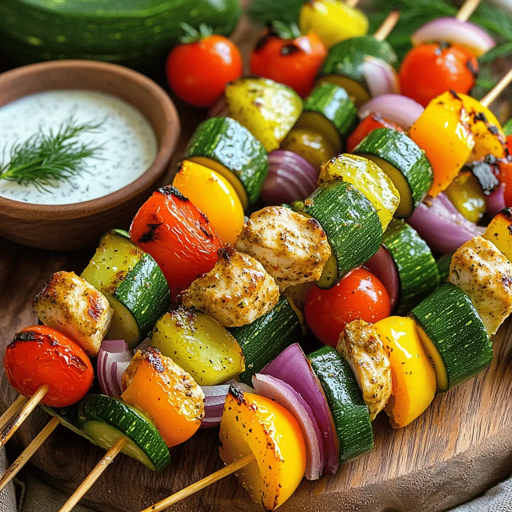 For these tasty skewers, you need: - 1 lb boneless, skinless chicken breasts, cut into 1-inch cubes - 1 cup dill pickle juice (from a jar of pickles) - 1 packet ranch seasoning mix - 1 bell pepper (red, yellow, or green), cut into 1-inch pieces - 1 red onion, cut into wedges - 1 zucchini, sliced into thick half-moons - 8 oz cherry tomatoes - Olive oil - Salt and pepper to taste - Skewers (wooden or metal) These ingredients create a great mix of flavor and texture. The chicken gets a nice tang from the pickle juice, while the ranch seasoning adds that familiar taste we all love. If you want to boost the flavor, consider adding: - Fresh herbs like dill or parsley for garnish - A splash of hot sauce for a spicy kick - Sliced mushrooms for an earthy taste - Pineapple chunks for a sweet touch - Baby bell peppers for extra color These extras can make your skewers even more special. Mix and match to find what you love best! You'll need some basic tools to make these skewers: - A mixing bowl for marinating - A cutting board and knife for chopping veggies - Skewers (wooden or metal) - A grill or grill pan - A basting brush for olive oil Having the right tools makes the cooking process smooth and fun. Make sure everything is ready before you start! You can find the full recipe to guide you through all the steps. To start, take the chicken cubes and place them in a bowl. Pour the dill pickle juice over the chicken. Make sure all the chicken is covered in the juice. This step is key because it adds great flavor and keeps the chicken moist. Cover the bowl and place it in the fridge. Let the chicken marinate for at least 2 hours. If you can, leave it overnight. The longer it soaks, the better it tastes. While the chicken marinates, let's get the veggies ready. Cut the bell pepper into 1-inch pieces and slice the zucchini into thick half-moons. Next, chop the red onion into wedges. Toss these veggies in a bowl with a splash of olive oil. Add some salt and pepper for taste. If you want a flavor boost, sprinkle a little ranch seasoning mix on the veggies. This step adds a nice touch and ties the flavors together. Now for the fun part—putting everything on skewers! Grab your marinated chicken and your prepared veggies. Thread the chicken and veggies onto the skewers, alternating them for a colorful look. Aim for a mix of chicken and different vegetables. After you assemble the skewers, lightly sprinkle some ranch seasoning on top. Before grilling, preheat your grill or grill pan to medium-high heat. If you're using wooden skewers, soak them in water for about 30 minutes. This helps prevent burning. Place the skewers on the grill and cook them for about 12-15 minutes. Turn the skewers every few minutes. You want the chicken to be fully cooked and the veggies to be tender and slightly charred. Check that the chicken reaches an internal temperature of 165°F (75°C). - Cooking Time and Temperature Tips: Always monitor your grill's heat. If it gets too hot, the food can burn. If it’s too low, the chicken may not cook through. Adjust as needed for best results. To grill your skewers just right, keep a few things in mind. First, soak wooden skewers for about 30 minutes before use. This step helps prevent burning. Next, preheat your grill to medium-high heat. This ensures even cooking. Place the skewers on the grill and turn them every few minutes. This helps all sides get nice grill marks. Aim for a cook time of 12-15 minutes. Always check that your chicken reaches 165°F to ensure it is safe to eat. For added flavor, consider using fresh herbs and spices. Dill, parsley, or even a bit of garlic can boost the taste. Try adding these herbs to your veggies before grilling. You can also mix some into your ranch seasoning. This creates a flavorful coating. Don’t shy away from experimenting! A sprinkle of paprika can add a nice kick. Season to your taste, and enjoy the flavor journey. Safety is key when grilling chicken. Use a meat thermometer to check the internal temperature. This ensures the chicken is cooked through and safe. Always wash your hands after handling raw chicken. Avoid cross-contamination by using separate cutting boards for meat and veggies. Lastly, let the skewers rest for a few minutes after grilling. This helps keep the juices inside the chicken, making them tender and juicy. Following these tips will make your grilling experience safe and tasty. {{image_2}} You can switch up the protein in these skewers. Beef, pork, or tofu works great. If you choose beef, use tender cuts like sirloin or filet. Cut it into 1-inch cubes, just like the chicken. For pork, use tenderloin or boneless chops. Tofu is an excellent vegetarian option. Use firm or extra-firm tofu. Cut it into cubes and press it to remove extra moisture. Each protein brings a unique flavor, but the pickle ranch marinade still shines through. Feel free to mix and match veggies based on what's in season. Asparagus, mushrooms, or eggplant add new flavors. For a bright twist, try adding fresh corn or snap peas. You can also use seasonal squashes like butternut or acorn. The trick is to keep the sizes uniform, so they cook evenly. This way, you can enjoy a colorful plate that looks as good as it tastes. Pair your skewers with delicious sides. A fresh salad with mixed greens and cucumbers adds crunch. You can also serve them with rice or quinoa for a hearty meal. For dips, ranch dressing or a yogurt-based sauce works well. You can make a tangy cucumber sauce with yogurt and dill for a refreshing touch. Serve your skewers on a big platter. This makes sharing easy and adds to the fun of the meal. For more ideas, check the Full Recipe for inspiration! After your meal, let the leftover skewers cool down. Place them in an airtight container. You can store them in the fridge for up to three days. This keeps the chicken juicy and the veggies fresh. If you want to keep them longer, consider freezing. For the best taste, reheat the skewers in the oven. Preheat your oven to 350°F (175°C). Place the skewers on a baking sheet. Cover them with foil to keep moisture in. Heat for about 10-15 minutes. You can also use a microwave, but the oven keeps the texture better. If you want to freeze the skewers, wrap them tightly in plastic wrap. Then, put them in a freezer-safe bag. They can last up to three months in the freezer. When you're ready to eat, thaw them in the fridge overnight. Then, reheat as mentioned above. This way, you can enjoy Pickle Ranch Chicken and Veggie Skewers anytime! For the full recipe, check back in the earlier section. Yes, you can switch up the spices. If you want a kick, try adding cayenne pepper or smoked paprika. You could also use garlic powder or onion powder for more depth. The ranch seasoning brings a nice flavor, so keep that as the base. Feel free to mix your favorite spices! This gives you a chance to make the dish your own. I recommend marinating the chicken for at least two hours. For the best taste, let it sit overnight. This extra time allows the flavors to soak in deeply. If you are in a rush, even a quick 30-minute soak makes a difference. Just remember, longer is often better for richer taste. These skewers pair nicely with a fresh salad or some rice. You can also serve them with a side of grilled corn or coleslaw. Each option adds a nice crunch and balances the flavors. If you want a fun twist, try serving them with a dill pickle dip. This ties in the pickle theme and adds extra flavor. Check out the Full Recipe for more serving ideas! In this blog post, we explored how to make Pickle Ranch Chicken and Veggie Skewers. You learned about key ingredients, easy steps for grilling, and tips for great flavors. We also discussed different protein options and how to store leftovers. Pickle Ranch Chicken Skewers are versatile and fun to make. With the right ingredients and techniques, you can impress anyone. Now, grab your skewers and start grilling! Enjoy your meal and the smiles it brings.