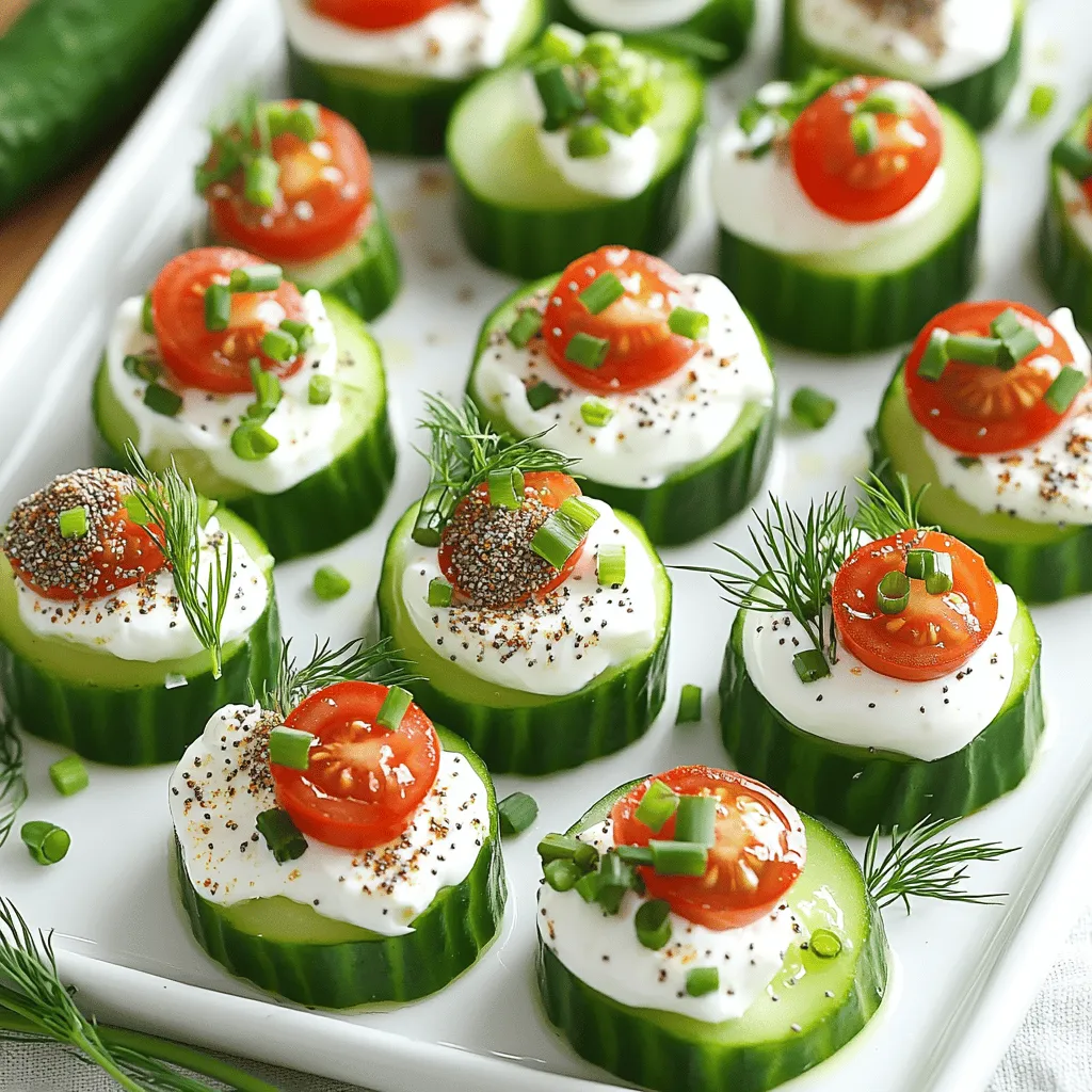 To make Everything Bagel Cucumber Bites, you need: - 2 large cucumbers, sliced into rounds - 8 oz cream cheese, softened - 2 tablespoons sour cream - 1 tablespoon fresh dill, chopped - 1 tablespoon chives, finely chopped - 1 tablespoon lemon juice - 2 tablespoons Everything Bagel seasoning - Optional: cherry tomatoes for garnish These cucumber bites are light and healthy. Each bite is low in calories and packed with flavor. The cream cheese offers protein, while cucumbers provide hydration. Fresh herbs add vitamins and a burst of taste. They’re perfect for a snack or appetizer that won’t weigh you down. The flavor of Everything Bagel Cucumber Bites is a delightful mix. You get the creamy richness from the cream cheese and sour cream. The herbs, dill, and chives add a fresh note. Everything Bagel seasoning gives a savory crunch with hints of onion and garlic. Each bite feels fresh and satisfying. You can even add cherry tomatoes for a sweet pop. Try these bites for a fresh and tasty snack; they are sure to impress! For the full recipe, check the section above. Making Everything Bagel Cucumber Bites is simple. You will need just a few steps. First, gather your ingredients. Then, prepare the cream cheese mix. Finally, assemble the bites. 1. In a mixing bowl, combine the softened cream cheese, sour cream, dill, chives, and lemon juice. Mix until smooth and creamy. 2. Take the cucumber rounds and pat them dry with a paper towel to remove excess moisture. 3. Spread a generous dollop of the cream cheese mixture on top of each cucumber slice. 4. Sprinkle a pinch of Everything Bagel seasoning over the cream cheese layer on each cucumber. 5. If desired, top each bite with a half cherry tomato for an extra burst of flavor and color. 6. Arrange the cucumber bites on a platter and refrigerate for about 15 minutes for the flavors to meld before serving. - Use fresh herbs for the best taste. They add life to the cream cheese mix. - Make sure your cucumbers are firm. This gives a nice crunch. - You can add more Everything Bagel seasoning if you like a stronger flavor. - Try different herbs to change the taste. Basil or parsley can work well. - Serve these bites cold for the best flavor and freshness. For the full recipe, check out the detailed instructions above. For the best texture, choose firm cucumbers. Remove the seeds for a crunchier bite. Slice them into even rounds. Pat each slice dry with a paper towel. This step helps the cream cheese stay put. If you skip this, the bites may become soggy. You can change the cream cheese mix for different flavors. Try adding garlic powder for a kick. Swap dill for basil for a fresh twist. You could also mix in some finely chopped olives. These tweaks keep the bites exciting and fun. When serving, arrange the bites on a nice platter. Add fresh dill sprigs for a pop of color. You can also include lemon wedges as a zesty touch. If you want to impress, garnish with halved cherry tomatoes. These bites taste best when chilled for about 15 minutes before serving. Check out the Full Recipe for more details! {{image_2}} You can change the toppings on your cucumber bites for fun. Try smoked salmon for a savory twist. Avocado adds a creamy, healthy layer. You could also use roasted red peppers for a sweet flavor. For a kick, add a slice of jalapeño. Each topping gives a new taste. These cucumber bites fit many events. For a picnic, pack them in a container. They are easy to eat and refreshing. At a party, serve them on a big platter. These bites are a great snack for game day too. You can impress your guests with this simple treat. If you want to make these bites dairy-free, use vegan cream cheese. There are good options that taste great. You can also swap sour cream for a dairy-free version. For a low-carb snack, skip the cream cheese and use hummus instead. This keeps the flavor while fitting different diets. To keep your Everything Bagel Cucumber Bites fresh, place them in an airtight container. Layer them between sheets of wax paper to avoid sticking. This method helps maintain their crispness. Store them in the fridge to keep them cool and tasty. These bites taste best when fresh. You can store them in the fridge for up to two days. If you want to freeze them, it's best to freeze the cream cheese mixture separately. Cucumbers don’t freeze well. When you're ready to eat, just assemble them again using the Full Recipe. There's no need to reheat these bites. They are best served cold. Simply take them out of the fridge and enjoy. If they lose some crunch, a quick chill can help revive their crispness. To make Everything Bagel Cucumber Bites, first gather your ingredients. You will need cucumbers, cream cheese, sour cream, fresh dill, chives, lemon juice, and Everything Bagel seasoning. Start by mixing the cream cheese and sour cream in a bowl. Add the dill, chives, and lemon juice. Mix until it's smooth. Then, slice the cucumbers into rounds. Pat them dry with a paper towel. Spread the cream cheese mix on each cucumber slice. Finally, sprinkle Everything Bagel seasoning on top. For extra color, add a cherry tomato half if you like. These bites are fresh and tasty! Yes, you can prepare Everything Bagel Cucumber Bites in advance! Make the cream cheese mixture the day before. Store it in the fridge. Slice the cucumbers on the day you plan to serve them. This keeps the cucumbers crisp. Spread the cream cheese mixture just before serving. This way, the bites stay fresh and delicious for your guests. Everything Bagel Cucumber Bites work well for many occasions. They make a great snack for parties and gatherings. Serve them at brunch with friends or family. They are perfect for picnics or casual get-togethers. You can also bring them to potlucks. Their bright colors and flavors make them a hit at any event. Try serving them at your next celebration! This blog post covered everything you need for delicious Everything Bagel Cucumber Bites. We discussed the ingredients, nutritional info, and how to achieve the best flavor. I shared step-by-step instructions along with tips for serving and storage. You can impress friends with fun variations and answers to common questions. In the end, these bites are great for any occasion. Enjoy trying out your new recipes and tips!