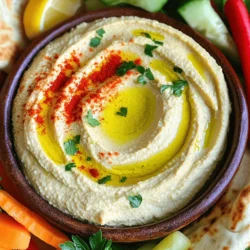 - 1 can (15 oz) chickpeas, drained and rinsed - 1/4 cup tahini - 2 tablespoons olive oil - 1 clove garlic, minced - 2 tablespoons fresh lemon juice - 1/2 teaspoon ground cumin - Salt, to taste - 3 tablespoons cold water - Paprika, for garnish - Fresh parsley, chopped, for garnish Each ingredient in this hummus plays a key role. Chickpeas are the base. They provide protein and fiber. Tahini adds a creamy texture and a nutty flavor. Olive oil gives richness. Garlic brings a bold taste. Lemon juice adds brightness and balance. Ground cumin offers warmth and depth. Salt enhances all flavors. Water helps reach the right texture. Paprika and parsley make it look pretty and fresh. Use measuring cups and spoons for accuracy. When measuring tahini, it often sticks. To help, use a spatula to scrape it out. For olive oil, pour it into the spoon slowly. This helps avoid spills. When measuring lemon juice, roll the lemon first. This releases more juice. For salt, start with a little. You can always add more if needed. Start by gathering all your ingredients. You need chickpeas, tahini, olive oil, garlic, lemon juice, ground cumin, salt, and cold water. Drain and rinse the chickpeas. This step helps remove excess salt and makes your hummus smoother. Place the chickpeas in your food processor along with tahini, minced garlic, olive oil, lemon juice, ground cumin, and a pinch of salt. Blend the mix on high speed for about one minute. This action breaks down the chickpeas and creates a creamy base. Stop and scrape down the sides of the bowl. This way, all the ingredients blend evenly. Add cold water, one tablespoon at a time. Blend after each addition until your hummus reaches the desired smoothness. Taste the hummus to check the flavor. If it needs more zing, add more lemon juice or garlic. If it is too thick, blend in a bit more cold water. If it is too runny, add a little more tahini or chickpeas. The goal is to find a balance that suits your taste. For the full recipe, refer to the instructions provided earlier. Enjoy your delicious hummus! To get smooth hummus, use a food processor. Start with well-drained chickpeas. Blend them with tahini, garlic, and olive oil. Add water slowly for the right thickness. If it feels too thick, just add more water. Scrape the sides of the bowl often. This helps blend everything well. Aim for a creamy and fluffy texture. You can boost flavor with a few simple tricks. Try adding more lemon juice for brightness. A dash of ground cumin adds warmth. If you like spice, add a pinch of cayenne pepper. Roasted garlic gives a sweet, deep taste. Fresh herbs like parsley or cilantro also add freshness. Taste and adjust to find your favorite balance. Hummus is great on its own or with sides. Serve it with warm pita bread. Fresh veggies like carrots and cucumbers work well too. You can make a mezze platter with olives and cheese. Drizzle extra olive oil on top for a nice touch. Garnish with paprika and parsley for color. Try different dips to make it fun! {{image_2}} You can add heat to your hummus with some easy changes. Start by mixing in 1-2 teaspoons of cayenne pepper or red pepper flakes. If you enjoy a smoky flavor, try adding smoked paprika. For a fresh twist, blend in a jalapeño pepper, seeds removed, for added spice. Each of these options gives your hummus a bold kick. Adding fresh herbs can elevate your classic hummus. Basil, cilantro, or dill can bring a new flavor. Just chop about 1/4 cup of your chosen herb. Blend it in with the other ingredients for a fresh taste. You can also use dried herbs, like oregano or thyme, if fresh herbs are not available. If you need a nut-free option, simply replace tahini. Try using sunflower seed butter or pumpkin seed butter instead. These alternatives still offer a creamy texture and nutty taste. They keep your hummus delicious and safe for those with nut allergies. Each variation allows you to customize your hummus. Try them out to find your favorite twist! For more ideas, check the Full Recipe. To keep hummus fresh, store it in an airtight container. Make sure the lid seals well. You can also drizzle a little olive oil on top. This oil helps keep the hummus moist. If you don't have a lid, use plastic wrap. Press it down on the hummus to reduce air contact. Homemade hummus lasts about 4 to 7 days in the fridge. Always check for off smells or changes in texture. If it looks dry, you might need to add a bit of water or olive oil. If you see mold, throw it away. It’s better to be safe than sorry. You usually don’t need to reheat hummus. It tastes great cold. If your hummus thickens in the fridge, simply add cold water. Stir well to bring it back to life. You can also use a food processor for a creamier texture. Just don’t forget to taste and adjust the seasonings after reviving. Enjoy your creamy garlic lemon hummus with your favorite snacks! For the full recipe, check the earlier section. To make hummus creamier, add more tahini or olive oil. You can also use cold water. Start with a tablespoon and blend. This helps create a smooth texture. If it's still thick, add more water slowly. Always scrape down the sides of the bowl when blending. This step ensures even mixing. Yes, you can use dried chickpeas! Soak them overnight in water. Drain and rinse them before cooking. Boil them until tender, which takes about 1 to 2 hours. Use the cooked chickpeas in the recipe as usual. Just remember, dried chickpeas need more time and planning. You can serve hummus with many tasty options. Try pita bread, fresh veggies, or crackers. It also pairs well with grilled meats. Some people enjoy hummus on sandwiches or wraps. You could even add it to a mezze platter for a fun mix of flavors. Yes, you can freeze hummus! Place it in an airtight container. Leave some space at the top for expansion. It can last up to three months in the freezer. To eat, thaw it in the fridge overnight. You may need to stir it well before serving. This keeps it fresh and tasty. This post covered key ingredients for your hummus, measuring tips, and preparation steps. You learned about blending techniques to achieve smoothness and adjusting for the right consistency. Tips on texture, flavor enhancements, and serving ideas added excitement. Variants like spicy hummus and nut-free options expand your choices. Finally, we discussed how to store hummus, its shelf life, and reheating methods. Now, you have all the tools needed to master this tasty dip. Enjoy creating your own hummus!
