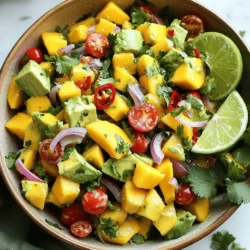 - Ripe mango - Avocados - Cherry tomatoes - Red onion - Red chili - Fresh cilantro Fresh produce makes this salad bright and tasty. Choose a ripe mango; it should feel soft but not mushy. The flesh should be sweet and juicy. For avocados, look for ones that yield slightly to gentle pressure. This means they are ripe and creamy. Cherry tomatoes add a pop of color and sweetness. Use red onion for a mild flavor that complements the other ingredients. The red chili gives it a kick, so choose according to your heat level. Fresh cilantro adds a burst of flavor and aroma. - Lime juice - Olive oil - Salt and pepper Using pantry staples helps balance the salad’s flavors. Lime juice brightens everything with its tang. Olive oil adds richness and helps blend the flavors. Salt brings out the taste of the fresh ingredients, while pepper adds a hint of spice. You can find these staples in most kitchens, making it easy to whip up this refreshing dish. For the full recipe, check out the details which guide you through each step. Start by dicing the ripe mango. Cut it in half and remove the pit. Use a knife to score the flesh, then scoop it out with a spoon. Dice it into small, bite-sized pieces. Next, take the avocados. Cut them in half, remove the pit, and scoop out the flesh. Dice the avocados just like the mango. Now, prepare the cherry tomatoes. Cut each one in half to release their juicy goodness. Lastly, chop the red onion finely. This will add a nice crunch and flavor to the salad. In a large mixing bowl, combine the diced mango and avocados. Add the halved cherry tomatoes and finely chopped red onion. If you like a bit of spice, stir in the minced red chili. For the dressing, take a small bowl and whisk together the lime juice and olive oil. This will make a bright and zesty dressing that enhances the salad's flavors. Drizzle the dressing over the salad ingredients. Gently toss everything together. Make sure each piece is well-coated in the lime dressing. This adds a burst of flavor to every bite. Now, season the salad with salt and pepper to taste. For a fragrant finish, add fresh cilantro and mix again. You can serve it right away or chill it in the fridge for 15 minutes. This makes the salad even cooler and refreshing. Enjoy your delicious Mango Avocado Salad! For the complete recipe, check out the [Full Recipe]. How to choose ripe mangoes When picking a mango, feel for softness. A ripe mango gives slightly when you press it. Check the color too; it should be bright and vibrant. Smell near the stem. A sweet aroma means it’s ready to eat. Avoid mangoes with dark spots or wrinkles. Tips for selecting avocados For avocados, look for a dark green color. Gently squeeze the avocado; it should feel soft, but not mushy. If it feels hard, it needs more time to ripen. You can speed up ripening by placing it in a paper bag with a banana. Check for dark spots, which can mean it's overripe. Serving options to enhance appearance Serve the salad in a large, shallow bowl. This allows the colors to pop. You can also use individual bowls for a nice touch. Layer the ingredients for a stunning effect. Make sure to arrange them carefully to show off the bright colors. Garnish suggestions for added appeal Add a few extra cilantro leaves on top for a fresh look. A lime wedge on the side adds a splash of color and flavor. You can also sprinkle some chili flakes for a bit of spice. These small details make your dish more appealing and fun to eat. {{image_2}} You can make your mango avocado salad even better by adding protein. Chicken or shrimp works well. Grilled chicken adds a nice smoky flavor. Shrimp brings a slight sweetness that pairs perfectly with mango. Adding nuts or seeds gives a nice crunch. Try sliced almonds or sunflower seeds. They not only add texture but also extra nutrients. While the lime and olive oil dressing is great, you can explore other options. A light vinaigrette can add a tangy twist. You can mix olive oil with balsamic vinegar for a sweet touch. For a creamier dressing, try a yogurt-based option. Greek yogurt adds richness without being heavy. Just mix yogurt with lime juice and a bit of honey. Experimenting with these variations makes the dish your own! Check out the Full Recipe for more ideas. To store leftovers of your Mango Avocado Fiesta Salad, place it in an airtight container. Keep it in the fridge for up to two days. The avocado may brown slightly, but it will still taste good. To slow down browning, squeeze some extra lime juice over the avocado. This adds flavor and helps keep it fresh. Freezing this salad is tricky due to the avocado and mango. If you want to freeze it, do so before mixing. Dice the mango and avocado, then freeze them separately. You can also freeze the cherry tomatoes and red onion. When you are ready to eat, just thaw and mix. Avoid freezing the salad after mixing, as the texture will change. For the best taste, enjoy it fresh! For the full recipe, check out the Mango Avocado Fiesta Salad 🥭🥑. Can I prepare the salad in advance? You can make this salad a few hours ahead. Just wait to add the lime juice and olive oil. Adding them too early can make the salad soggy. Store it in the fridge for the best taste. What other ingredients can I add to the salad? You can add many things to this salad. Try grilled chicken for protein. Shrimp also adds a nice touch. For crunch, sprinkle on nuts or seeds. Fresh herbs like basil or mint can bring new flavors. What to serve with mango avocado salad for a complete meal This salad pairs well with grilled fish or chicken. It also goes great with tacos or a rice bowl. Serve it alongside some crusty bread or tortilla chips. These options give your meal balance and heartiness. This blog post walked you through making a tasty mango avocado salad. We covered fresh produce like ripe mangoes and avocados, along with pantry staples like lime juice and olive oil. You learned the steps to prepare, mix, and present the salad beautifully. I shared tips for choosing the best ingredients and options for creative variations. Finally, we discussed how to store leftovers and answered common questions. With these insights, you can create a delightful salad that impresses everyone. Enjoy your culinary adventure with fresh flavors and vibrant colors!