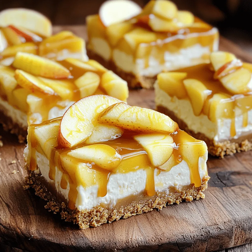 - 1 ½ cups graham cracker crumbs - ½ cup unsalted butter, melted - 2 tablespoons sugar - 16 oz cream cheese, softened - ¾ cup sugar - 2 large eggs - 1 teaspoon vanilla extract - 2 cups apples, peeled and diced - 1 teaspoon cinnamon - ½ cup caramel sauce - A pinch of salt To make these caramel apple cheesecake bars, gather all the ingredients first. The crust needs graham cracker crumbs, butter, and sugar. This mix gives a sweet crunch. For the filling, cream cheese and sugar blend into a rich texture. Adding eggs helps it set. You also need apples for that fresh taste. Peel and dice them into small pieces. Mix them with cinnamon to enhance their flavor. Caramel sauce ties everything together, adding a sweet drizzle on top. - Extra caramel sauce - Thin apple slices For extra flair, use garnishes. Drizzle more caramel sauce over the bars. Thin apple slices can add a nice touch. These garnishes not only look good but boost the flavor too. If you want a fun twist, you can play with these options. For the full recipe, check the earlier section. Enjoy your baking! 1. Preheat your oven to 350°F (175°C). Line an 8x8-inch baking pan with parchment. Leave some overhang for easy removal. 2. In a medium bowl, mix the graham cracker crumbs, melted butter, and 2 tablespoons of sugar. Stir until it looks sandy. 3. Press the crumb mixture firmly into the bottom of the pan. Bake for 10 minutes. Let it cool while you make the filling. 1. In a large bowl, beat the softened cream cheese with ¾ cup of sugar until smooth. 2. Add the eggs one at a time. Mix well after each egg. Then, stir in the vanilla extract until everything is well blended. 1. In a separate bowl, mix the diced apples with cinnamon and a pinch of salt. 2. Gently fold the apple mixture into the cream cheese blend. Spread it evenly over the cooled crust. 3. Drizzle the caramel sauce over the filling. Use a knife to swirl it gently for a nice marbled look. 4. Bake for 30-35 minutes. Look for set edges and a slightly jiggly center. 5. Cool to room temperature. Refrigerate for at least 4 hours, or overnight, for the best texture. 6. Once chilled, lift the bars out using the parchment. Cut them into squares and drizzle with extra caramel if you like. For the detailed recipe, check the Full Recipe. To make the best crust, use finely crushed graham crackers. This helps create a smooth and even base. You can use a food processor for this. Just pulse the crackers until they are fine crumbs. Mixing them with melted butter and sugar adds flavor and moisture. Press the mixture firmly into the pan to avoid a crumbly crust. For a creamy cheesecake, make sure the cream cheese is at room temperature. Cold cream cheese mixes poorly and can lead to lumps. Let it sit out for about 30 minutes before you start. Beat it with sugar until smooth. This step makes the filling rich and delightful. Chilling is key for perfect bars. After baking, let the bars cool to room temperature. Then, refrigerate them for at least four hours. Overnight is even better! This helps the flavors blend and the texture set. The longer you wait, the more delicious they become. {{image_2}} You can change the fruit in these bars to fit your taste. Try using pears or peaches instead of apples. These fruits add a different twist. They still taste great with the creamy filling. You can also play with flavored extracts. Instead of vanilla, try almond or maple. This small change can give your bars a whole new flavor. Imagine the sweet smell of maple mixed with cheesecake! If you want to mix things up, use chocolate sauce instead of caramel. This adds a rich touch that many love. You can also top your bars with whipped cream for a light finish. Adding chopped nuts gives a nice crunch too. Each topping changes the dessert’s look and taste. It’s fun to create your own version of these cheesecake bars. Check out the Full Recipe for more ideas! To keep your caramel apple cheesecake bars fresh, store them in an air-tight container. You can also use a covered dish. This helps keep them moist and delicious. Make sure to refrigerate the bars. They will stay good for up to five days. If you have leftovers, you will want to enjoy them later, so proper storage is key. If you want to save some bars for later, freezing is a great option. Cut the bars into squares first. Then, wrap each piece in plastic wrap. Place the wrapped bars in a freezer-safe bag or container. This helps prevent freezer burn. They can last for about three months in the freezer. When you are ready to eat them, take the bars out and let them thaw in the fridge overnight. If you want them warm, you can reheat them in the oven at 350°F for about 10 minutes. This will bring back that creamy texture without losing any flavor. To check if your cheesecake bars are done, look for a few signs. The edges should be set, while the center should have a slight jiggle. This jiggle is normal and shows the bars are creamy. The color should be a light golden hue. If you see browning on the edges, that’s a good sign too. Make sure to let them cool properly after baking. Yes, you can use low-fat cream cheese. However, it may change the texture a bit. Low-fat cream cheese can make the bars less rich and creamy. Full-fat cream cheese gives a smoother and thicker filling. If you want a lighter dessert, feel free to use low-fat. Just know the taste may be slightly different. Caramel apple cheesecake bars pair well with several delicious options. Consider serving them with whipped cream for extra creaminess. Ice cream, especially vanilla, makes a great addition too. You can also add fresh apple slices for a crisp bite. A drizzle of extra caramel sauce enhances the sweet flavors. For a bit of crunch, nuts like pecans or walnuts work well, too. For the full recipe, check the earlier section. In this article, we explored how to make delicious caramel apple cheesecake bars. We detailed the ingredients, step-by-step instructions, and shared useful tips. You learned about variations to customize the recipe and how to store leftovers properly. This dessert is easy and fun to make. Whether you're using apples or trying different fruits, you can enjoy a tasty treat. Experiment and find what you like best. Enjoy your baking adventure!
