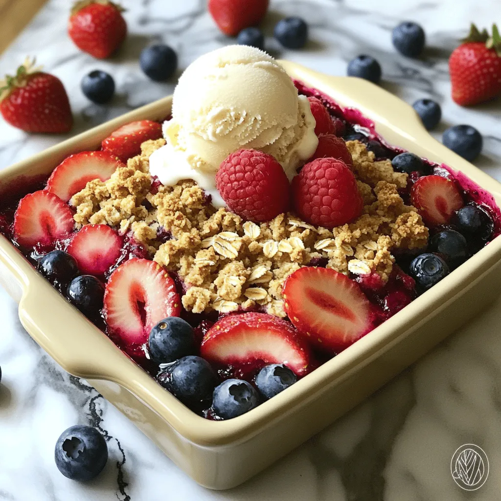 - 1 cup strawberries, hulled and sliced - 1 cup blueberries - 1 cup raspberries - 2 tablespoons sugar - 1 tablespoon lemon juice - 1 teaspoon vanilla extract - 1 cup rolled oats - ½ cup all-purpose flour - 1/3 cup brown sugar - ½ teaspoon cinnamon - ½ cup unsalted butter, melted - Pinch of salt The key to a great Triple Berry Crisp is fresh berries. You can pick your favorites! I love using strawberries, blueberries, and raspberries. They mix well and taste great together. You can easily find these berries at your local store or farmer's market. Next, we need sweeteners and flavorings. Sugar adds sweetness. Lemon juice gives a nice tang. Vanilla extract brings warmth and depth. These ingredients make the berries shine and taste amazing. Now let’s move to the topping. Rolled oats are the star here. They give a nice crunch. All-purpose flour binds everything. Brown sugar adds richness, while cinnamon adds a warm spice. Finally, melted unsalted butter helps create that crumbly texture. A pinch of salt rounds it all out. For the full recipe, just follow the steps provided earlier. Each ingredient plays a role in making this dessert delightful. Enjoy cooking! In your large bowl, add the berries. You need: - 1 cup strawberries, hulled and sliced - 1 cup blueberries - 1 cup raspberries Next, sprinkle in the sugar, lemon juice, and vanilla extract. Use 2 tablespoons of sugar, 1 tablespoon of lemon juice, and 1 teaspoon of vanilla. Toss gently to coat the berries. This will help mix the flavors well. In another bowl, mix the dry ingredients. You will need: - 1 cup rolled oats - ½ cup all-purpose flour - 1/3 cup brown sugar - ½ teaspoon cinnamon - Pinch of salt Once mixed, stir in the melted butter. Use ½ cup of unsalted butter for this. Keep stirring until the mixture looks crumbly. This will create a nice, crunchy topping. Now, spread the berry mixture evenly in your greased 9x9 inch baking dish. Sprinkle the oat topping over the berries. Make sure it covers them well. Bake in your preheated oven at 350°F (175°C) for 30 to 35 minutes. Check for doneness by looking for bubbly berries and a golden topping. Remove from the oven and let cool slightly before serving. For the full recipe, you can refer to the main guide. Enjoy your delicious dessert! To get a crispy topping, use cold butter. Cut it into small pieces. Mix it well with oats and flour. This method makes a crumbly blend. Bake until golden brown for the best crunch. For the berry filling, you want it juicy but not watery. Use fresh, firm berries. If you find your filling is too wet, add a spoon of cornstarch. This thickens it nicely without changing the flavor. Serve your Triple Berry Crisp warm for the best taste. Add a scoop of vanilla ice cream on top. The cold ice cream melts into the warm crisp. This makes each bite extra special. You can also add whipped cream for a fluffy touch. Garnish with whole berries to make it look pretty. For a gluten-free option, swap all-purpose flour with oat flour or almond flour. Both provide great flavor and texture. You can also use rolled oats instead of flour in the topping. To cut down on sugar, use ripe fruit. The natural sweetness helps a lot. You can also reduce the sugar by half without losing taste. Try using honey or maple syrup for a different twist. For the full recipe, visit the main article. {{image_2}} You can switch up the fruit in your Triple Berry Crisp. Try adding peaches, cherries, or apples. Each fruit brings its own flavor. Seasonal fruits are fun, too. Use whatever is fresh at the market. In summer, mix in juicy peaches. In fall, apples offer a warm taste. Your crisp will always be exciting with these choices. Add more taste to your crisp with spices. A sprinkle of nutmeg or ginger can spice things up. You can also add nuts or shredded coconut to the topping. Nuts give a nice crunch. Coconut adds a tropical twist. These simple changes can make your dessert even better. If you need a vegan option, swap the butter for coconut oil. For a gluten-free choice, use almond flour instead of regular flour. These swaps keep the crisp tasty. You can still enjoy all the flavors. Don’t hesitate to experiment with your ingredients. The Full Recipe is flexible and works with many dietary needs. To store leftovers, first let the Triple Berry Crisp cool. Place it in an airtight container. Keep it in the fridge. This helps keep the flavors fresh. You can also cover it with plastic wrap. Enjoy it within three days for best taste. To freeze, allow the crisp to cool completely. Cut it into portions and wrap each piece in plastic wrap. Then, place the wrapped pieces in a freezer-safe bag. Press out as much air as possible. When ready to eat, reheat in the oven at 350°F (175°C) for about 15-20 minutes. This helps keep the topping crispy. In the fridge, the Triple Berry Crisp lasts for about three days. If you freeze it, the crisp can last up to three months. Just remember to label your freezer bag. This way, you know when to use it. Enjoy your dessert at its best! Yes, you can make Triple Berry Crisp ahead of time. Prepare the berry filling and the topping separately. Store them in the fridge until you're ready to bake. This way, you save time and still enjoy fresh dessert. Baking it right before serving keeps the topping crispy and the berries warm. Absolutely! Frozen berries work well in this recipe. Just remember to thaw them first. Drain any excess liquid to avoid a soggy crisp. Using frozen berries can make this dish quick and easy, especially when fresh berries are out of season. A 9x9 inch baking dish is perfect for this recipe. It allows the berries to cook evenly. If you use a larger dish, the topping may not brown as well. If you double the recipe, a larger dish like a 9x13 inch will work great. You know the crisp is done when the berries are bubbly and the topping is golden brown. This usually takes about 30 to 35 minutes at 350°F (175°C). If the topping looks too pale, give it a few more minutes in the oven. Enjoy the delightful aroma while it bakes! This Triple Berry Crisp combines fresh berries, sweeteners, and a tasty topping perfectly. You learned how to prep the berries and create a crisp topping. I shared tips for texture, serving ideas, and ways to make healthy swaps. You can customize this dessert with various fruits or flavors, ensuring it fits your diet. Finally, I provided advice on storage for freshness. Enjoy making this delicious and easy treat!