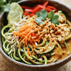 - Zucchini noodles: Use 4 medium zucchinis. Spiralize them into thin noodles. This makes them light and fun. - Other fresh vegetables: Add 1 cup of bean sprouts, 1 cup of shredded carrots, 1 red bell pepper sliced thin, and 3 chopped green onions. These add crunch and color. - Flavor enhancers: Use 2 cloves of minced garlic, 1 tablespoon of grated ginger, and 1 teaspoon of chili paste. These give your dish a zesty kick. - Peanut butter: Use 3 tablespoons of peanut butter or almond butter for creaminess. Both options are tasty and rich. - Soy sauce: Use 2 tablespoons of soy sauce or tamari for a gluten-free choice. This adds saltiness and depth. - Lime juice and sesame oil: Add 2 tablespoons of lime juice and 1 tablespoon of sesame oil for a fresh zing and aroma. - Roasted peanuts: Chop 1/4 cup of roasted peanuts. Add them on top for a crunchy finish. You can toast them lightly for more flavor. - Fresh cilantro: Use fresh cilantro as a garnish. It brightens the dish and adds freshness. Add it just before serving for the best taste. For the full recipe, check out the detailed instructions to make this dish a delight. To start, spiralize four medium zucchinis into noodles. You can use a spiralizer or a vegetable peeler. This step gives you the fun, noodle-like texture. Next, prep your vegetables. Thinly slice one red bell pepper and shred one cup of carrots. Chop three green onions and mince two cloves of garlic. Also, grate one tablespoon of fresh ginger. Now, let’s make the sauce. In a small bowl, mix together three tablespoons of peanut butter, two tablespoons of soy sauce, two tablespoons of lime juice, and one tablespoon of chili paste. Stir until smooth. This sauce adds a rich, tangy flavor to your dish. Heat one tablespoon of sesame oil in a large skillet or wok over medium-high heat. Once hot, add the minced garlic and grated ginger. Stir for about 30 seconds until fragrant. Next, add the sliced red bell pepper and shredded carrots. Sauté them for 2-3 minutes until they soften. Now, it’s time to add the zucchini noodles. Toss them in and cook for 2-3 more minutes. Gently mix to heat the noodles without making them soggy. Once the noodles are ready, pour the sauce over the vegetables. Add the bean sprouts and chopped green onions. Toss everything until it’s evenly coated and warm. Serve right away. Garnish with chopped roasted peanuts and fresh cilantro for a perfect finish. The Full Recipe is easy to follow and will have you enjoying a delightful, healthy meal in no time! To avoid soggy zucchini noodles, make sure you sauté them quickly. Cook them for only 2-3 minutes. This keeps them firm and tasty. If you cook them too long, they get mushy. Timing also matters for other vegetables. Add carrots and bell peppers first. Sauté these for 2-3 minutes. Then, add the zucchini noodles to the pan. This keeps everything crisp and fresh. If you need a peanut butter alternative, try almond butter or sunflower seed butter. These work well and still taste great. You can also use tahini for a nut-free option. Adjusting spice levels is easy. Use more or less chili paste based on your taste. Start with one teaspoon. Then, taste your dish and add more if you like it spicier. Pair Zucchini Noodle Pad Thai with proteins like tofu, chicken, or shrimp. Each option adds flavor and makes the meal more filling. If you want to go meatless, tofu is a great choice. For sides, try serving this dish with a light salad or spring rolls. You can also enjoy it with a refreshing drink. Coconut water or iced tea complements the flavors well. For the full recipe, check out the [Full Recipe]. {{image_2}} You can easily change up your Zucchini Noodle Pad Thai. Instead of zucchini noodles, try shirataki noodles. These noodles are low in calories and carbs. They soak up flavors well, making your dish even tastier. If you want a vegan version, swap the peanut butter for almond butter. You can also use tamari instead of soy sauce to keep it gluten-free. This keeps the dish healthy and delicious for everyone. Don’t be afraid to play with flavors. You can try different sauces like hoisin or sriracha for a spicy kick. Adding a splash of coconut aminos can also give a sweet touch. Herbs make a big difference too. Fresh basil or mint can add a nice twist. You might also want to top your dish with sesame seeds or sliced scallions for extra crunch and flavor. Meal prepping this dish is a smart choice. You can spiralize all your zucchini in advance and store it in the fridge. Just keep it in a sealed bag to keep it fresh. For easy weeknight dinners, cook the sauce ahead of time. When you’re ready to eat, just heat it up and toss it with your veggies. If you make a big batch, you can freeze it for later. To reheat, use a skillet over low heat. This way, your noodles stay tender and don’t turn mushy. Enjoy this fresh take on a classic dish! For the full recipe, check out the details above! To keep Zucchini Noodle Pad Thai fresh, store it in the fridge. Use an airtight container to seal in the flavors. This helps keep the dish from drying out. Make sure to cool the dish to room temperature before sealing it up. This will prevent condensation inside the container. Zucchini Noodle Pad Thai stays fresh for about three days in the fridge. After that, it may lose its flavor and texture. Look for signs of spoilage, like a sour smell or slimy noodles. If you notice any of these signs, it's best to toss it out. When reheating, use a skillet over low heat. This method warms the dish evenly and keeps the noodles firm. You can add a splash of water or a bit of oil to help with moisture. Avoid using a microwave if you can. It often makes the noodles soggy. Stir gently to ensure even heating and enjoy your delicious meal again! For the full recipe, check out the previous section. To make Zucchini Noodle Pad Thai vegan, swap out non-vegan ingredients. Use almond butter instead of peanut butter. Replace any egg with silken tofu for added protein. You can also use tamari instead of soy sauce if you want it gluten-free. These swaps keep the dish tasty and plant-based. Yes, you can use other types of noodles! Traditional Pad Thai uses rice noodles. While they are chewy and filling, zucchini noodles are lower in carbs and calories. They soak up flavors well and add a fresh crunch. If you prefer, try shirataki noodles, which are also low-calorie. Zucchini noodles are packed with nutrition. They are low in calories and high in water, making them hydrating. Zucchini is rich in vitamins A and C, which boost your immune system. They also contain fiber, which helps with digestion. Compared to regular pasta, zucchini noodles can aid in weight management. Yes, you can make Zucchini Noodle Pad Thai ahead of time. It’s great for meal prep! Cook the veggies and sauce in advance, but keep the zucchini noodles separate. This prevents them from becoming soggy. Store everything in airtight containers in the fridge. You can quickly reheat it when you’re ready to eat. Check out the Full Recipe for more details! Zucchini Noodle Pad Thai is a fun, tasty meal. We explored key ingredients like fresh veggies and sauces. I shared step-by-step instructions to make cooking easy. You also learned tips for better flavor and texture. Variations let you customize this dish to fit your needs. For storage, proper techniques keep leftovers fresh. Remember, you can adapt this recipe for vegan or gluten-free diets. Enjoy creating your own version of this healthy classic!