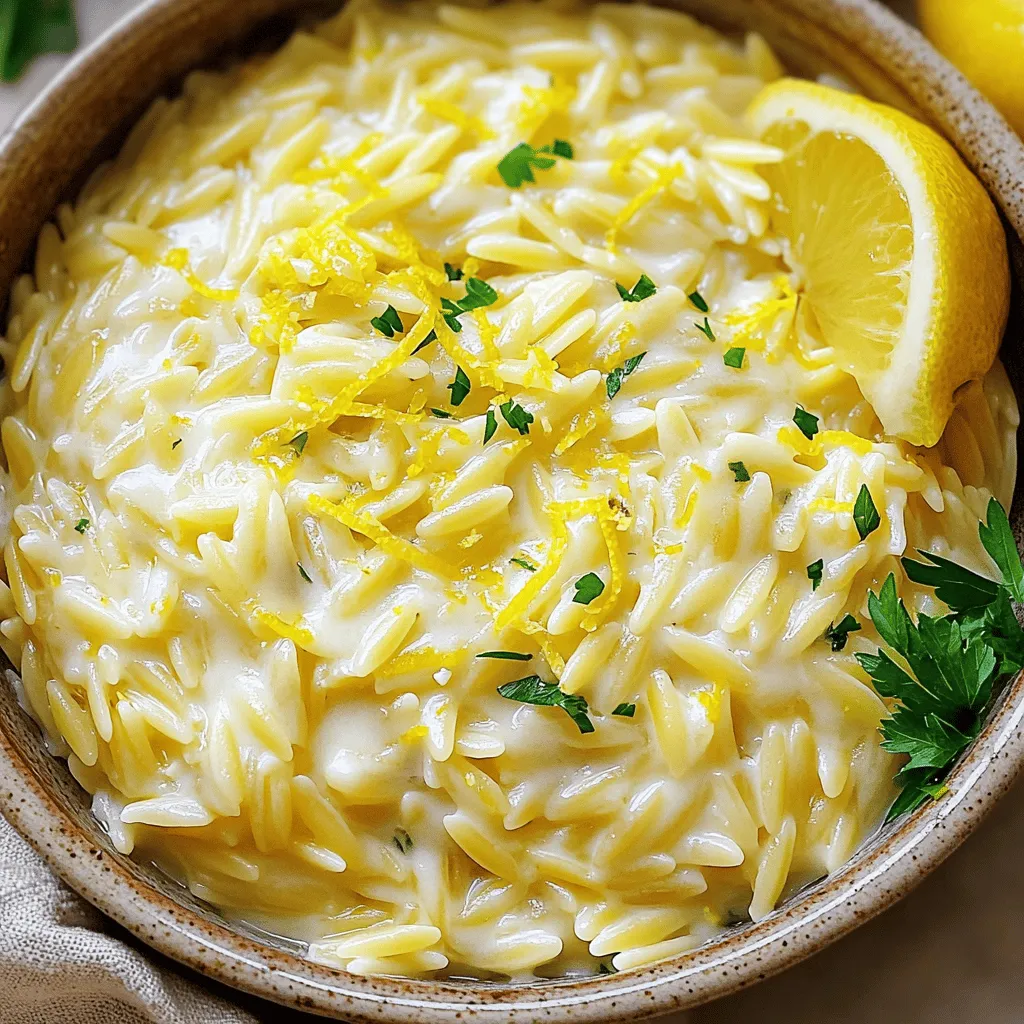 To make Lemon Parmesan Orzo, you'll need the following ingredients: - 1 cup orzo pasta - 2 tablespoons olive oil - 2 cloves garlic, minced - Zest of 1 lemon - 1/4 cup fresh lemon juice - 1 cup vegetable broth - 1/2 cup grated Parmesan cheese - 1/4 cup heavy cream (or a dairy-free alternative) - Salt and black pepper to taste - 1/4 cup chopped fresh parsley for garnish These ingredients create a bright and flavorful dish. The orzo pasta gives a nice texture. The olive oil adds richness, while garlic brings a savory taste. Lemon zest and juice provide a zesty punch that lifts the entire dish. The vegetable broth is a must for a savory base. Parmesan cheese contributes creaminess and a salty kick. Heavy cream rounds it all out, making each bite smooth. Finally, fresh parsley adds color and a fresh taste. To make this dish, you'll need a few basic tools: - Medium-sized saucepan - Colander for draining - Measuring cups and spoons - Wooden spoon for stirring Using the right tools helps ensure a smooth cooking process. This dish comes together quickly, so having everything ready is key. You can find the full recipe for Lemon Parmesan Orzo in the main article. - Boil 2 cups of salted water in a medium saucepan. - Add 1 cup of orzo pasta and cook for 8-10 minutes until al dente. - Drain the orzo using a colander and set it aside. - In the same saucepan, heat 2 tablespoons of olive oil over medium heat. - Add 2 minced garlic cloves and sauté for 1 minute until fragrant. - Stir in the zest of 1 lemon and 1/4 cup of fresh lemon juice. - Add 1 cup of vegetable broth and bring to a simmer for 2-3 minutes. - Lower the heat and stir in the cooked orzo, 1/2 cup of grated Parmesan cheese, and 1/4 cup of heavy cream. - Mix until the cheese melts and coats the orzo well. - Season with salt and black pepper to taste. - Remove from heat and garnish with 1/4 cup of chopped fresh parsley. - Serve in a shallow bowl with extra Parmesan and a lemon wedge on the side. For the full recipe, check out the detailed instructions above! - Ensure not to overcook the orzo. Cook it until al dente, which means firm to the bite. This gives a nice texture in your dish. - Adjust the creaminess by varying the amount of heavy cream. If you want a lighter dish, use less cream. For a richer flavor, add more. - Consider adding herbs or spices for extra flavor. Fresh basil or thyme works well. A pinch of red pepper flakes adds a nice kick. - You can use different cheese alternatives. If you want a sharper taste, try aged cheddar or Pecorino Romano. - Lemon Parmesan Orzo pairs best with grilled chicken or fish. The bright lemon flavor complements these proteins nicely. - This dish is ideal for casual family dinners or elegant gatherings. It’s quick to make but feels fancy on the plate. For more details on how to create this dish, check out the Full Recipe. {{image_2}} You can switch up the orzo pasta if needed. Try other small pasta shapes like: - Quinoa - Couscous - Farro For dairy-free options, consider these substitutes: - Nutritional yeast for cheese - Coconut cream instead of heavy cream These swaps keep the dish tasty while meeting dietary needs. Adding veggies can enhance the flavor and nutrition. Here are some great choices: - Spinach - Cherry tomatoes - Peas You might also want to add protein for a heartier meal. Options include: - Grilled chicken - Shrimp - Tofu These additions make your Lemon Parmesan Orzo more filling and satisfying. You can adapt this dish to fit the season. In summer, use fresh, bright produce like: - Zucchini - Basil - Bell peppers For winter, try heartier vegetables such as: - Broccoli - Carrots - Kale Using seasonal produce ensures freshness and vibrant flavors in every bite. To store your Lemon Parmesan Orzo, let it cool first. Then, place it in an airtight container. This helps keep it fresh and tasty. I recommend using glass or plastic containers. Make sure they seal well to prevent air from getting in. You can keep it in the fridge for up to three days. When you're ready to eat the orzo again, reheating is easy. The best method is to use a skillet. Heat it on low and add a splash of water or broth. This keeps the orzo moist. Stir frequently to avoid sticking. If you prefer the microwave, place the orzo in a bowl and add a little liquid. Heat it in short bursts, stirring in between. This way, the flavor and texture stay great. Yes, you can freeze Lemon Parmesan Orzo! Start by letting it cool completely. Then, portion it into freezer-safe bags or containers. Remove as much air as possible before sealing. This helps prevent freezer burn. You can store it for up to two months. When you want to eat it, thaw it in the fridge overnight. Then, reheat it using one of the methods above for the best taste. Making Lemon Parmesan Orzo is quick and easy. The prep time is about 10 minutes. Cooking the orzo takes around 8 to 10 minutes. In total, you can get this dish ready in about 20 minutes. This makes it great for a busy weeknight meal! Yes, you can use other pasta types. Small shapes like ditalini or acini di pepe work well. You can also use penne or fusilli if you prefer. Just keep an eye on the cooking time, as it may vary. The main goal is to use a pasta that holds the sauce nicely. Absolutely! Lemon Parmesan Orzo is perfect for meal prep. You can cook it ahead and store it in the fridge. Keep it in an airtight container for up to 4 days. To reheat, just add a splash of broth or water. This keeps the orzo moist and tasty. You can enjoy it for lunch or dinner all week long. For the full recipe, check out the details above! Lemon Parmesan Orzo is simple and tasty. You now have all the essential steps, tools, and tips. Remember to adjust flavors to your liking. The dish can be tailored with veggie and protein add-ins. It's great for any meal. Store leftovers properly to keep them fresh. Whether for a quick dinner or meal prep, this orzo dish shines. Enjoy making it your way!