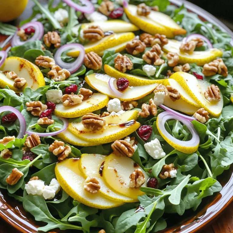 - 2 ripe pears, thinly sliced - 1 cup mixed salad greens (arugula, spinach) - 1/2 cup walnuts, toasted - 1/2 cup feta cheese, crumbled - 1/4 red onion, thinly sliced - 1/4 cup dried cranberries - 3 tablespoons olive oil - 1 tablespoon balsamic vinegar - 1 tablespoon honey - Salt and pepper to taste This salad mixes sweet and savory well. The ripe pears add a juicy sweetness. I love how they contrast with the tangy feta cheese. You can use any mix of salad greens you prefer. Arugula brings a nice peppery bite, while spinach adds a soft texture. Toasting the walnuts makes them crunchy and flavorful. I recommend doing this in a dry skillet. It takes about five minutes to get them golden. Just remember to keep an eye on them so they don’t burn. The red onion gives a bit of sharpness. If it’s too strong for you, soak it in cold water for a few minutes. This will soften its flavor. Dried cranberries add color and a chewy texture. They also balance the flavors nicely. For the dressing, I use a simple mix of olive oil, balsamic vinegar, and honey. This combo gives the salad a bright, sweet, and tangy finish. Don’t forget to season with salt and pepper! A little goes a long way. Gather all these ingredients for a fresh and healthy delight. For the full recipe, check the earlier section. Enjoy each bite of this vibrant salad! 1. Toasting the walnuts Start by heating a dry skillet over medium heat. Add the walnuts to the pan. Toast them for about five minutes. Stir often to prevent burning. You want them golden and fragrant. Once done, take them off the heat and let them cool. 2. Combining salad ingredients Grab a large salad bowl. Add the mixed greens first. Then, place your thinly sliced pears on top. Next, toss in the cooled walnuts. Add the crumbled feta, thinly sliced red onion, and dried cranberries. Mix gently to combine all the flavors. 3. Whisking the dressing In a small bowl, add olive oil, balsamic vinegar, honey, salt, and pepper. Use a whisk to mix well. Taste and adjust the seasoning if needed. This dressing brings everything together. - Best practices for serving the salad Serve the salad right away for the best taste and texture. If you want to prepare it ahead, refrigerate it for up to 20 minutes. This lets the flavors meld together. - Presentation tips for elegance For an elegant touch, serve the salad on a large platter. This creates a family-style feel. Alternatively, use individual bowls for a more refined look. Top each bowl with extra feta and walnuts. Add a few slices of pear on top for color. - Prep time breakdown You can make this salad in just 10 minutes. This includes toasting the walnuts and mixing the ingredients. - Total time to serve From start to finish, the total time is about 15 minutes. This means you can enjoy a fresh, healthy salad in no time! For the full recipe, visit the [Full Recipe] section. - Alternative nut options: If you prefer, you can swap walnuts for pecans or sliced almonds. Both add a nice crunch and taste great. - Cheese variations for flavor: You can use goat cheese or blue cheese instead of feta. These cheeses bring different flavors, making your salad unique. - Customizing the acidity and sweetness: You can change the amount of balsamic vinegar and honey to fit your taste. Add more vinegar for tang or honey for sweetness. - Suggested fresh herbs for added flavor: Toss in some fresh basil or mint for a burst of flavor. They complement the pears and feta well. - Scaling the recipe for larger gatherings: If you're hosting a party, simply double or triple the recipe. This salad is easy to scale up. - Adjusting ingredient ratios for fewer servings: For a smaller meal, cut the ingredients in half. You can still enjoy all the flavors without waste. {{image_2}} You can make this salad even better by adding fruits in season. In fall, try sliced apples or pomegranates. In summer, peaches or berries add a fresh twist. Mixing in other greens can also change the texture. You could use kale for a hearty bite or watercress for a peppery touch. Each green brings its own flavor and crunch. For a vegan version, skip the feta cheese and honey. Use a vegan cheese alternative made from nuts. This keeps the salad creamy without dairy. If you want gluten-free options, focus on fresh ingredients. Use gluten-free grains like quinoa or farro to add bulk. Just make sure they are cooked well and cooled before mixing. Spices can add a kick to your salad. Try a sprinkle of cinnamon or nutmeg for warmth. A dash of cayenne can bring out the sweetness of the pears. For extra crunch, consider toppings like sunflower seeds or pumpkin seeds. These add a nutty flavor and a satisfying bite. You can also toss in crispy chickpeas for a fun twist. For the full recipe, check out the Pear Walnut Delight Salad. To keep your pear walnut salad fresh, refrigerate it right after serving. Use an airtight container to seal in flavors. This salad tastes best within a day of making. If you plan to eat it later, store the dressing separately. This keeps the greens crisp and the flavors bright. Always choose fresh ingredients. Fresh pears, greens, and feta make a big difference in taste. You can freeze some components, but not the whole salad. Walnuts can freeze well for up to three months. Feta cheese can also be frozen, but it may change texture. Pears and greens do not freeze well. They turn mushy when thawed. It’s best to store ingredients separately. This way, you can enjoy them fresh at your convenience. If you have leftovers, enjoy them cold or at room temperature. This salad tastes best when fresh. If you need to reheat, do it gently on low heat. Avoid the microwave as it can make the greens wilt. Use glass containers for storage; they keep flavors intact. Airtight lids help prevent drying out. Enjoy your salad's taste even on the second day! To make this salad, start by toasting the walnuts. Use a dry skillet over medium heat. Stir them for about five minutes until they turn golden and smell great. Then, let them cool. Next, take a large bowl and combine the mixed salad greens, sliced pears, toasted walnuts, crumbled feta, red onion, and dried cranberries. In a small bowl, whisk olive oil, balsamic vinegar, honey, salt, and pepper. Drizzle this over the salad and toss gently to mix. Serve right away for the best taste. You can find the full recipe above. Yes! You can prepare this salad ahead of time. However, keep the dressing separate for best results. Mix the salad ingredients without the dressing. Store it in the fridge until you are ready to serve. Add the dressing right before serving to keep the greens fresh and crispy. If you need a substitute for feta cheese, try goat cheese or ricotta. Both add a creamy texture. For a dairy-free option, use crumbled tofu seasoned with lemon juice and salt. This will give you a similar texture and flavor profile. To toast walnuts, heat a dry skillet over medium heat. Add the walnuts and stir them often. Toast for about five minutes or until they are golden brown and fragrant. Watch them closely to prevent burning. Once done, remove from heat and cool before adding to your salad. This salad combines ripe pears, crunchy walnuts, and creamy feta for great flavor. You saw how to prepare it step-by-step and learned handy tips for success. Remember, you can customize this dish based on your taste. Try new ingredients or dressings for fun variations. The freshness of this salad makes it perfect for any meal. Enjoy making and sharing it with friends and family. You’ll love how easy it is to impress everyone!