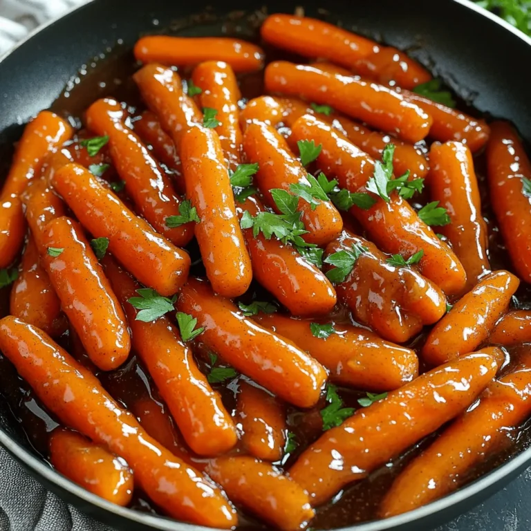 - 1 pound baby carrots - 4 tablespoons unsalted butter - 1/4 cup brown sugar, packed - 1/2 teaspoon cinnamon - 1/4 teaspoon nutmeg - 1/4 cup vegetable broth or chicken broth - Salt and pepper to taste - Fresh parsley, chopped (for garnish) Baby carrots are sweet and tender. They cook evenly and look great on a plate. Unsalted butter gives the dish a rich flavor. Brown sugar adds sweetness and a nice glaze. Cinnamon and nutmeg bring warmth and depth to the dish. You can use either vegetable or chicken broth for added flavor. Adjust salt and pepper to make it just right for your taste. Fresh parsley adds color and a fresh taste. If you don't have baby carrots, you can cut regular carrots into smaller pieces. Use margarine or olive oil instead of butter if you want a dairy-free option. For brown sugar, you can use white sugar mixed with a bit of molasses. If you want a spicier kick, add a pinch of ginger. You can skip the broth and use water, but the flavor won’t be as rich. Check the [Full Recipe] for more details on how to make this dish truly yours! To start, gather your ingredients. You need baby carrots, butter, brown sugar, cinnamon, nutmeg, broth, salt, and pepper. Fresh parsley adds color and flavor at the end. Rinse the carrots under cold water. Pat them dry with a clean towel. This helps them cook evenly. 1. In a large skillet, melt the butter over medium heat. 2. Once the butter is melted, add the baby carrots. Sauté for about 5 minutes. Stir them occasionally until they soften a bit. 3. Sprinkle the brown sugar, cinnamon, and nutmeg over the carrots. Stir well to coat them evenly. This gives a sweet flavor. 4. Pour in the vegetable or chicken broth. Bring the mixture to a simmer. 5. Reduce the heat to low and cover the skillet. Let the carrots cook for 10-15 minutes. Stir occasionally. They should be tender and the glaze thick. 6. Season with salt and pepper to taste. Adjust as needed for your liking. 7. Remove the skillet from heat and let it cool for a minute. 8. Garnish with freshly chopped parsley before serving. Serve these brown sugar glazed carrots as a side dish. They pair well with chicken, turkey, or pork. You can also enjoy them with rice or mashed potatoes. For a festive touch, add them to your holiday table. They look beautiful and taste even better. For the full recipe, check the earlier section. To make the best brown sugar glazed carrots, start with fresh baby carrots. They have a sweet flavor and tender texture. Use unsalted butter for a rich taste. Melt the butter in a large skillet over medium heat. Add the carrots and sauté them for about five minutes. This step helps them soften. Then, sprinkle the brown sugar, cinnamon, and nutmeg. This mix gives a warm sweetness. Pour in the broth and simmer until the carrots are tender. This creates a lovely glaze that sticks to the carrots. Avoid using too much heat. High heat can burn the butter and sugar. Also, don’t skip stirring. Stirring helps coat the carrots evenly. If you overcook the carrots, they can become mushy. Aim for tender but firm. Finally, taste before serving. Adjust salt and pepper for the best flavor. You can make these carrots ahead of time. Prepare them as directed, then cool and store in the fridge. They stay fresh for up to three days. When you are ready to serve, reheat in a skillet over low heat. Add a splash of broth to help revive the glaze. This makes it easy to enjoy a sweet and simple side dish any day. For the full recipe, check the details in the previous section. {{image_2}} You can make brown sugar glazed carrots even better. Try adding fresh garlic for a savory twist. A splash of orange juice gives a bright taste. You can also use maple syrup instead of brown sugar. This change adds a deeper flavor. For a spicy kick, sprinkle in some cayenne pepper. Each choice makes this dish special. Carrots are great, but you can add more veggies too. Sweet potatoes work well with the glaze. They give a lovely color and flavor. You can also use parsnips or butternut squash. These options add a unique taste and texture. Mixing different veggies makes it fun and colorful. If you follow a special diet, you can still enjoy this dish. For a vegan option, use plant-based butter. Use vegetable broth to keep it vegan-friendly. If you're low on sugar, try using a sugar substitute. This recipe is flexible to fit your needs. Adjusting it helps everyone enjoy this tasty side. You can store leftover brown sugar glazed carrots in the fridge. Place them in an airtight container. They will stay fresh for up to four days. Make sure to let them cool before sealing. This helps keep the moisture in check. If you want to freeze them, use a freezer-safe container. First, allow the carrots to cool completely. You can freeze them for up to three months. When ready to eat, thaw them overnight in the fridge. This keeps the texture nice. To reheat, use the microwave or a skillet. If using a skillet, add a splash of water or broth. Heat over low until warm. Stir occasionally to avoid burning. This helps bring back their glaze and flavor. For a quick method, the microwave works well too. Just heat in short bursts and stir them often. Enjoy your sweet side dish again! Brown sugar glazed carrots can last for about 3 to 5 days in the fridge. Store them in an airtight container. This keeps them fresh and tasty. If you want to keep them longer, you can freeze them. Just make sure they are cooled before freezing. Yes, you can use frozen carrots. They work well in this recipe. Just remember, frozen carrots are often softer than fresh ones. You may need to adjust the cooking time. Check for tenderness often while cooking. Brown sugar glazed carrots pair well with many dishes. They go great with roasted chicken or glazed ham. You can also serve them with steak or pork chops. For a vegetarian meal, try them with quinoa or brown rice. They add a sweet touch to any plate. For more ideas, check out the Full Recipe. In this blog post, we explored how to make delicious brown sugar glazed carrots. We covered key ingredients, step-by-step cooking instructions, and helpful tips to perfect your dish. I shared variations to suit different tastes and ways to store your leftovers. As you prepare these carrots, remember simple adjustments can enhance your dish. Embrace your creativity in the kitchen. Enjoy the journey of making this tasty side!