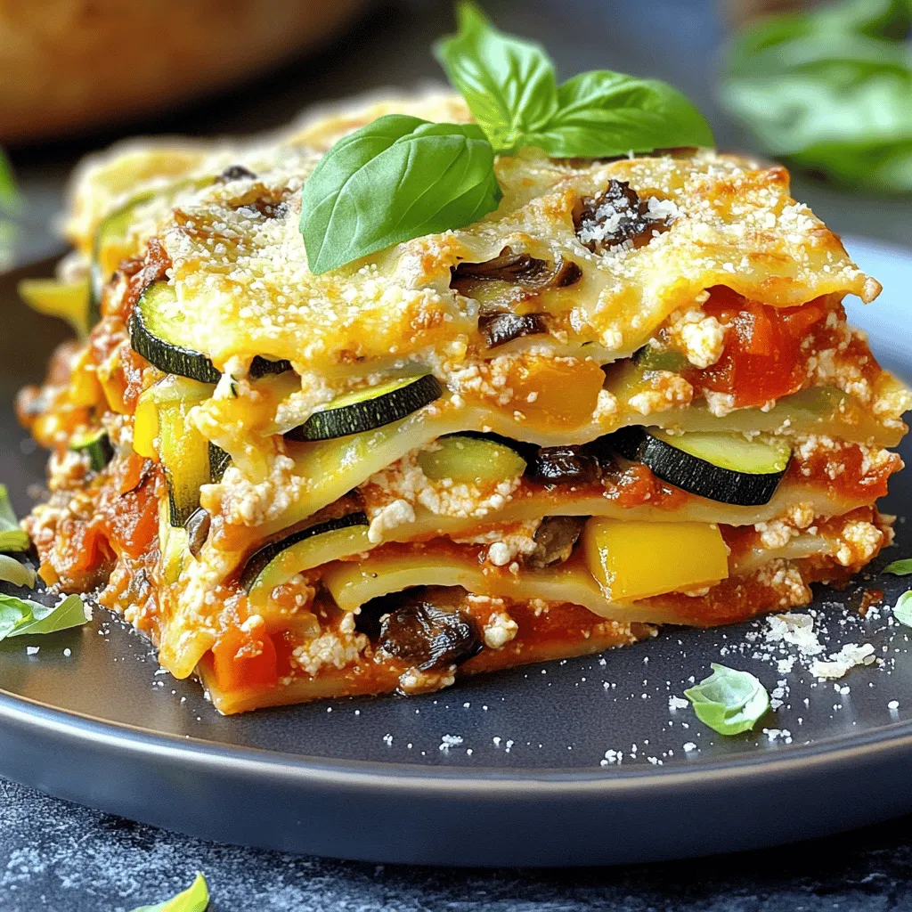 - 9 lasagna noodles - 2 zucchinis, sliced - 1 bell pepper (red or yellow), diced - 1 cup mushrooms, sliced - 1 large carrot, grated - 1 small red onion, chopped - 2 cloves garlic, minced - 2 cups marinara sauce - 1 teaspoon dried oregano - 1 teaspoon dried basil - 1 cup ricotta cheese - 2 cups shredded mozzarella cheese - 1/2 cup grated Parmesan cheese - Olive oil - Salt and pepper to taste I love using fresh vegetables in my roasted vegetable lasagna. The flavors blend perfectly. Zucchini, bell peppers, and mushrooms add great taste. Each vegetable brings its own unique flavor. The sweetness of roasted carrots enhances the dish too. You can even toss in some garlic for a nice kick. The cheeses make this dish creamy and rich. Ricotta adds a soft texture. Mozzarella melts beautifully on top. Parmesan gives a nice salty finish. A sprinkle of dried oregano and basil brings warmth to every bite. - Fresh basil or parsley for garnish - Red pepper flakes for extra heat I enjoy adding fresh herbs as a garnish. They brighten up the dish and look gorgeous on the plate. If you like heat, try adding red pepper flakes. They give a fun twist to the flavors. For the full recipe, check out the details in the recipe section. 1. Preheat your oven to 425°F (220°C). 2. Roast the sliced vegetables. Toss them with olive oil, salt, and pepper. Spread them evenly on a baking sheet. Roast until tender and slightly caramelized, about 20-25 minutes. 1. In a 9x13 inch baking dish, start with a layer of marinara sauce. 2. Place three lasagna noodles over the sauce. 3. Add half of the roasted vegetables. 4. Spoon half of the ricotta mixture on top. 5. Sprinkle a third of the mozzarella cheese and some Parmesan over this layer. 6. Drizzle more marinara sauce on top. 7. Repeat the layers: noodles, remaining vegetables, remaining ricotta, another third of mozzarella, and more marinara. 8. Finish with a final layer of noodles, the remaining marinara, and the last third of mozzarella. 1. Cover the baking dish with foil. Make sure to spray the foil with non-stick spray. 2. Bake in the oven for 25 minutes, then remove the foil. 3. Bake for an additional 15 minutes until the top is golden and bubbly. 4. Allow the lasagna to rest for 10 minutes before slicing to serve. For a full recipe, refer to the detailed instructions above. - Cut your vegetables into even pieces. This helps them roast evenly. - Mix ricotta with herbs like oregano and basil. This adds great flavor. - Pair your lasagna with a fresh side salad or warm garlic bread. - Drizzle some olive oil over the top before serving for more richness. - Sprinkle fresh basil or parsley on top for a pop of color. - Use a sharp knife to slice the lasagna. This gives you clean cuts. Follow these tips to elevate your roasted vegetable lasagna. For the full recipe, see the recipe section above. Enjoy making this dish your own! {{image_2}} You can make this lasagna heartier by adding meat. Incorporate ground beef or Italian sausage for rich flavor. They bring a nice texture and taste. You can also layer spinach for more nutrients. Spinach adds color and boosts the health factor. If you want to cut calories, swap ricotta for cottage cheese. Cottage cheese has a similar texture but fewer calories. For a plant-based version, use vegan cheese. This option keeps the dish creamy without dairy. To make this gluten-free, use gluten-free lasagna noodles. They are widely available and work great. Another option is to replace traditional pasta with zucchini noodles, known as zoodles. Zoodles add freshness and cut carbs, making them a fun twist on the classic dish. You can explore these variations while making the roasted vegetable lasagna. Each option offers a unique taste and texture. For the complete recipe, check out the Full Recipe section. Store leftovers in an airtight container for up to 3-4 days. This keeps them fresh and tasty. When you are ready to eat, just take them out. You can enjoy your lasagna again! You can freeze unbaked lasagna for up to 3 months. This makes it easy to have meals ready. I recommend freezing in individual portions. This way, you can reheat only what you need. It’s great for busy days or quick dinners! To reheat, bake in the oven at 350°F until heated through, which takes about 20 minutes. You can also microwave individual slices for a quick meal. Just heat for 2-3 minutes. This makes enjoying your lasagna simple and fast! To make your lasagna less watery, use less marinara sauce or drain your vegetables well after roasting. Roasting reduces moisture, which helps. You want the veggies to be tender but not soggy. This keeps your layers firm and tasty. Yes, you can use store-bought marinara sauce. It saves time and still tastes good. Look for a brand you like, and make sure it has quality ingredients. This choice can help you enjoy your meal without spending too much time cooking. Total cooking and prep time is about 1 hour and 10 minutes. This includes 30 minutes for prep and 40 minutes for baking. You can enjoy a delicious meal without spending all day in the kitchen. Yes, this lasagna is great for meal prep. After cooking, just portion out servings. Store them in airtight containers in the fridge. You can easily heat them up when you're ready to eat. Let your lasagna rest for 10 minutes after baking. This helps it set and makes slicing easier. A sharp knife will give you clean cuts. This way, each slice looks nice on the plate. Enjoy the beautiful layers you've created! This roasted vegetable lasagna is a winner in taste and ease. You learned how to layer fresh veggies, rich cheeses, and marinara. Each step, from roasting to baking, gets you a tasty dish. Remember to store leftovers well for future meals. Feel free to try different ingredients to suit your taste. Whether you add meat or keep it veggie, this dish is versatile and satisfying. Enjoy your cooking adventure and share this with friends and family!