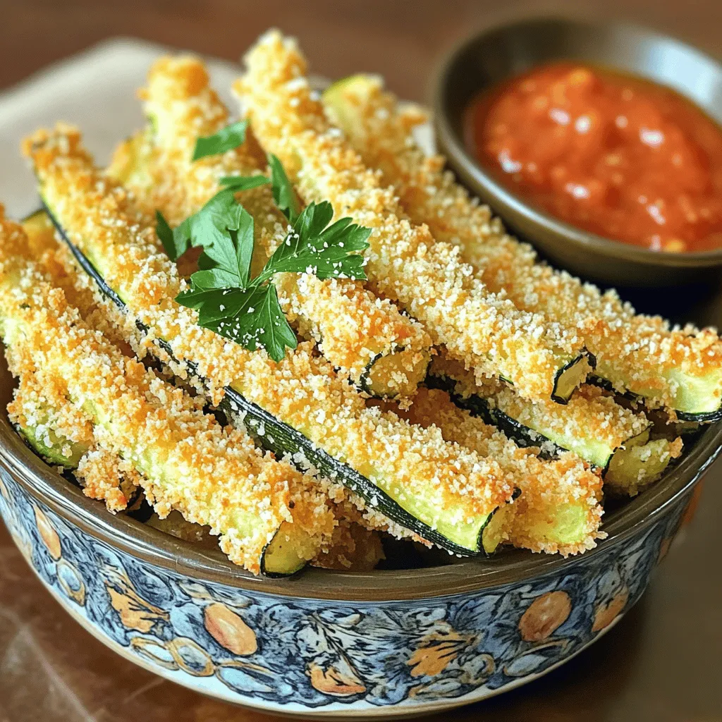 To make Crispy Parmesan Zucchini Fries, gather these simple ingredients: - 2 medium zucchinis, cut into fries - 1 cup breadcrumbs (preferably panko for extra crispiness) - 1/2 cup grated Parmesan cheese - 1 teaspoon garlic powder - 1 teaspoon onion powder - 1/2 teaspoon dried oregano - 1/2 teaspoon salt - 1/4 teaspoon black pepper - 2 large eggs, beaten - Olive oil spray (for frying) If you need alternatives, here are some ideas: - Zucchini: You can use eggplant or yellow squash. - Breadcrumbs: Swap with crushed cornflakes or gluten-free breadcrumbs. - Parmesan Cheese: Use Pecorino Romano or nutritional yeast for a vegan option. - Eggs: Replace with a flax egg or unsweetened applesauce for a vegan choice. These zucchini fries are not only tasty but also healthy. Here’s a basic breakdown per serving: - Calories: 150 - Protein: 6 grams - Fat: 6 grams - Carbohydrates: 18 grams - Fiber: 2 grams Enjoy these fries as a snack or side dish! For the full details on making these delicious bites, check the Full Recipe. First, gather your ingredients. You will need two medium zucchinis, breadcrumbs, and Parmesan cheese. Also, grab garlic powder, onion powder, oregano, salt, and black pepper. Beat two large eggs in a bowl for dipping. Preheat your oven to 425°F (220°C). Line a baking sheet with parchment paper to prevent sticking. To make the fries, cut the zucchinis into fry shapes. In a shallow bowl, mix the breadcrumbs, Parmesan, and spices together. Dip each zucchini fry in the eggs, then roll it in the breadcrumb mix. Place each fry on the baking sheet in a single layer. Once all the fries are coated, lightly spray them with olive oil. This helps them get crispy. Bake the fries for 20 to 25 minutes. Flip them halfway through for even cooking. They should be golden and crispy when done. For the best crunch, use panko breadcrumbs. They are flakier and give a better texture. Make sure to coat the zucchini well in the breadcrumb mix. This adds more layers for crispness. Also, don’t overcrowd the baking sheet. Give each fry space to bake evenly. Let the fries cool for a few minutes after baking. They will crisp up a bit more as they cool. You can serve them with marinara sauce or ranch dip for extra flavor. For more details, check the Full Recipe. To make the best crispy zucchini fries, start with dry zucchinis. Moisture makes them soggy. Cut the zucchinis into even fries for uniform cooking. Use panko breadcrumbs for extra crunch. Mix the breadcrumbs with Parmesan cheese and spices in a bowl. This blend adds flavor. Dip each fry in beaten egg first. Then coat it well in the breadcrumb mix. Make sure every part is covered. Lay them flat on a lined baking sheet. Space them out to ensure even heat. Prevent soggy fries by salting the zucchini slices first. Salt draws out moisture. Let them sit for about 10 minutes. Pat them dry with paper towels before coating. Another tip is to bake at a high temperature. The ideal temperature is 425°F (220°C). High heat crisps the outside while cooking the inside. Flip the fries halfway through for even cooking. This way, both sides get golden and crispy. To add more flavor, don’t just stick to the basics. Try adding paprika or cayenne pepper for a kick. You can also mix in your favorite dried herbs. Basil, thyme, or even a dash of cumin can work well. For a cheesy touch, add more Parmesan to the breadcrumb mix. Another great idea is to serve with dips. Marinara or ranch dressing pairs perfectly with these fries. It adds extra flavor and fun to your snack. Check out the Full Recipe for more details on making these delicious bites! {{image_2}} You can switch up the breading to make your zucchini fries unique. Instead of regular breadcrumbs, try using crushed cornflakes or almond flour. Both give a nice crunch. For a gluten-free option, use gluten-free breadcrumbs or ground oats. Each choice offers a different texture and flavor, so feel free to experiment! Want to kick up the taste? You can add spices like paprika, cayenne, or Italian seasoning to the breadcrumb mix. These spices add heat and depth. If you enjoy herbs, try fresh basil or parsley for a bright note. You can also add some grated lemon zest for a fresh twist. All these options help you create a flavor that suits your taste. Zucchini is great, but you can use other veggies too. Eggplant, carrots, or sweet potatoes work well. Just cut them into fry shapes like zucchini. Cooking times may differ, so check them often. This way, you can enjoy a variety of flavors and textures while keeping things fun! For the full recipe, check out the details above. To keep your leftover zucchini fries fresh, store them in an airtight container. Let them cool completely first. Once cooled, place them in the container and keep them in the fridge. They will last for about three days. If you want to keep them longer, freezing is a good option. When you reheat zucchini fries, aim to keep them crispy. Preheat your oven to 400°F (200°C). Spread the fries in a single layer on a baking sheet. Bake for about 10 minutes until they are hot and crispy. Avoid microwaving, as this can make them soggy. For extra crunch, consider using an air fryer for a few minutes. Freezing zucchini fries is easy! Before freezing, make sure they are cooked and cooled. Place them on a baking sheet in a single layer and freeze until solid. After that, transfer them to a freezer bag. They can last up to three months in the freezer. When ready to eat, thaw them in the fridge overnight. Reheat them in the oven for the best texture. If you want the full crispy experience, you can skip thawing and cook them straight from frozen. You can easily make gluten-free zucchini fries. Use gluten-free breadcrumbs instead of regular ones. Many brands offer a tasty blend of gluten-free options. You can also crush gluten-free cornflakes for a crunchy coating. Just follow the same steps from the Full Recipe. Your fries will still be crispy and delicious! Yes, you can air fry Crispy Parmesan Zucchini Fries! Air frying gives them a great crunch with less oil. Set your air fryer to 400°F (200°C). Arrange the fries in a single layer. Cook for about 12-15 minutes, shaking the basket halfway through. This method cooks them quickly and keeps them crispy. Zucchini fries taste amazing with different dips. Some popular choices include marinara sauce, ranch dressing, or garlic aioli. You can also try spicy sriracha mayo for a kick. Experimenting with dips can bring new flavors to your fries. Enjoy finding your favorite pairings! Crispy Parmesan Zucchini Fries are easy to make and delicious. We covered the ingredients, preparation steps, and tips for crispiness. You learned about substitutions and how to store leftovers. Remember to experiment with flavors and variations to find the perfect mix for your taste. Now, with these tips, you can enjoy yummy fries anytime. Delicious zucchini fries await you!