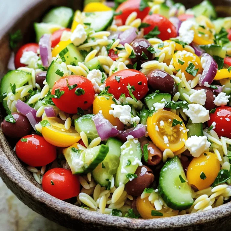 To make a Greek Orzo Salad with Feta, you will need these fresh ingredients: - 1 cup orzo pasta - 1 cup cherry tomatoes, halved - 1 cucumber, diced - 1/2 red onion, finely chopped - 1/2 cup Kalamata olives, pitted and sliced - 1/2 cup feta cheese, crumbled - 1/4 cup fresh parsley, chopped - 1/4 cup red wine vinegar - 1/4 cup olive oil - 1 tablespoon dried oregano - Salt and pepper, to taste Using fresh ingredients is key for this salad. Fresh tomatoes and cucumbers add crunch and bright flavors. Fresh parsley brings a vibrant taste and a burst of color. Feta cheese gives a creamy, salty bite. Freshness makes every bite exciting and enhances the overall flavor. When you pick the best ingredients, your salad shines. You can add more ingredients for different tastes. Try bell peppers for crunch and sweetness. Avocado can add creaminess. If you like heat, add some spicy peppers. For a twist, add grilled chicken or shrimp. These add-ins make the salad more filling and fun. Feel free to mix and match based on what you like. Enjoy creating your own version! Check the Full Recipe for more ideas. Start with a large pot of salted water. Bring it to a boil. Once boiling, add 1 cup of orzo pasta. Cook it according to the package instructions. You want it to be al dente, which means firm but not hard. This usually takes about 8 to 10 minutes. After cooking, drain the orzo. Rinse it under cold water to stop the cooking process. This also helps cool it down. In a large mixing bowl, combine the cooled orzo with your fresh veggies and feta. Add 1 cup of halved cherry tomatoes, 1 diced cucumber, 1/2 finely chopped red onion, and 1/2 cup of sliced Kalamata olives. Crumble 1/2 cup of feta cheese on top. Gently mix these ingredients together. The colors and textures should be vibrant and inviting. In a separate small bowl, whisk together the dressing. Combine 1/4 cup of red wine vinegar, 1/4 cup of olive oil, 1 tablespoon of dried oregano, and salt and pepper to taste. Mix until it’s well combined. Pour this dressing over the salad mixture. Gently toss everything together. Ensure all ingredients are coated with the dressing. - Additional Tips for Mixing: Be careful not to mash the feta while mixing. You want to keep those lovely chunks intact. After mixing, add 1/4 cup of chopped fresh parsley for a touch of green. Let the salad sit in the fridge for at least 15 minutes. This resting time helps the flavors blend. For the full recipe and more details, check out the [Full Recipe]. To cook orzo, start with a large pot of salted water. Bring it to a boil first. Add the orzo, then stir it. Cook for about 8 to 10 minutes. Check the package for exact times. Orzo should be al dente, meaning it is soft but still firm. After cooking, drain it in a colander. Rinse the orzo under cold water to stop the cooking. This keeps it from getting mushy in your salad. After making the Greek orzo salad, let it cool completely. Store it in an airtight container. It stays fresh in the fridge for up to three days. When serving, give it a gentle toss. This helps mix the flavors again. For a lovely touch, sprinkle extra feta on top before serving. You can also add fresh parsley for color and taste. You can easily change this recipe to fit different diets. For a gluten-free option, swap orzo for quinoa or rice. If you need a vegan version, use a plant-based feta or skip the cheese entirely. Adding chickpeas boosts protein and fiber. If you love a kick, toss in some red pepper flakes. Feel free to mix in seasonal veggies, like bell peppers or zucchini, to keep it fresh and exciting. {{image_2}} You can make your Greek Orzo Salad even better with Mediterranean touches. Try adding artichoke hearts for a tangy flavor. Sun-dried tomatoes add a sweet and rich taste. Roasted red peppers bring a nice smokiness. You can also include fresh basil for a fragrant twist. Each of these adds depth to your dish, making it more exciting. If you want a vegan option, use tofu or cashew cheese instead of feta. Tofu can be crumbled and mixed in for texture. Cashew cheese offers a creamy and nutty flavor. You can even make your own cashew cheese with soaked cashews, nutritional yeast, and lemon juice. This way, you keep the salad tasty while sticking to plant-based choices. Seasonal ingredients can change the vibe of your Greek Orzo Salad. In spring, add fresh peas or asparagus for a crunch. In summer, ripe peaches or nectarines add a sweet contrast. In fall, roasted butternut squash gives warmth and color. Winter calls for hearty greens like kale or spinach. Using what’s fresh keeps your dish lively and fun. For the full recipe, you can refer back to the main section. To keep your Greek Orzo Salad fresh, store it in an airtight container. This helps lock in the flavors and keeps the salad crisp. Make sure your refrigerator is set to a cool temperature, around 35-38°F (1.6-3.3°C). Avoid leaving the salad out at room temperature for more than two hours. This keeps your food safe and tasty. I recommend against freezing Greek Orzo Salad. The texture of the orzo and fresh veggies changes when frozen. The feta cheese may also become crumbly and watery. If you want to save some salad, try only freezing the dressing. Keep it in a small container. When you are ready, mix it with fresh ingredients later. When stored properly, Greek Orzo Salad can last about 3 to 5 days in the fridge. Make sure to check for any off smells or changes in texture before serving. If the salad looks or smells bad, throw it away. Enjoy your salad while it's fresh for the best taste! Yes, you can make Greek Orzo Salad ahead of time. This dish tastes even better after sitting for a while. Just prepare it and let it chill in the fridge for at least 15 minutes. The flavors will blend nicely. You can keep it in the fridge for up to three days. Just remember to stir it well before serving. Greek Orzo Salad pairs well with many dishes. You can serve it with grilled chicken, lamb, or fish. It also goes great with pita bread and hummus. If you want a light meal, enjoy it alone. For a larger feast, combine it with roasted vegetables or a warm soup. To feed more people, you can easily scale up the recipe. Just double or triple the amount of each ingredient. Keep the same ratios for the dressing too. This way, the taste will stay balanced. For a quick reference, here’s the Full Recipe: - 1 cup orzo pasta - 1 cup cherry tomatoes, halved - 1 cucumber, diced - 1/2 red onion, finely chopped - 1/2 cup Kalamata olives, pitted and sliced - 1/2 cup feta cheese, crumbled - 1/4 cup fresh parsley, chopped - 1/4 cup red wine vinegar - 1/4 cup olive oil - 1 tablespoon dried oregano - Salt and pepper, to taste Adjust the cooking time if you make a very large batch. Enjoy the fresh flavors! This blog post covered how to make a delicious Greek Orzo Salad. We discussed the importance of using fresh ingredients and optional add-ins for flavor. You learned step-by-step instructions on cooking the orzo, mixing in vegetables, and making a tasty dressing. In the tips section, you found ways to cook orzo perfectly and store your salad. The variations showed how to make it suit your diet and taste. Now, you can enjoy this salad any time, knowing it’s easy to prepare and personalize.