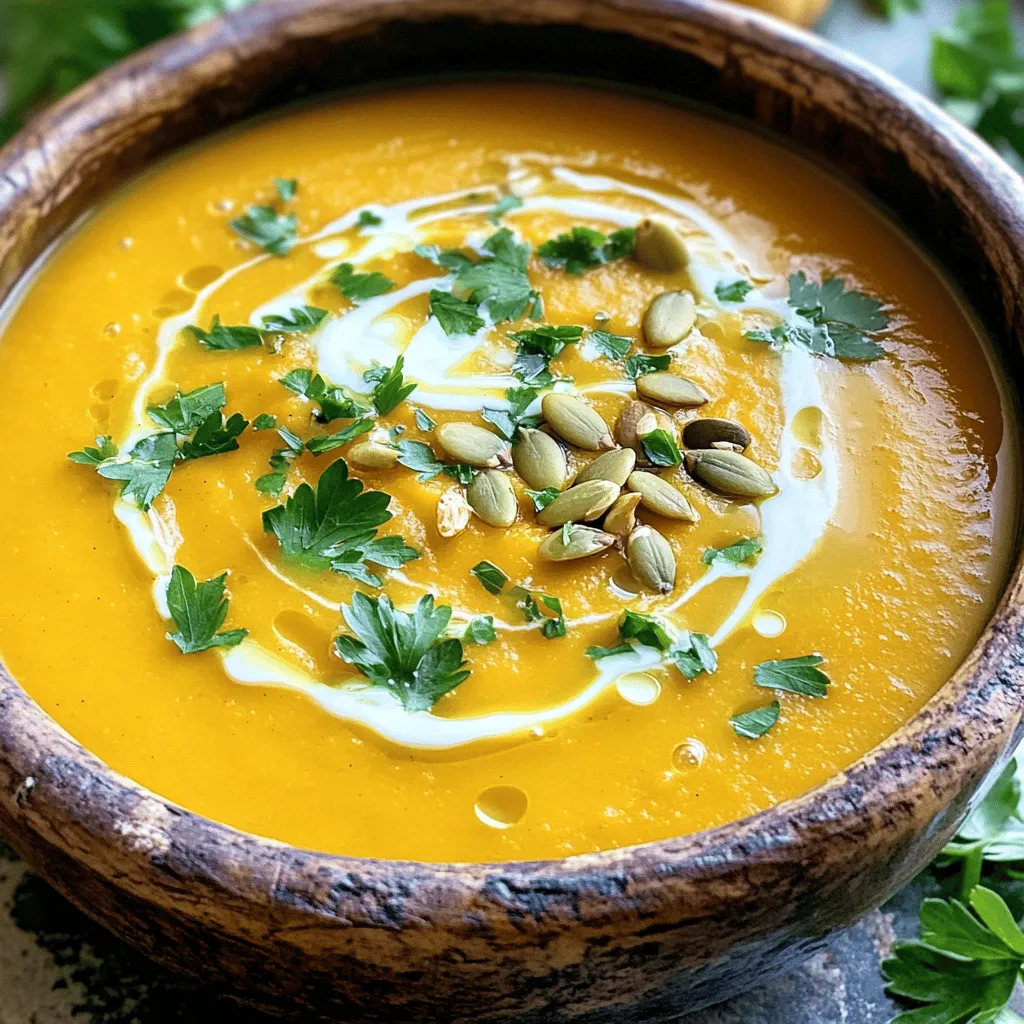 - 1 medium butternut squash, peeled and diced - 1 large onion, chopped - 2 cloves garlic, minced - 2 tablespoons olive oil - 4 cups vegetable broth - ½ cup coconut milk (for creaminess) - 1 teaspoon ground cumin - 1 teaspoon ground coriander - ½ teaspoon nutmeg - Salt and pepper to taste The main star of this soup is the butternut squash. It gives a sweet and nutty taste. You want to peel and dice it into small pieces. This helps it cook faster and blend well. Onions and garlic add a nice depth of flavor. Chop the onion into small pieces. Mince the garlic cloves finely for a strong aroma. Olive oil is key for roasting. It helps the squash and onion caramelize, which adds rich flavor. Vegetable broth is a great base. It makes the soup hearty and full of goodness. You can use homemade or store-bought broth. Coconut milk is optional but adds creaminess. It also gives a nice hint of sweetness. When it comes to spices, cumin and coriander bring warmth. They pair perfectly with butternut squash. Nutmeg adds a hint of sweetness. Adjust salt and pepper to your taste. For the full recipe, check the section earlier. This soup is easy to make and so rewarding! 1. Preheat your oven to 400°F (200°C). This heat will help caramelize the squash. 2. On a large baking sheet, spread the diced butternut squash and chopped onion. 3. Drizzle the vegetables with 2 tablespoons of olive oil. 4. Sprinkle with salt, pepper, cumin, coriander, and nutmeg. 5. Toss everything until well coated. 1. Roast in the oven for 25-30 minutes. The squash should be tender and caramelized. 2. Stir the veggies halfway through to ensure even cooking. 1. In a large pot, add the roasted squash, onions, and 2 minced garlic cloves. 2. Pour in 4 cups of vegetable broth and bring to a simmer over medium heat. 3. Let it simmer for about 10 minutes. 4. Blend the mixture until smooth. Use an immersion blender or a countertop blender. 5. If using, stir in ½ cup of coconut milk for extra creaminess. 6. Adjust seasoning with salt and pepper as needed. 7. Heat through, then remove from the heat. For the complete recipe, see the [Full Recipe]. How to Select the Right Butternut Squash When choosing butternut squash, look for ones that feel heavy for their size. The skin should be a deep tan color and free from soft spots. A firm squash means fresh flavor. Also, pick a squash with a long neck. The neck has more flesh and less seed. Ensuring Smooth Consistency with Blending Techniques To achieve a smooth soup, use an immersion blender. It is easier and less messy. If you use a regular blender, let the soup cool a bit first. Blend in small batches to avoid spills. Make sure to blend until it’s silky and lump-free for that perfect texture. Presentation Tips for an Elegant Bowl Serve the soup in a deep bowl for a cozy feel. Swirl in a bit of coconut milk for a nice look. You can also drizzle some olive oil on top. This adds shine and makes it appealing. A sprinkle of toasted pumpkin seeds adds a nice crunch and color. Garnish Ideas for Added Flavor and Texture Garnish with fresh herbs like parsley or cilantro for brightness. Chopped nuts or seeds can give it extra texture. A pinch of smoked paprika can add a nice touch of heat. These small additions can change the flavor and make your soup stand out. How to Properly Store Leftover Soup Let the soup cool completely before storing. Use airtight containers to keep it fresh. The soup will last in the fridge for about five days. You can also freeze it for up to three months. Just make sure to leave space in the container for expansion. Best Practices for Reheating When reheating, do it slowly over low heat. Stir often to prevent sticking. If the soup seems too thick, add a splash of broth or water. This will help return it to the right consistency. Always taste before serving to adjust seasoning as needed. For the best flavor, enjoy it warm! For a detailed guide on making this rich and flavorful soup, check out the Full Recipe. {{image_2}} To make a vegan version of roasted butternut squash soup, consider using different non-dairy creamers. Almond milk or cashew cream can add a nice touch. They keep the soup creamy without dairy. You can also enhance the flavor by adding extra vegetables. Carrots or sweet potatoes blend well with squash. You can roast them together for a richer taste. When making this soup gluten-free, ensure all your ingredients are safe. Most vegetables and spices are gluten-free, but check labels on store-bought broth. You can pair the soup with gluten-free bread or crackers. This adds texture and makes the meal more filling. Look for options made from rice or chickpeas for a tasty crunch. To create an extra creamy soup, I recommend blending for longer. The smoother your soup, the richer it feels. You can also add dairy alternatives for extra richness. Cream cheese or sour cream can work well. If you prefer non-dairy, try cashew cream for a nutty flavor. This can elevate the soup's taste, making it feel luxurious and satisfying. For the Full Recipe, check the detailed instructions to guide your cooking process. Each serving of roasted butternut squash soup has: - Calories: About 150 - Carbohydrates: 30 grams - Fiber: 5 grams - Protein: 3 grams These numbers can change based on added ingredients. For example, adding coconut milk boosts the calories and fat content. The soup is rich in vitamins A and C. It also provides potassium and magnesium. These nutrients help keep your body strong and healthy. - Butternut Squash: This main ingredient is full of vitamins and minerals. It supports eye health and boosts your immune system. - Onion: Onions have antioxidants. They help fight inflammation and improve heart health. - Garlic: Garlic has many health benefits. It can help lower blood pressure and support your immune system. - Coconut Milk: By adding coconut milk, you get healthy fats. These fats can improve heart health and aid digestion. Butternut squash is a superfood. It is low in calories but high in nutrients. Eating butternut squash can help maintain a healthy weight. Its high fiber content aids digestion. This squash also has antioxidants. Antioxidants protect your cells from damage. Eating butternut squash can also support heart health. The potassium in it helps regulate blood pressure. Plus, the vitamins in butternut squash help fight against chronic diseases. This recipe is generally safe for most diets. However, it is important to note potential allergens: - Coconut milk: Some people have nut allergies. Ensure to check for coconut allergy. - Spices: Rarely, people may be allergic to spices like cumin or coriander. If you have allergies or dietary needs, you can make swaps: - For coconut milk: Try almond milk or oat milk for a creamy texture. - For vegetable broth: Use homemade broth to avoid additives. These changes will keep the flavors while making the soup safe for your needs. For the full recipe, check the previous sections. How can I make this soup spicier? You can add heat by mixing in cayenne pepper or red pepper flakes. Start with a pinch, then taste. If you want more spice, you can add more. You can also use spicy curry powder for a different kick. Can I freeze roasted butternut squash soup? Yes, you can freeze this soup! Let it cool completely, then pour it into freezer-safe containers. It will last up to three months in the freezer. When you’re ready to eat, thaw it overnight in the fridge. How long does the soup last in the fridge? Roasted butternut squash soup stays fresh for about four to five days in the fridge. Store it in an airtight container for best results. Is it safe to reheat multiple times? It is best to reheat the soup only once. Each time you reheat, you risk losing flavor and texture. If you have leftovers, try to reheat only what you will eat. Can I add protein to this soup? Yes! You can add cooked chicken, turkey, or even beans for a boost of protein. If you want a vegan option, add lentils for texture and nutrition. What sides pair well with roasted butternut squash soup? This soup goes well with crusty bread or a fresh salad. Grilled cheese or a simple sandwich also makes a nice pairing. You can serve it with roasted veggies for a complete meal. Roasted butternut squash soup is simple and full of flavor. You learned about the key ingredients, spices, and techniques to make it great. There are tips for serving and storing to keep your soup fresh. You also saw variations for vegan and gluten-free diets, so everyone can enjoy it. This cozy soup warms up chilly days and adds nutrition to your meals. Now, gather your ingredients and start cooking! You won’t be disappointed with the comforting flavors.