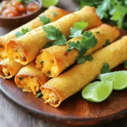 - 2 cups cooked chicken, shredded - 1 cup cream cheese, softened - 1 cup shredded cheddar cheese - 1/2 cup salsa - 12 small corn tortillas - 1 tsp garlic powder - 1 tsp cumin - Salt and pepper to taste - Fresh cilantro, chopped - Lime wedges When making baked chicken taquitos, fresh and quality ingredients make a big difference. Start with cooked chicken. I like to use rotisserie chicken for its flavor and ease. Shred it finely so it mixes well with other ingredients. Next, cream cheese adds a rich texture. Softened cream cheese blends smoothly with the chicken. I use cheddar cheese for its sharp taste. It melts perfectly when baked. Salsa adds moisture and flavor. You can choose mild or spicy, depending on your taste. The corn tortillas are essential. They hold the filling and crisp up nicely. Warm them briefly in the microwave. This makes them easier to roll without breaking. Now, let’s talk seasonings. Garlic powder and cumin bring warmth and depth. Add salt and pepper to enhance all the flavors. Fresh cilantro adds a bright touch. I like to sprinkle it on top before serving. Don’t forget lime wedges for a zesty kick! The full recipe includes all these ingredients and detailed steps. These taquitos are sure to please your family and friends! 1. Preheat your oven to 400°F (200°C). This will ensure even cooking. 2. Line a baking sheet with parchment paper for easy cleanup. 3. In a large bowl, mix together: - 2 cups cooked chicken, shredded - 1 cup cream cheese, softened - 1 cup shredded cheddar cheese - 1/2 cup salsa - 1 tsp garlic powder - 1 tsp cumin - Salt and pepper to taste Stir until everything combines well. 1. Warm the corn tortillas in the microwave for about 30 seconds. This makes them soft and easy to roll. 2. Take a tortilla and place about two tablespoons of the chicken mix in the center. 3. Roll the tortilla tightly and tuck in the sides. This helps keep the filling inside. 4. Repeat with the rest of the tortillas and filling until done. 1. Place the rolled taquitos seam-side down on your prepared baking sheet. 2. Lightly spray the tops with cooking spray. This gives them that nice crispy finish. 3. Bake in the oven for 20-25 minutes. They should be golden brown and crispy. 4. Flip them halfway through baking for even crispiness. Now you are ready to enjoy your crispy and flavorful baked chicken taquitos! For the complete recipe, check out the [Full Recipe]. To get a nice crispy texture, use cooking spray. It helps the taquitos brown evenly. Spray the tops just before baking. This small step makes a big difference. Flip the taquitos halfway through baking. This ensures that both sides become golden and crunchy. To avoid cracking your tortillas, heat them first. Warm them in the microwave for about 30 seconds. This makes them flexible and easy to roll. Using a tortilla warmer also helps keep them warm. It prevents the tortillas from drying out, making rolling easier. For serving, salsas and dips add flavor. Choose a fresh salsa or guacamole. They complement the taquitos well. A cool drink also pairs nicely. Try serving them with a light beer or a refreshing soda. These options enhance your taquito experience. {{image_2}} You can spice up your taquitos in fun ways. For a kick, add jalapeños to the chicken mix. Chop them finely and mix them in with the chicken, cheese, and spices. This will give your taquitos heat and flavor. If you're looking for a vegetarian option, try using black beans and corn instead of chicken. Mash the black beans and mix them with corn, cheese, and spices. This combination is hearty and satisfying, making it a great choice for everyone. To make these taquitos gluten-free, swap out the corn tortillas for gluten-free ones. Many stores offer good options that taste great. Just check the labels to ensure they fit your dietary needs. If you need a dairy-free option, try using a dairy-free cheese substitute. Brands like Daiya or Violife offer great flavors. These can work well in your taquitos without losing taste. Taquitos can shine as appetizers or main dishes. Serve them with salsa or guacamole for a fun snack at parties. They also work well as a main dish with a side salad or rice. For casual dinners, put a platter of taquitos on the table. Let everyone grab their own, making it a fun and easy meal. You can also set out various dips, like sour cream or salsa, to make it interactive. For the full recipe, check out the detailed instructions above! To keep your baked chicken taquitos fresh, store them in an airtight container. Make sure they cool down before sealing. This helps prevent sogginess. Baked taquitos last in the fridge for about 3 to 4 days. If you want them to taste great, reheat them in the oven for crispiness. You can freeze the taquitos before or after baking. If you freeze them before baking, wrap each taquito tightly in plastic wrap. Place them in a freezer bag to save space. If you bake them first, let them cool completely before freezing. To reheat frozen taquitos, preheat your oven to 375°F. Bake them for 15 to 20 minutes until they are hot and crispy. Enjoy them with salsa or guacamole! To make Baked Chicken Taquitos from scratch, follow these simple steps: 1. Preheat your oven to 400°F (200°C) and line a baking sheet with parchment paper. 2. Mix your filling in a bowl. Combine 2 cups of shredded chicken, 1 cup of softened cream cheese, 1 cup of shredded cheddar, 1/2 cup of salsa, 1 tsp of garlic powder, 1 tsp of cumin, and season with salt and pepper. 3. Warm the tortillas in the microwave for about 30 seconds. This makes them soft and easy to roll. 4. Fill the tortillas. Place about two tablespoons of the mixture in each tortilla's center. Roll tightly and tuck in the sides. 5. Place on the baking sheet seam-side down. Lightly spray the tops with cooking spray. 6. Bake for 20-25 minutes until golden brown and crispy. Flip them halfway for even cooking. 7. Cool slightly and serve with fresh cilantro and lime wedges. This is a quick and tasty way to enjoy taquitos at home. Yes, you can prepare taquitos in advance. Here are some tips: - Assemble the taquitos and place them on a baking sheet. Cover tightly with plastic wrap or foil. - Refrigerate for up to 24 hours before baking. Just remember to remove the wrap before baking. - You can also freeze the assembled taquitos. Place them in an airtight container or freezer bag. They can last up to three months. - To bake from frozen, preheat the oven and add a few extra minutes to the baking time. Meal prepping makes it easier to enjoy these tasty treats any day of the week. Taquitos pair well with various sides and dips. Here are some great options: - Salsa: Choose your favorite type, whether mild or spicy. - Guacamole: Creamy and rich, it complements the crispy taquitos. - Sour cream: A classic choice for dipping. - Black beans: Serve them on the side for added protein and fiber. - Rice: A simple side of Mexican rice works well too. - Salad: A fresh side salad can add crunch and balance. These suggestions will enhance your taquito experience and delight your guests! In summary, we covered how to make baked chicken taquitos. You learned about the main ingredients, like shredded chicken and cheese. The step-by-step instructions helped you prepare and assemble these tasty bites. We also shared tips for achieving a crispy texture and offered flavor variations. Storing your taquitos properly is key to enjoying them later. Overall, baked taquitos are fun, easy, and versatile. Experiment with different ingredients and enjoy them with friends or family. Happy cooking!